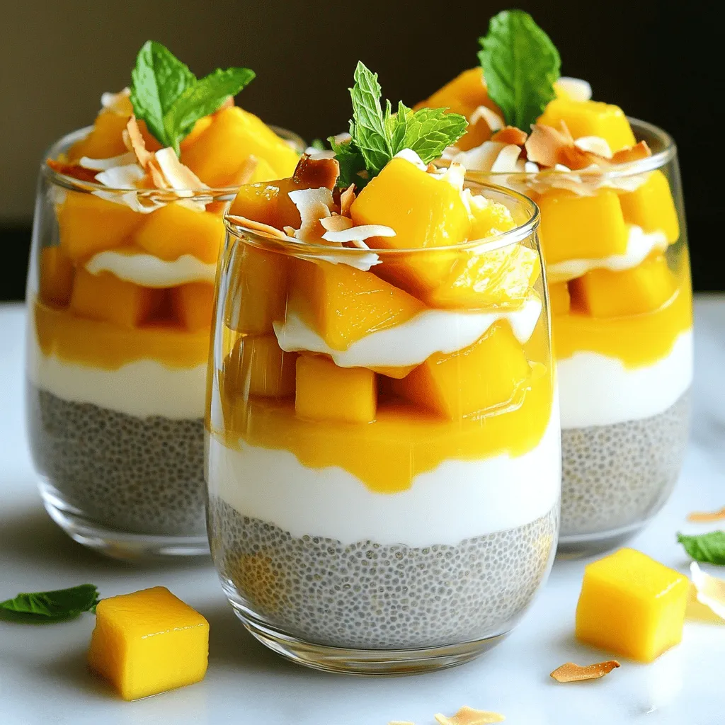 - 1 cup coconut milk - 1/2 cup chia seeds - 2 ripe mangoes - 2 tablespoons maple syrup or honey (optional) - 1 teaspoon vanilla extract - A pinch of salt - Toasted coconut flakes for garnish - Fresh mint leaves for garnish To make mango coconut chia pudding, you need a few simple ingredients. First, grab one cup of coconut milk. You can choose canned or carton. Next, get half a cup of chia seeds. These tiny seeds are key for that pudding texture. Then, you’ll need two ripe mangoes. Puree one and keep some cubes for topping later. For sweetness, you can add two tablespoons of maple syrup or honey, if you like. A teaspoon of vanilla extract adds flavor. Don’t forget a pinch of salt to enhance all the tastes. Lastly, prepare toasted coconut flakes and fresh mint leaves. These will make your pudding look nice and taste even better. Each of these ingredients plays a role in creating a creamy, tasty, and healthy dessert. The coconut milk gives richness, while chia seeds provide fiber. Mangoes bring sweetness and a tropical vibe. Together, they make a delightful treat that’s both fun to eat and good for you. Start by taking a medium bowl. Add 1 cup of coconut milk. Next, add 1/2 cup of chia seeds. Then, pour in 2 ripe mangoes, pureed. Make sure to save some mango for topping later. If you like it sweeter, add 2 tablespoons of maple syrup or honey. Add 1 teaspoon of vanilla extract and a pinch of salt. Use a whisk to mix everything well. This step helps break up any clumps of chia seeds. Your mixture should look smooth and creamy. Once mixed, cover the bowl with plastic wrap. You can also use an airtight container. Place it in the refrigerator. Let it chill for at least 4 hours, or overnight if you have time. The chia seeds will soak up the liquid and expand. This makes the pudding thick and creamy. When you’re ready to serve, gently stir the pudding. This helps mix the chia and mango evenly. Spoon the pudding into bowls or clear glasses. This way, you can show off the beautiful layers. Top it with reserved mango cubes, a sprinkle of toasted coconut flakes, and a few fresh mint leaves. This adds color and makes it look fancy. Enjoy your delicious Mango Coconut Chia Pudding! - Ensure proper whisking: Whisk until there are no clumps. This keeps the chia seeds evenly mixed. - Adjusting sweetness levels: Taste the mixture before chilling. Add more maple syrup or honey if desired. - Suggestions for flavor additions: You can add spices like cinnamon or nutmeg for warmth. Try mixing in a splash of orange juice for a bright twist. - Importance of quality ingredients: Use fresh mangoes and high-quality coconut milk. This ensures a rich and tasty pudding. - Meal prep tips: Make this pudding the night before serving. It thickens best when chilled overnight. - Storage guidelines: Store in an airtight container in the fridge. Enjoy it within 3-4 days for the best taste. {{image_2}} You can change this recipe easily. For a dairy-free option, use coconut milk. It gives a creamy texture. You can also try almond or oat milk. These options keep the pudding light and tasty. If you want to change the sweetness, use maple syrup or honey. You can also try agave nectar or stevia. Each sweetener gives a different flavor. Adjust the amount to fit your taste. To add more depth, you can mix in spices. A pinch of cinnamon can warm up the flavor. Nutmeg also works well if you like a cozy touch. Incorporating other fruits makes it fun. Berries, like strawberries or blueberries, add a fresh twist. You can even try bananas or kiwi for a tropical vibe. Just blend them in or layer them on top. Serving this pudding can be creative. You can layer it in clear glasses. This shows off the beautiful colors. Or, make a parfait by alternating layers of pudding and fruit. For toppings, you can use toasted coconut flakes and fresh mint leaves. You can also add nuts or seeds for crunch. Customize each bowl to fit what you like. Each serving can be a new treat! To keep your mango coconut chia pudding fresh, use an airtight container. This helps seal in the flavor and keeps moisture out. I recommend using glass containers for easy viewing. They also help keep the pudding cool and tasty. Always store it in the fridge. When stored properly, your chia pudding lasts about 5 days in the fridge. If you see any water on top or changes in color, it may be time to toss it. A sour smell or strange texture also means it’s spoiled. Chia pudding is best enjoyed cold, so no need to reheat it. If it seems too thick, add a splash of coconut milk or water. Stir it well to restore its creamy texture. You can use leftovers in smoothies or as a topping for yogurt. Mix it with fresh fruit for a tasty treat. Chia pudding is a creamy dish made from chia seeds. When you soak chia seeds in liquid, they swell and form a gel-like texture. Chia seeds are small but packed with nutrients. They are high in fiber, protein, and omega-3 fatty acids. This makes chia pudding a healthy choice. You can enjoy it for breakfast or as a snack. It is easy to flavor with fruits, nuts, or sweeteners. You can make it with coconut milk for a tropical twist. Yes, you can use frozen mangoes for this recipe. They are convenient and still taste great. The main difference between fresh and frozen mangoes is texture. Frozen mangoes may be softer after thawing. To prepare frozen mangoes, first, thaw them in the fridge or at room temperature. Once thawed, blend them until smooth. You can also chop some into cubes for topping. This way, you get the best of both worlds: smooth puree and chunky pieces. Yes, you can make chia pudding without coconut milk. You have many alternative milk options. Almond milk, soy milk, and oat milk all work well. Each type will add different flavors. If you switch milks, you may need to adjust the amount. Some milks are thinner than coconut milk. You might want to use a bit less liquid to keep the right thickness. Always whisk well to avoid clumps, and enjoy your creamy pudding! You learned how to make a tasty chia pudding with simple, healthy ingredients. We explored steps from mixing the chia to serving it with fun twists. You now know tips for storing and customizing your pudding. Remember, great meals are all about quality and freshness. Enjoy creating different flavors and variations. Feel free to experiment and find what you love. Chia pudding is versatile, fun, and a perfect addition to your meals!