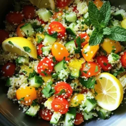 - 1 cup quinoa - 2 cups vegetable broth or water - 1 cup cherry tomatoes, halved - 1 cucumber, diced - 1 bell pepper (any color), diced - 1/4 red onion, finely chopped - 1/2 cup fresh parsley, chopped - 1/4 cup fresh mint, chopped - Juice of 2 lemons - 1/4 cup olive oil - Salt and pepper to taste - 1/4 cup feta cheese, crumbled (optional) Quinoa is the star of this dish. It has a nice nutty flavor and a great texture. When cooked, quinoa becomes fluffy and light. Using vegetable broth instead of water adds rich taste. Fresh veggies like cherry tomatoes, cucumber, and bell pepper bring colors and crunch. Red onion gives a mild bite. Herbs like parsley and mint add freshness. The lemon juice gives a zesty kick, while olive oil makes it smooth and rich. If you like, sprinkle feta cheese on top for creaminess. Quinoa is a super grain packed with protein and fiber. It helps keep you full and satisfied. Fresh vegetables and herbs add vitamins and minerals. They are low in calories but high in nutrients. Olive oil is a healthy fat that supports heart health. Lemon juice not only brightens the dish but also boosts vitamin C. Together, these ingredients make this salad a nutritious choice. It’s a perfect blend of health and flavor, great for any meal. Start by rinsing the quinoa under cold water. This step helps remove any bitterness. Use a fine mesh strainer for best results. Next, combine the rinsed quinoa and 2 cups of vegetable broth or water in a medium saucepan. Bring this mixture to a boil. Then, lower the heat, cover, and let it simmer for 15 minutes. The liquid will absorb, and the quinoa will become tender. After 15 minutes, remove the pot from heat and let it sit, covered, for 5 more minutes. This resting time allows the quinoa to finish cooking. Fluff the quinoa with a fork when done. Let it cool completely before mixing it with the other ingredients. For fluffy quinoa, make sure not to skip the rinsing step. Also, avoid stirring it too much while it cooks. A light fluff with a fork is all you need. While your quinoa cools, prepare the vegetables. In a large mixing bowl, add the halved cherry tomatoes, diced cucumber, diced bell pepper, and chopped red onion. Mix these veggies well to spread their flavors. Once the quinoa has cooled, add it to your bowl of vegetables. It is important to mix them gently to keep the veggies intact. Now, let’s make the dressing. In a small bowl, whisk together the juice of 2 lemons, 1/4 cup of olive oil, salt, and pepper. Pour this dressing over the quinoa salad. Toss gently to coat everything in the zesty flavor. Finally, fold in the chopped parsley and mint. These herbs add freshness and depth to the dish. For a special touch, sprinkle crumbled feta cheese on top before serving. Feta adds creaminess and a salty bite to the salad. You can also leave it out for a dairy-free option. Serve the salad in a large bowl for sharing or in individual servings. Garnish with a lemon wedge and a sprig of fresh mint. This makes the dish look even more inviting. Enjoy the vibrant colors and flavors of your Lemon Herb Quinoa Salad! To avoid overcooking quinoa, rinse it first. This step helps remove any bitter taste. Cook it in vegetable broth or water. Bring it to a boil, then lower the heat. Cover and simmer for 15 minutes. Let it sit for 5 minutes after cooking to make it fluffy. To enhance flavor, add fresh herbs like parsley and mint. Use lemon juice and olive oil for a bright taste. Salt and pepper also boost the salad's flavor. Mixing in feta cheese adds a nice creaminess. This salad pairs well with grilled chicken or fish. It’s great with pita bread or hummus too. For a colorful look, serve it in a large bowl. Garnish with a lemon wedge and fresh mint. This adds a pop of color and fresh scent. You can swap ingredients based on what you have. Try using different veggies like carrots or radishes. If you want more protein, add chickpeas or grilled chicken. This makes the salad more filling. You can also use quinoa's cousin, farro, for a twist. {{image_2}} You can change the taste of your Lemon Herb Quinoa Salad in fun ways. For a Mediterranean twist, add olives and artichokes. These ingredients give the salad a salty and savory kick. You can also toss in some crumbled feta for a creamy texture. If you like spice, try adding jalapeños or chili flakes. This will give your salad a nice heat. Just start with a small amount and adjust to your taste. You might be surprised by how much flavor it brings! Using fresh, seasonal veggies can make this salad more vibrant. In the summer, add bell peppers and zucchini for a colorful mix. In the fall, consider roasted butternut squash or sweet potatoes. These vegetables add warmth and richness to the dish. In winter, you might use hearty greens like kale or Brussels sprouts. They add crunch and texture. You can even use different herbs based on the season. Rosemary or sage can change the flavor profile beautifully. This salad is naturally gluten-free. Quinoa is a great grain for those avoiding gluten. You can enjoy it without worry. If you want a vegan version, simply skip the feta cheese. The salad is still packed with flavor from the herbs and lemon. You can replace the feta with avocado for creaminess. This keeps the dish light but satisfying. To keep your Lemon Herb Quinoa Salad fresh, place it in an airtight container. Glass or plastic containers with tight lids work best. Store the salad in the fridge right after serving. This will help keep all the flavors intact. Make sure to consume leftovers within three days for the best taste. If your quinoa salad becomes soggy, don’t worry. You can refresh it easily. Just spread it out on a baking tray and warm it in the oven at 350°F for about ten minutes. This will help dry it out. Quinoa dishes do not need much reheating. Just warm them gently to keep the flavors bright. In the fridge, the salad lasts about three days. After that, the veggies may lose their crunch. If you want to store it longer, consider freezing it. However, be aware that freezing changes the texture of the veggies. To freeze, place the salad in a freezer-safe bag, removing as much air as possible. It can last up to one month in the freezer. To make quinoa fluffier, rinse it well. This removes bitterness and helps it cook better. Use the right water ratio; two cups of water for one cup of quinoa works well. Cook it gently and let it sit after cooking. Fluff it with a fork once it cools down. This simple method gives you light and airy quinoa. Yes, you can prepare this salad ahead of time. Make the quinoa and let it cool. Chop your veggies and mix them in. Add the dressing just before serving. This keeps the salad fresh and crunchy. You can store it in the fridge for up to three days. Just remember to mix it well before serving. If you want to swap quinoa, try brown rice or farro. Both are tasty and healthy. You can also use couscous for a quick option. Each grain brings its own flavor and texture. Just adjust the cooking time based on what you choose. Yes, this salad is gluten-free. Quinoa is a seed, not a grain, so it does not contain gluten. This is great for those who have gluten allergies or sensitivities. You can enjoy this salad without any worry. To make this salad vegan, skip the feta cheese. You can add avocado for creaminess instead. Also, check your olive oil to ensure it's vegan-friendly. This keeps the dish light and plant-based while still being delicious. Yes, adding protein is easy! You can mix in grilled chicken for a hearty dish. If you prefer plant-based options, try chickpeas or black beans. Tofu is also a great choice. These options make the salad filling and satisfying. The lemon dressing is perfect, but you can try others too. A balsamic vinaigrette adds a sweet touch. A tahini dressing gives it a nutty flavor. Experiment with what you like best. Each dressing can change the salad's taste in fun ways. This blog post covered how to make a vibrant Lemon Herb Quinoa Salad. We discussed the main ingredients, their nutritional benefits, and step-by-step cooking instructions. I shared tips for enhancing flavor and serving ideas. The variations allow for creativity, and knowing the best ways to store leftovers can help you enjoy this dish longer. Remember, this salad is not just healthy; it’s also customizable for any taste. With these tools, you can create a delicious salad that suits your needs and impresses anyone at your table.