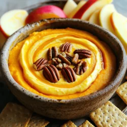 To make pumpkin spice cheesecake dip, gather these items: - 8 oz cream cheese, softened - 1 cup pumpkin puree (not pumpkin pie filling) - 1/2 cup powdered sugar - 1/4 cup brown sugar - 1 tsp vanilla extract - 1 tsp pumpkin spice mix (or a blend of cinnamon, nutmeg, and ginger) - 1/2 cup whipped cream (or cool whip) - 1/4 cup chopped pecans (for topping, optional) - Graham crackers, apple slices, or pretzels (for serving) You can make this dip even more fun with toppings and dippers. Try these: - Chopped pecans add crunch and flavor. - Drizzle caramel sauce for extra sweetness. - Use chocolate chips for a sweet twist. - Serve with graham crackers for a classic pairing. - Apple slices bring a fresh and crisp taste. - Pretzels give a salty twist to balance the sweet. If you need to swap some ingredients, here are a few ideas: - Use Greek yogurt instead of cream cheese for a lighter dip. - Maple syrup can replace brown sugar for a rich flavor. - Coconut whipped cream works well for a dairy-free option. - Any nut butter can replace chopped pecans for added flavor. - Use any other fruit slices, like bananas or pears, for dipping. This dip is flexible, so feel free to get creative with your choices! Start by gathering your ingredients. You need 8 oz of softened cream cheese, 1 cup of pumpkin puree, and 1/2 cup of powdered sugar. Also, grab 1/4 cup of brown sugar, 1 tsp of vanilla extract, and 1 tsp of pumpkin spice mix. Soften your cream cheese in a bowl. This step helps it mix well. Now, use an electric mixer. Beat the cream cheese until it is smooth and creamy. Next, add the pumpkin puree, powdered sugar, brown sugar, vanilla extract, and pumpkin spice mix. Mix everything together until there are no lumps. This creates a thick, flavorful base. Then, gently fold in 1/2 cup of whipped cream. This makes the dip light and fluffy. Transfer the dip to a nice serving dish. Use a spatula to smooth the top. If you like, you can sprinkle 1/4 cup of chopped pecans on top. This adds a nice crunch. Serve the dip right away with graham crackers, apple slices, or pretzels. You can also chill the dip for an hour before serving. This helps the flavors mix and taste even better. Enjoy this creamy treat! To get a smooth and creamy dip, use softened cream cheese. Cold cream cheese will not mix well. Beat it first until it’s fluffy. This helps blend in the pumpkin puree easily. Mix all other ingredients until you have no lumps. Then, fold in the whipped cream. This keeps your dip light and airy. Want to amp up the flavor? Try adding a pinch of salt. It brings out the sweetness. You can also mix in more spices. A dash of nutmeg or ginger adds depth. For extra sweetness, consider adding a bit more powdered sugar. You can also switch the vanilla extract for maple syrup for a fun twist. Serve the dip in a fun bowl. A pumpkin-shaped bowl is perfect for fall! Top it with chopped pecans for a crunchy finish. Arrange your dippers around the bowl. Use colorful apple slices, graham crackers, or pretzels. This makes your dessert look inviting and festive. {{image_2}} You can make this dip even more fun! Try adding a few extras to change the flavor. Here are some ideas: - Maple syrup: Swap some brown sugar for maple syrup for a sweet touch. - Chocolate: Mix in mini chocolate chips for a rich, sweet surprise. - Caramel: Drizzle caramel sauce on top for a tasty twist. These small changes keep the dip fresh and exciting. Each variant adds a new layer of flavor. If you want a break from pumpkin, try different flavors. Here are some yummy options: - Apple Cinnamon: Use apple puree and cinnamon for a fall treat. - Chocolate Peanut Butter: Blend in cocoa powder and peanut butter for a sweet snack. - Vanilla Bean: Use vanilla yogurt instead of cream cheese for a light, creamy dip. These flavors work well with the same base. You can easily switch things up based on what you like. Want a lighter dip? You can make smart swaps. Here are some health tips: - Low-fat cream cheese: Use low-fat cream cheese for fewer calories. - Stevia or monk fruit: Replace sugar with these natural sweeteners to cut sugar. - Greek yogurt: Swap cream cheese with Greek yogurt for more protein. These changes help you enjoy the dip while staying mindful of your health. You can indulge without the guilt! To keep your Pumpkin Spice Cheesecake Dip fresh, store it in an airtight container. Place it in the fridge right after serving. This dip can last up to five days in the fridge. Always use a clean spoon to scoop out the dip. This helps avoid adding bacteria. You can freeze this dip, but it may change the texture. If you plan to freeze it, use a freezer-safe container. Leave some space at the top for expansion. This dip can stay in the freezer for about two months. When you’re ready to eat it, thaw it in the fridge overnight. You don’t need to heat this dip. It is best served cold or at room temperature. If you prefer it warm, heat it gently in the microwave. Use short bursts of time, about 15 seconds, and stir in between. This keeps the dip smooth and creamy. Yes, you can make this dip ahead of time. Just prepare it and store it in the fridge. I often make it the night before a party. It allows the flavors to blend well. Just cover it tightly with plastic wrap or a lid. This dip lasts about 3 to 5 days in the fridge. Make sure to keep it sealed. If you notice any change in smell or texture, it's best to toss it. Always check for freshness before serving. You can serve this dip with a variety of dippers. Here are some great options: - Graham crackers - Apple slices - Pretzels These dippers add a nice crunch and sweetness. You can also try cookies or even vanilla wafers. You can find the full recipe for Pumpkin Spice Cheesecake Dip in this article. Here’s a quick recap of the ingredients: - 8 oz cream cheese, softened - 1 cup pumpkin puree - 1/2 cup powdered sugar - 1/4 cup brown sugar - 1 tsp vanilla extract - 1 tsp pumpkin spice mix - 1/2 cup whipped cream - 1/4 cup chopped pecans (optional) - Dippers: graham crackers, apple slices, or pretzels You learned about the key ingredients and optional toppings for Pumpkin Spice Cheesecake Dip. I shared step-by-step instructions to help you create this treat. Remember to use the tips and tricks for the best texture and flavor. You can try variations to suit any season or dietary need. Lastly, I provided storage info to keep your dip fresh. Enjoy making and sharing this delicious dip with others!