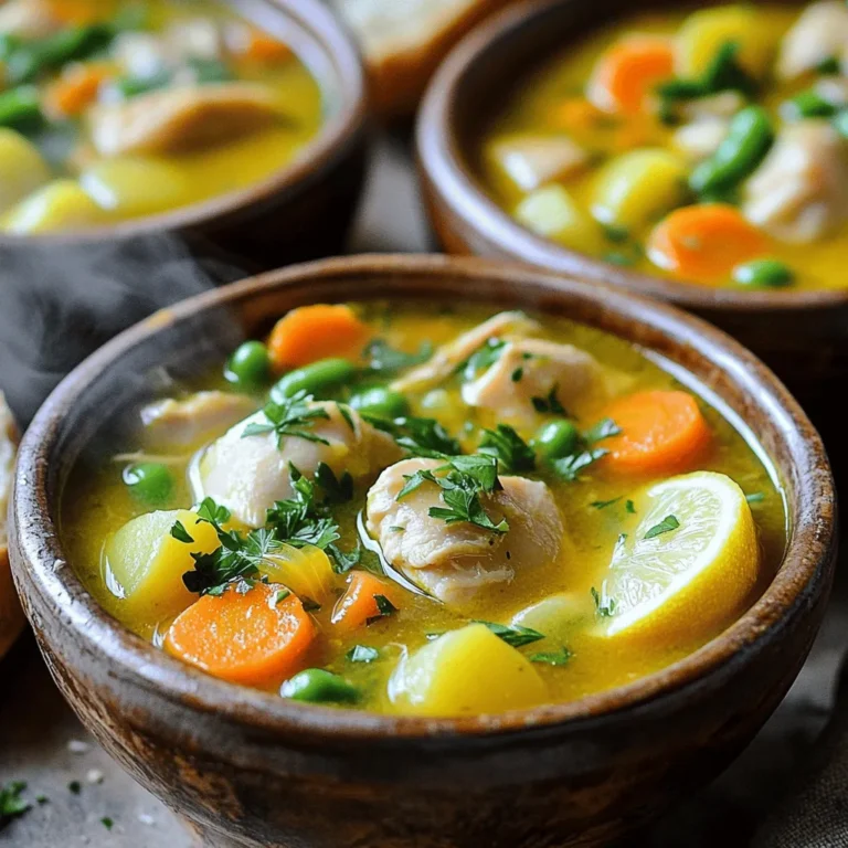 - 4 boneless, skinless chicken thighs, diced - 3 medium carrots, sliced - 2 celery stalks, chopped - 1 large onion, diced - 3 cloves garlic, minced - 1 cup green beans, trimmed and cut into 1-inch pieces - 3 medium potatoes, diced - 4 cups low-sodium chicken broth - 1 lemon, zested and juiced - 1 teaspoon dried thyme - 1 teaspoon dried oregano - 1 bay leaf - 2 tablespoons olive oil - Salt and pepper to taste - Fresh parsley for garnish The star of this dish is the chicken. I love using boneless, skinless thighs. They stay moist and tender during cooking. Carrots and celery add sweetness and crunch. Onions and garlic bring a savory depth. Green beans and potatoes round out the stew with hearty texture. The broth is key. Use low-sodium chicken broth for flavor without too much salt. Adding lemon zest and juice brightens the dish. Thyme and oregano give it that warm, earthy taste. Don't forget the bay leaf; it adds a nice touch. - Fresh herbs - Bread pairing suggestions Garnishing with fresh parsley adds color. It also brings a fresh taste to every bite. I like to serve this stew with crusty bread. It’s perfect for dipping into the warm, tasty broth. You can also try adding some fresh herbs, like basil or cilantro, for a unique twist. Start by heating 2 tablespoons of olive oil in a skillet over medium heat. Once hot, add the diced chicken thighs. Season them with salt and pepper. Sauté the chicken for about 4 to 5 minutes until it turns lightly browned. This step adds great flavor. Transfer the chicken to your slow cooker. In the same skillet, toss in the diced onion, sliced carrots, and chopped celery. Sauté these veggies for 3 to 4 minutes until they soften a bit. This helps bring out their natural sweetness. Next, add the minced garlic and cook for one more minute until it smells great. Then, transfer the veggies to the slow cooker with the chicken. Now, it’s time to layer all your ingredients in the slow cooker. Add the diced potatoes and green beans. Pour in the low-sodium chicken broth. Zest and juice the lemon, then add both to the pot. Sprinkle in the dried thyme, oregano, and toss in a bay leaf. Stir everything well to mix the flavors. You can also adjust the seasoning here based on your taste. Cover the slow cooker and choose your cooking setting. If you go for low, set it for 6 to 7 hours. If you prefer high, set it for 3 to 4 hours. The chicken is done when it is fully cooked and the vegetables are tender. A good sign is when the chicken shreds easily with a fork. Using fresh herbs makes a big difference. I love to add fresh parsley right before serving. It gives the stew a bright taste. You can also try fresh thyme or oregano if you want. Lemon zest is key for this stew. It adds a punch of flavor. Zest the lemon before juicing it. This way, you get all the oils from the skin. It makes your dish taste fresh and lively. One common mistake is overcooking the chicken. If you cook it too long, it gets dry. Check the chicken after a few hours. It should be tender but not falling apart. Another mistake is skipping the sautéing steps. Sautéing the chicken and veggies first adds depth. It brings out the flavors in each ingredient. Don't rush this step; it makes your stew richer. For the best results, use a good slow cooker. Look for one with a removable pot. This makes cleaning easy. A model with a locking lid is also handy for travel. You'll need basic utensils like a cutting board and a sharp knife. A sturdy spoon for stirring is a must. Don't forget measuring spoons for your herbs and spices. These tools make cooking smooth and fun. {{image_2}} You can switch up the chicken in this stew. Try turkey or even tofu for a plant-based option. Each choice gives a unique twist to the dish. For vegetables, you have many options. You can add sweet potatoes for a sweeter taste. Zucchini or bell peppers can add color and flavor. Just make sure to cut them into small pieces for even cooking. To make this stew gluten-free, use gluten-free broth. Most chicken broths are safe, but check the label. You can also skip the bay leaf if you are unsure of its source. If you follow a paleo or keto diet, skip the potatoes. Instead, try cauliflower florets for a low-carb substitute. This keeps the stew hearty without the carbs. You can also add extra greens, like spinach, for more nutrients. After enjoying your stew, store leftovers safely. First, let the stew cool down. This step helps keep it fresh. Use an airtight container for best results. Place the container in the fridge. Consume the stew within three to four days. For longer storage, consider freezing it. If you freeze the stew, use freezer-safe containers. Leave some space at the top. This space allows the stew to expand as it freezes. You can keep it in the freezer for up to three months. Remember to label the containers with the date. This way, you know when to use them. When it’s time to enjoy leftovers, reheating properly is key. The safest method is to use the stove. Pour the stew into a pot and heat it over low to medium heat. Stir often to avoid burning. Heat until it reaches a safe temperature of 165°F. If you prefer the microwave, use a microwave-safe bowl. Cover it with a microwave-safe lid or wrap. Heat in short bursts, stirring in between. This method helps heat evenly. To prevent sogginess, avoid adding extra liquid when reheating. If the stew looks thick, try adding a splash of broth or water. This keeps it from becoming too dry while still maintaining a good texture. To make this stew dairy-free, simply skip any milk or cream. This recipe does not use dairy. The rich flavors come from fresh herbs and lemon. You can enjoy it as is! Yes, you can prepare this stew in advance. Chop the veggies and chicken a day before. Store them in the fridge. You can also cook the stew and keep it in the fridge. Just reheat it before serving. To spice up your stew, add red pepper flakes or diced jalapeños. You can also try a dash of hot sauce. Start with a little and taste as you go. This way, you control the heat. This stew goes well with crusty bread or rice. A fresh green salad can also add a nice crunch. You can serve it with roasted vegetables for extra flavor. Enjoy! In this post, I covered how to make a tasty lemon herb chicken stew. We talked about the main ingredients like chicken, vegetables, and broth. I provided steps for cooking and tips to enhance flavor. Remember to avoid common mistakes and consider variations for your needs. With these tips, you'll make an amazing dish. Enjoy your cooking journey!