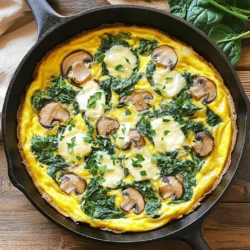 - 6 large eggs - 1 cup fresh spinach, chopped - 1 cup mushrooms, sliced (button or cremini) - 1 cup shredded Swiss cheese - 1 small onion, finely chopped - 2 cloves garlic, minced - 2 tablespoons olive oil - Salt and pepper to taste - Optional: Fresh herbs (such as thyme or parsley) for garnish The main ingredients for this frittata are simple yet flavorful. Eggs form the base and give the frittata its structure. Fresh spinach adds color and nutrition. Mushrooms bring a lovely earthiness. Swiss cheese adds creaminess and a hint of nutty flavor. Onions and garlic are key for building a strong flavor base. I love how they caramelize and add sweetness to the dish. Olive oil helps to sauté these veggies and makes everything come together smoothly. You can make this dish your own! If you want a different cheese, try feta or cheddar. For a vegan option, replace the eggs with a mixture of chickpea flour and water. You can add other veggies too. Bell peppers, zucchini, or tomatoes work well. Just make sure to adjust the cooking time based on what you use. 1. Preheating the oven: First, you need to preheat your oven to 375°F (190°C). This step is key because it ensures your frittata cooks evenly. 2. Sautéing the vegetables: In a large oven-safe skillet, heat 2 tablespoons of olive oil over medium heat. Add 1 finely chopped onion. Sauté for about 3-4 minutes until it looks soft and clear. Next, toss in 1 cup of sliced mushrooms. Cook them for 5-6 minutes until they're brown and tender. Then, add 2 minced garlic cloves and 1 cup of chopped spinach. Cook for 1-2 minutes, until the spinach wilts. Season with salt and pepper to taste. 3. Pouring in the egg mixture: In a bowl, whisk together 6 large eggs until they are well beaten. Pour this egg mixture over the sautéed vegetables in the skillet. Gently stir to mix everything well. 4. Baking time and temperature: Now, sprinkle 1 cup of shredded Swiss cheese evenly on top. Transfer the skillet to your preheated oven. Bake for 20-25 minutes. You’ll know it’s ready when the frittata sets and the top turns a light golden color. 5. Cooling and serving suggestions: Once done, remove the frittata from the oven. Let it cool for a few minutes. You can serve it right from the skillet or slide it onto a cutting board. 6. Presentation ideas: For a lovely touch, garnish with fresh herbs like thyme or parsley. Slice the frittata into wedges and serve warm. This dish looks great on any table! To make fluffy eggs, whisk the eggs well. This adds air and makes them light. Use fresh ingredients for the best flavor. Be careful not to overcook the eggs; they should be soft and tender. Common mistakes include not preheating the skillet. A hot skillet helps to cook the eggs evenly. Also, avoid overcooking the vegetables. They should be tender but still bright in color. For frittatas, I love using a cast-iron skillet. It holds heat well and cooks evenly. A non-stick skillet also works great for easy serving. A good whisk is key for beating the eggs. A spatula helps to stir and serve the frittata. Oven mitts are a must for handling hot skillets safely. Garnish with fresh herbs like thyme or parsley. This adds color and flavor to your dish. You can also sprinkle some extra cheese on top for a nice touch. For special occasions, serve the frittata in wedges on a platter. Pair with a light salad or fresh fruit for a balanced meal. {{image_2}} You can easily change this frittata to fit your taste. Adding crispy bacon gives it a nice crunch. You can also toss in bell peppers for a sweet kick. If you want to use seasonal veggies, try zucchini, asparagus, or tomatoes. These bright colors make your meal even better. To spice things up, consider adding red pepper flakes or smoked paprika. These spices can bring a new depth to your dish. You can also swap the Swiss cheese for feta or goat cheese. Each cheese offers a unique flavor that can change the whole dish. If you need a gluten-free meal, this frittata is naturally free of gluten. Just make sure your cheese and other products are also gluten-free. For those on a low-carb or keto diet, you can reduce the number of eggs or skip the cheese. Adding more veggies can keep it filling while cutting carbs. After you enjoy your frittata, store leftovers in the fridge. Use an airtight container to keep it fresh. The frittata lasts up to three days in the fridge. I recommend letting it cool down before sealing it. This helps avoid extra moisture build-up. If you want to keep it longer, freezing is a great option. Cut the frittata into portions. Wrap each slice tightly in plastic wrap. Then, place the wrapped slices in a freezer bag. This method prevents freezer burn. The frittata can last up to three months in the freezer. For reheating, take out a slice and let it thaw in the fridge overnight. You can reheat it in the oven or microwave. If using the oven, heat it to 350°F (175°C) and warm for about 10-15 minutes. In the microwave, heat for about 1-2 minutes. Enjoy your frittata warm! Can I use frozen spinach instead of fresh? Yes, you can use frozen spinach. Just thaw it and squeeze out extra water. This keeps your frittata from getting soggy. How can I make this frittata dairy-free? To make it dairy-free, skip the Swiss cheese. Use a dairy-free cheese or add nutritional yeast for a cheesy flavor. How do you know when a frittata is done? The frittata is done when the eggs are set and the top is golden. You can also insert a knife. If it comes out clean, it’s ready! Can I make this frittata ahead of time? Yes, you can make it ahead. Just store it in the fridge for up to three days. Reheat it in the oven or microwave before serving. What are the calorie counts per serving? Each serving has about 200 calories. This can vary based on added ingredients. Check nutrition labels for more accuracy. Are there any health benefits to the ingredients used? Yes! Spinach is rich in iron and vitamins. Mushrooms add fiber and antioxidants. Eggs provide protein, making this dish healthy and filling. This blog covered how to make a delicious spinach mushroom Swiss frittata. We explored key ingredients, important steps, and helpful tips. You learned about variations and storage techniques, too. Whether you enjoy eggs or need a vegan option, this dish fits many dietary needs. Experiment with flavors and ingredients to make it your own. Frittatas are simple, tasty, and perfect for any meal. Enjoy your cooking and savor every bite!
