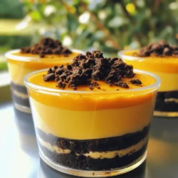 - 12 Oreo cookies, crushed - 4 tablespoons unsalted butter, melted - 8 oz cream cheese, softened - 1 cup pumpkin puree - 1/2 cup powdered sugar - 1 teaspoon vanilla extract - 1 teaspoon pumpkin pie spice - 1 cup whipped cream (store-bought or homemade) - Additional crushed Oreos for topping For this No Bake Oreo Pumpkin Cheesecake Cups recipe, I use simple ingredients. First, I crush 12 Oreo cookies to create a delicious base. The crushed cookies mix with melted butter to form a crust. This crust gives the cups a rich chocolate flavor. Next, I use 8 ounces of softened cream cheese. This makes the filling creamy and smooth. I add 1 cup of pumpkin puree for that warm, autumn taste. To sweeten it, I mix in 1/2 cup of powdered sugar. Adding 1 teaspoon of vanilla extract brightens the flavor. I also use 1 teaspoon of pumpkin pie spice. This spice mix brings warmth and depth to the cheesecake. I finish the filling with 1 cup of whipped cream. This makes the mixture light and fluffy. For decoration, I sprinkle additional crushed Oreos on top. This adds a crunchy texture and a fun look to the cups. With these ingredients, you can make a treat that everyone will love. The mix of Oreo, pumpkin, and cream cheese creates a delightful dessert perfect for any occasion. Get ready to wow your family and friends! To start, crush 12 Oreo cookies into fine crumbs. You can use a food processor or place them in a bag and crush them with a rolling pin. Next, melt 4 tablespoons of unsalted butter. Combine the crushed Oreos and melted butter in a bowl. Mix until every crumb is coated in butter. This mixture will form a tasty crust. Take your serving cups and divide the Oreo mix evenly. Press the crumbs down firmly in each cup. This will create a solid base for your cheesecake. In a large bowl, add 8 oz of softened cream cheese. Beat it until it is smooth and creamy. This step is key for a great texture. Next, add 1 cup of pumpkin puree, 1/2 cup of powdered sugar, 1 teaspoon of vanilla extract, and 1 teaspoon of pumpkin pie spice. Mix everything until it is well combined and smooth. Gently fold in 1 cup of whipped cream. This makes the filling light and airy. Make sure there are no white streaks left. Your filling should look creamy and delicious! Spoon the pumpkin cheesecake filling over the Oreo crust in each cup. Fill them about three-quarters full. This allows room for toppings later. Once filled, place the cups in the refrigerator. Let them chill for at least 2-4 hours. This helps the cheesecake set properly. Before serving, sprinkle additional crushed Oreos on top for garnish. This adds a nice crunch. Enjoy your No Bake Oreo Pumpkin Cheesecake Cups! To get a smooth and creamy cheesecake, start with soft cream cheese. Microwave it for 10-15 seconds if needed. Mix it well before adding other ingredients. This helps avoid lumps. When you add the pumpkin puree and sugar, mix until it’s all smooth. Finally, fold in the whipped cream gently. This keeps the filling light and fluffy. Use clear cups for a fun look. This lets you see the layers, which is part of the charm. When pressing the Oreo crust into the cups, use a small glass or your fingers to pack it down firmly. This keeps the crust from crumbling when you serve it. For the filling, use a piping bag for a neat look. Just fill it with the cheesecake mixture and pipe it in. Add a dollop of whipped cream on top of each cup for a creamy touch. You can also sprinkle more crushed Oreos on top for crunch. A light dusting of pumpkin pie spice adds a warm flavor. For a fun twist, add chocolate shavings or a drizzle of caramel. These little touches make your dessert even more special. {{image_2}} You can change up the flavors in your No Bake Oreo Pumpkin Cheesecake Cups. Here are some tasty ideas: - Chocolate Mint: Swap out the Oreo cookies for mint chocolate cookies. The mint flavor adds a fresh twist. - Peanut Butter: Add a layer of peanut butter to the cream cheese mixture. This gives a rich, nutty taste. - Spiced Apple: Mix in some apple pie spice instead of pumpkin pie spice. It’s a fun fall flavor. - Maple Pecan: Use maple extract in your filling. Top it with crushed pecans for a crunchy bite. You can make these cups fit your diet easily. Here’s how: - Gluten-Free: Use gluten-free Oreo cookies or any gluten-free cookies for the crust. This keeps the dessert safe for those with gluten issues. - Dairy-Free: Replace cream cheese with a dairy-free cream cheese. Use coconut whipped cream instead of regular whipped cream. - Sugar-Free: Choose sugar-free cookies and use a sugar substitute in the filling. This makes it a better option for those watching their sugar intake. These cheesecake cups are great for many events. Here are some ideas for when to serve them: - Halloween Parties: They look festive with their orange color and crushed Oreo topping. Kids and adults will love them! - Thanksgiving: Offer these as a sweet treat after the big meal. They are easy to serve and fun to eat. - Summer Gatherings: Chill them well, and serve as a cool dessert. They are light and refreshing on warm days. - Date Night: Make a special dinner at home and finish with these cups. They add a nice touch to a romantic meal. To keep your No Bake Oreo Pumpkin Cheesecake Cups fresh, cover them tightly. Use plastic wrap or store them in an airtight container. This helps prevent them from drying out or picking up other flavors from your fridge. These cheesecake cups last for about 3 to 5 days in the refrigerator. After that, the texture may change, and they might not taste as good. Always check for any signs of spoilage before eating. You can freeze these cups for longer storage. Just make sure to wrap them well in plastic wrap and then in aluminum foil. This prevents freezer burn. They can last about 1 to 2 months in the freezer. When you're ready to eat, thaw them in the fridge overnight. Enjoy your treats without losing flavor! Yes, you can use other cookies. Graham crackers work well for a classic taste. You can also try chocolate cookies for a richer flavor. Just crush them and mix with melted butter. Press them firmly in your cups like you would with Oreos. This gives you a tasty base for your cheesecake. The cheesecake cups need to chill for at least 2-4 hours. This helps them set properly and enhances the flavors. If you can wait longer, let them chill overnight. This gives the layers time to blend, making each bite even better. Just keep them covered in the fridge until you're ready to serve. If you don’t have pumpkin puree, you can use sweet potato puree. It has a similar texture and flavor. Applesauce is another option, but it will change the taste. If you want a lighter flavor, try a mix of yogurt and pumpkin spice. This can give you a fun twist on your cheesecake cups. In this blog post, we explored a tasty pumpkin cheesecake recipe with an Oreo crust. We covered key ingredients, easy steps for making it, and tips for perfect texture. We also discussed fun flavor variations, storage tips, and common questions. Making this dessert is simple and enjoyable, perfect for any occasion. With these guides, you can impress anyone with your cheesecake cups. Dive in and share your delicious creations!