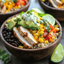 - Chicken: Boneless, skinless chicken breasts - Seasonings: Olive oil, smoked paprika, ground cumin, garlic powder, onion powder, chili powder, salt, pepper - Bowl Components: Cooked brown rice, black beans, corn, red bell pepper, avocado, diced tomatoes, shredded cheese, fresh cilantro, lime wedges To make tasty Southwest Chicken Burrito Bowls, you'll need a few key ingredients. Start with 1 pound of boneless, skinless chicken breasts. This will be your main protein. For flavor, gather seasonings like: - 1 tablespoon olive oil - 1 teaspoon smoked paprika - 1 teaspoon ground cumin - 1 teaspoon garlic powder - 1 teaspoon onion powder - 1/2 teaspoon chili powder - Salt and pepper to taste These seasonings will make your chicken burst with flavor. Next, you need the bowl components. Cook 1 cup of brown rice. You can use a rice cooker or boil it on the stove. Then, grab: - 1 can (15 oz) black beans, drained and rinsed - 1 cup corn kernels, fresh or frozen - 1 red bell pepper, diced - 1 avocado, diced - 1 cup diced tomatoes - 1/2 cup shredded cheese, like cheddar or pepper jack - Fresh cilantro, chopped - Lime wedges for serving These ingredients will create a colorful and healthy bowl. They will add texture and taste to your dish. Prepare each component as you go, and you'll have a delightful meal ready in no time! To start, grab a bowl. Combine 1 tablespoon of olive oil with spices: 1 teaspoon smoked paprika, 1 teaspoon ground cumin, 1 teaspoon garlic powder, 1 teaspoon onion powder, and 1/2 teaspoon chili powder. Sprinkle in salt and pepper to taste. Next, toss the chicken in this mix. Make sure it is well-coated. Let the chicken marinate for at least 20 minutes. If you have time, refrigerate it for up to 2 hours. This helps the flavors blend well. Now, preheat your skillet over medium-high heat. Place the marinated chicken breasts into the skillet. Cook each side for about 6 to 7 minutes. The chicken should be cooked through and no longer pink inside. When done, remove it from the heat and let it rest for a few minutes. This resting time helps keep it juicy. After resting, slice the chicken into thin pieces. While your chicken rests, cook 1 cup of brown rice according to the package instructions. Set it aside when done. In a separate bowl, combine 1 can of drained and rinsed black beans, 1 cup of corn (fresh or frozen), 1 diced red bell pepper, and 1 cup of diced tomatoes. Toss these ingredients with a pinch of salt and pepper to bring out their flavors. Now, it’s time to build your bowls. Start with a base of brown rice in each serving bowl. Next, layer the sliced chicken on top. Add the bean and corn mix, followed by diced avocado and shredded cheese. This layering creates a tasty and colorful dish. Finally, sprinkle chopped cilantro over each bowl for freshness. Serve with lime wedges on the side. Squeezing lime juice on top adds a bright, zesty flavor that ties everything together. Enjoy your Southwest Chicken Burrito Bowls! - Marinade time for maximum flavor: To get the best flavor, marinate the chicken for at least 20 minutes. If you have more time, let it sit for up to 2 hours. This helps the spices soak in better. - Tips for ensuring chicken is cooked through: Cook the chicken for about 6-7 minutes on each side. Use a meat thermometer to check for doneness; it should reach 165°F (74°C). Let it rest after cooking. This keeps it juicy. - Cooking rice and prepping toppings simultaneously: Start cooking the brown rice first. While it cooks, chop your veggies and prepare the beans. This saves you time and keeps everything fresh. - Best methods for dicing and preparing ingredients: Use a sharp knife for cutting vegetables. For the bell pepper, slice it in half, remove the seeds, and then dice it. This method is quick and easy. - Suggested additional seasonings: Add a pinch of cayenne for heat or cumin for a deeper flavor. You can also stir in a dash of lime juice for a zesty kick. - Alternative garnishes: Try adding sliced jalapeños or a dollop of sour cream. You can also use pico de gallo for a fresh topping. {{image_2}} You can switch the chicken with beef, shrimp, or tofu. Each option adds a unique taste. For beef, use ground beef or steak. Cook it well with the same spices. Shrimp cooks fast; add them to the skillet for just a few minutes. For tofu, press it to remove water, then cube and sauté until golden. All of these choices make your burrito bowls fun and different. If you need gluten-free or vegetarian options, it is easy to adapt. Use quinoa instead of brown rice for a gluten-free grain. For a vegetarian twist, skip the meat completely. Load up on veggies like zucchini and mushrooms. They add depth and flavor. Check labels on beans and rice to ensure they are gluten-free. Want more kick? Add spicy elements to your bowl. Diced jalapeños or hot sauce can spice things up. You can also switch cheese types. Try queso fresco or feta for a tangy taste. Mixing different cheeses adds creaminess and flavor. Experiment and find what you love best! To keep your Southwest Chicken Burrito Bowls fresh, store leftovers in airtight containers. This method protects the flavor and texture. You can keep them in the fridge for 3 to 4 days. For best results, separate the chicken and toppings from the rice. This way, each component stays fresh. When you reheat, use the microwave or stovetop. For the microwave, heat in short bursts. Stir often to avoid hot spots. If using the stovetop, add a splash of water to keep it moist. Heat on low to avoid drying out the food. You can freeze the components for future meals. Cooked chicken and rice freeze well. To freeze, let them cool completely. Place them in freezer-safe bags or containers. Be sure to label them with the date. They will last up to 3 months in the freezer. For thawing, move the components to the fridge overnight. This method keeps the food safe. Reheat them in the microwave or stovetop, just like the leftovers. Always check the temperature to ensure it's heated through. Yes, you can! Meal prep helps save time. Here are some tips: - Cook the chicken and let it cool before storing. - Prepare the rice and store it in an airtight container. - Chop veggies a day ahead. Keep them fresh in the fridge. - You can assemble bowls the day you plan to eat. If you want a change, try these grains: - Quinoa for a nutty flavor. - Cauliflower rice for a low-carb option. - White rice for a classic taste. - Barley for a chewy texture. To add heat, consider these options: - Use more chili powder in the chicken marinade. - Add diced jalapeños to the bowl. - Top with hot sauce just before serving. - Mix in spicy cheese like pepper jack. If you don’t have black beans, try these: - Pinto beans for a smooth taste. - Chickpeas for extra protein. - Kidney beans for a heartier feel. - Lentils for a different texture. Leftovers can last in the fridge for up to four days. Store them in airtight containers. For safety, check for any off smells or changes in texture before eating. If you freeze them, use them within three months. This article covered how to make delicious Southwest Chicken Burrito Bowls. We talked about the main ingredients, cooking methods, and ways to enhance flavor. I shared tips for perfecting your chicken and prepping your bowls efficiently. Remember, you can easily swap proteins or adjust for dietary needs. Lastly, storing and reheating leftovers ensures you enjoy your meal later. Dive in, try it yourself, and make this dish your own! Enjoy every bite and get creative with your flavors!
