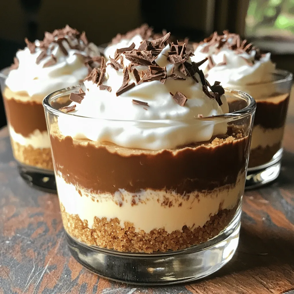 - 1 cup of graham cracker crumbs - 1/4 cup of melted butter - 2 cups of cream cheese, softened - 1/2 cup of powdered sugar - 1/2 cup of heavy cream - 1/4 cup of espresso, cooled (or strong brewed coffee) - 1 teaspoon of vanilla extract - 2 tablespoons of cocoa powder - 1/4 cup of chocolate shavings (for garnish) - Whipped cream (for topping) The key to a great No-Bake Mocha Cheesecake Cup is balance. The cream cheese gives it a rich base. The espresso or strong coffee adds a bold flavor. Cocoa powder gives a deep chocolate taste. Vanilla extract rounds out the flavors. Each ingredient plays a part in making this treat special. If you want to change things up, here are some ideas: - Use graham cracker crumbs made from gluten-free cookies for a gluten-free crust. - Swap cream cheese with a dairy-free cream cheese for a vegan option. - If you don't have espresso, use strong brewed coffee or even decaf. - You can use honey or agave instead of powdered sugar for a natural sweet taste. These substitutes can help you customize the recipe to fit your taste and dietary needs. First, gather your ingredients. You need graham cracker crumbs and melted butter. Combine these in a mixing bowl. Stir until the crumbs are all coated in butter. This makes a tasty base. Next, take serving cups and divide the crumb mixture into them. Press down firmly to form a crust layer. Make sure it is even. Set these aside while you prepare the filling. Now, let's move on to the filling. In a large mixing bowl, beat the softened cream cheese until it is smooth. This step is very important for the texture. Gradually add powdered sugar while mixing on low speed. This helps it blend well. Next, pour in the cooled espresso or coffee, vanilla extract, and cocoa powder. Blend everything until it is smooth and creamy. In another bowl, whip the heavy cream until soft peaks form. Gently fold this whipped cream into the cream cheese mixture. This gives the cheesecake a light and fluffy texture. With the crust and filling ready, it's time to assemble. Spoon or pipe the mocha cheesecake mixture into the cups. Fill them about three-quarters full. This allows room for toppings later. Make sure to spread the filling evenly on top of the crust. Cover the cups with plastic wrap and place them in the fridge. Let them chill for at least four hours, but overnight is best. This helps the cheesecake set perfectly. Before serving, remember to add the finishing touches. Take each cheesecake cup and add a dollop of whipped cream on top. Sprinkle chocolate shavings for a nice look and extra flavor. These small details make your dessert shine. Serve chilled and enjoy your delightful mocha cheesecake cups! To get that smooth texture, start with room-temperature cream cheese. Cold cream cheese can make lumps. Beat it well until creamy before adding other ingredients. Always mix gently when folding in whipped cream. This keeps it light and fluffy. If you want a thicker filling, add a bit more cream cheese. For a silkier finish, blend the mixture longer. Keep your mocha cheesecake cups in the fridge. Cover them with plastic wrap or a lid to prevent drying. They stay fresh for about four days. If you want to store them longer, think about freezing. Just make sure to wrap them tightly. Thaw them in the fridge before serving for the best taste. Garnishing makes your cheesecake cups pop! Top with extra whipped cream for a fluffy look. Chocolate shavings add a nice touch, too. You can also sprinkle cocoa powder for a rich flavor. For a fruit twist, add fresh berries on top. They not only look great but taste amazing with the mocha flavor! {{image_2}} You can easily make vegan no-bake mocha cheesecake cups. Start by replacing cream cheese with soaked cashews or silken tofu. Blend them until smooth. Use maple syrup instead of powdered sugar for sweetness. For the heavy cream, use coconut cream. This keeps the rich flavor but makes it dairy-free. To make gluten-free cheesecake cups, just switch the graham cracker crumbs. Use gluten-free cookie crumbs or ground nuts instead. Check labels to ensure they are truly gluten-free. This way, everyone can enjoy this tasty treat without worry. You can customize your cheesecake cups with different flavors. For a mint twist, add a few drops of mint extract. For almond flavor, use almond extract instead of vanilla. You can also fold in crushed cookies or fruits to mix things up. Get creative and find your favorite! To keep your no-bake mocha cheesecake cups fresh, store them in the fridge. Use an airtight container or cover each cup with plastic wrap. This helps prevent the cheesecake from absorbing other smells in the fridge. Keep the cups away from strong-smelling foods to maintain their rich flavor. You can freeze these cheesecake cups for later. First, make sure they are well covered. Use plastic wrap or freezer-safe lids. Place them in the freezer for up to two months. When you're ready to enjoy them, transfer the cups to the fridge overnight. This helps them thaw slowly and taste just as good. When stored in the fridge, these cheesecake cups last about five days. If you freeze them, they can last up to two months. Always check for any signs of spoilage before eating. If you notice any off smell or texture, it's best to discard them. Enjoy your mocha treats fresh for the best taste! Yes, you can use instant coffee. Just mix it with hot water to dissolve. This will give you a similar coffee flavor. The mocha taste won’t change much. Just make sure to use a strong mix for the best results. To make more cups, simply double the recipe. Use 2 cups of graham cracker crumbs and 4 cups of cream cheese. You’ll also need to double the other ingredients. This way, you can serve more friends and family. If the filling is too runny, add more cream cheese. Mix in small amounts until it thickens. You can also chill it longer. This helps the filling firm up before serving. Yes, you can make these cups a day ahead. Store them in the fridge until ready to serve. Just add whipped cream and chocolate shavings right before serving for freshness. Yes, you can use lactose-free cream cheese and heavy cream. This makes the recipe safe for lactose-intolerant friends. The taste will be just as yummy! This blog post covered all the details for making delightful Mocha Cheesecake Cups. We discussed the essential ingredients and shared some tasty substitutes. I walked you through the step-by-step process, from preparing the crust to serving tips. Also, I gave tips for texture and storage, plus variations to try. Remember, small changes can lead to unique flavors. Enjoy your baking adventure and impress your friends and family with your delicious creations.