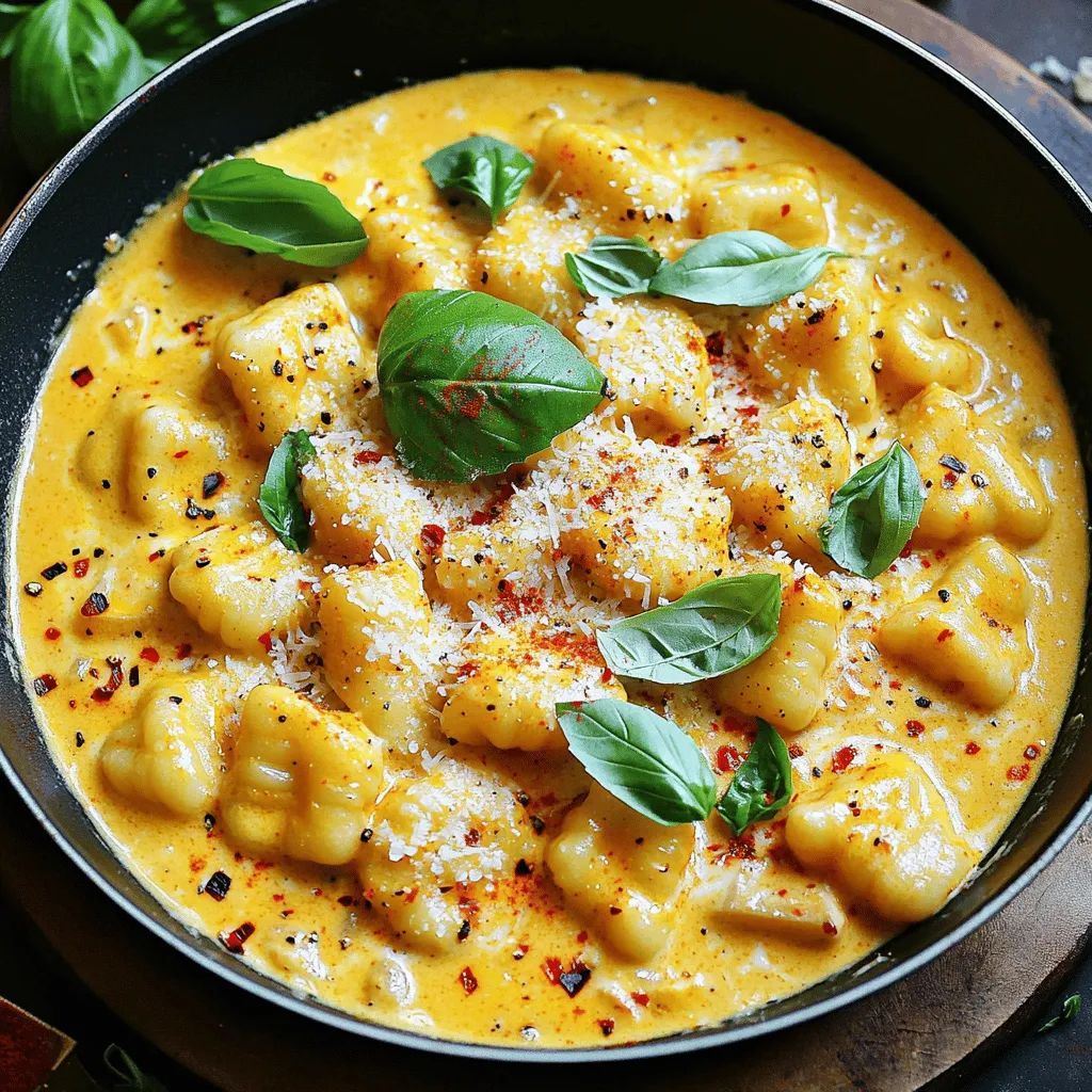 To make this dish, you need a few key items: - 1 package (16 oz) potato gnocchi - 2 large roasted red peppers, peeled and chopped - 1 cup heavy cream - 1/2 cup grated Parmesan cheese - 2 tablespoons olive oil - 3 cloves garlic, minced - 1 teaspoon smoked paprika - Salt and pepper to taste - Fresh basil leaves for garnish These ingredients create a rich and flavorful meal. The gnocchi cooks quickly and pairs well with the creamy sauce. You can add a few extra items to enhance the dish: - Crushed red pepper flakes for a spicy kick Adding crushed red pepper flakes can give your dish a fun twist. If you like heat, this is a great choice! You will need some basic kitchen tools to prepare this meal: - Large pot for boiling gnocchi - Large skillet for the sauce - Strainer for draining gnocchi - Wooden spoon for stirring With these tools, you will find it easy to prepare the Creamy Roasted Red Pepper Gnocchi. Enjoy making this delicious meal! Start by boiling water in a large pot. Add a good amount of salt to the water. This step helps the gnocchi taste better. Cook the gnocchi according to the package instructions, usually about 2-3 minutes. You will know they are ready when they float to the top. Once cooked, drain them well and set them aside. In a large skillet, heat olive oil over medium heat. Add the minced garlic and sauté it for about one minute. You want the garlic to smell great but not burn. Next, stir in the chopped roasted red peppers. Cook these with the garlic for about two minutes. This step allows the flavors to blend nicely. Now, pour in the heavy cream and add the smoked paprika. Stir the mixture well and bring it to a gentle simmer. Once the sauce is simmering, gradually add the grated Parmesan cheese. Keep stirring until the cheese melts and the sauce thickens nicely. Season with salt and pepper to taste. Now, it’s time to add the cooked gnocchi to the skillet. Gently fold the gnocchi into the sauce so they are well coated. Heat everything through for a couple of minutes. Finally, remove the skillet from the heat. Serve it hot, garnished with fresh basil leaves. If you like some heat, sprinkle a few red pepper flakes on top for a spicy kick. Enjoy your creamy roasted red pepper gnocchi skillet! To make the sauce super creamy, use heavy cream. It adds rich flavor and a smooth texture. When you mix in the Parmesan cheese, do it slowly. Stir as you add it to prevent lumps. This helps the cheese melt nicely into the cream. Another tip is to let the sauce simmer gently. This allows the flavors to blend well. If you want a hint of smokiness, add a bit more smoked paprika. It enhances the taste without overpowering the dish. One common mistake is cooking the gnocchi too long. They should float in the water for about 2-3 minutes. If they sit too long, they can become mushy. Also, don’t rush the sauce. Sauté the garlic until fragrant but not burned. Burnt garlic can make the sauce taste bitter. Lastly, always taste your sauce before serving. Adjust salt and pepper to get the best flavor. Cooking gnocchi is quick and easy. Boil them for just 2-3 minutes. When they float, they are ready. After draining, set them aside. Make sure to add them to the sauce right away. This keeps them warm and helps them soak up all that creamy goodness. {{image_2}} You can make this dish even more colorful and tasty by adding vegetables. Try adding spinach or kale for a burst of green. Mushrooms add a nice, earthy flavor. You can also toss in some cherry tomatoes for sweetness. All of these options keep the recipe vegetarian and full of life. If you want more protein in your meal, consider adding cooked chicken or shrimp. Grilled chicken works great, as does sautéed shrimp. You can also use canned chickpeas for a plant-based protein boost. They mix well with the creamy sauce and taste amazing. For a gluten-free version, use gluten-free gnocchi. Many stores sell these now, and they taste just as good. Also, check the labels on your roasted red peppers and cream to ensure they are gluten-free. Enjoying this dish without gluten is easy and still delicious! You can store Creamy Roasted Red Pepper Gnocchi in an airtight container. Let the dish cool down first. Then, place it in the fridge. It will stay fresh for up to three days. This helps keep the flavors intact. If you want to save some for later, freezing works well. First, let the gnocchi cool completely. Scoop it into freezer-safe bags or containers. Remove as much air as possible. Label with the date and freeze for up to three months. When you're ready to eat, just thaw it in the fridge overnight. To reheat, you have a few options. You can use the microwave, which is quick. Heat in short bursts, stirring often, until warm. If you prefer the stove, add a splash of cream or water to a skillet. Heat over low heat, stirring gently until warmed through. Either way, enjoy your delicious meal! This dish takes about 20 minutes to make from start to finish. You will need 10 minutes to prep and another 10 minutes to cook. It’s quick, so you can enjoy a tasty meal without a long wait. Yes, you can use fresh gnocchi. Fresh gnocchi will cook faster than packaged ones. Just watch them closely in the boiling water. They should float to the top, which means they are done. Fresh gnocchi can add a delightful texture to your dish. If you want a lighter option, use half-and-half or whole milk. You can also blend silken tofu with a bit of water for a vegan option. Another choice is to use coconut cream for a unique flavor. Remember, these substitutes may change the dish's texture and taste slightly. This article explored how to make creamy roasted red pepper gnocchi. We covered essential and optional ingredients, plus kitchen tools for success. You learned step-by-step instructions, handy tips, and variations to suit your taste. I shared storage info for leftovers and answered common questions. In summary, this dish is simple and adaptable. You can enjoy it fresh or save it for later. Get creative with flavors and make it your own!