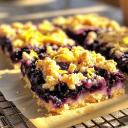 Fresh blueberries are the star of this recipe. You need 2 cups of ripe, juicy blueberries. I often adjust the amount based on their sweetness. The sweetness helps balance the tartness of the lemon. You will need 1 tablespoon of lemon juice and the zest of 1 lemon. The juice adds a fresh tang. The zest boosts the flavor, making the bars bright and lively. The dry mix includes: - 1 ½ cups all-purpose flour - ½ cup rolled oats - ¼ cup granulated sugar - ½ cup brown sugar, packed - ½ teaspoon baking powder - ¼ teaspoon baking soda - ¼ teaspoon salt This blend gives the bars their structure and texture. The oats add a nice chewiness, while the sugars provide sweetness. You need ½ cup of cold unsalted butter, cubed, and 1 large egg. The cold butter helps create a crumbly texture. The egg binds everything together, making the bars sturdy. Lastly, add 1 teaspoon of vanilla extract. This ingredient rounds out the flavors. It adds a warm, sweet note that pairs well with the fruit and lemon. Start by preheating your oven to 350°F (175°C). Grease a 9x9 inch baking pan with butter or line it with parchment paper. If you use parchment, leave some paper hanging over the sides. This helps when you lift the bars out later. In a medium bowl, mix the fresh blueberries with lemon juice, lemon zest, granulated sugar, and cornstarch. Stir gently until the blueberries are well coated. Set this aside for about 10 minutes. This step makes the blueberries juicy and sweet. In a large mixing bowl, combine 1 1/2 cups of all-purpose flour, 1/2 cup of rolled oats, 1/2 cup of packed brown sugar, 1 teaspoon baking powder, 1/4 teaspoon baking soda, and 1/4 teaspoon salt. Use a whisk to mix these dry ingredients well. This ensures an even flavor throughout your bars. Add 1/2 cup of cold, cubed unsalted butter to the dry mix. Use a pastry cutter or your fingers to blend it in. You want the mixture to look like coarse crumbs. This crumbly texture gives the bars their signature topping. Take 1 cup of the crumble mixture and set it aside. Press the remaining crumble evenly into the bottom of your prepared pan. Next, spread the blueberry mixture over this base. Crumble the reserved topping evenly over the blueberries. This creates a delicious topping for every bite. Place the pan in the preheated oven and bake for 35-40 minutes. You know they are done when the top is golden brown and the blueberries bubble. Once baked, remove the pan from the oven. Let it cool for at least 20 minutes in the pan. After that, lift the bars out with the parchment paper and cool completely on a wire rack. Once cool, cut them into squares or bars and enjoy your tasty treat! When picking blueberries, look for deep blue color. They should be firm and plump. Avoid berries with green or red spots. Fresh blueberries taste best and hold their shape well in the bars. Blueberries can vary in sweetness. Taste a few before you start. If they taste tart, add more sugar. If they are sweet, reduce the sugar in your recipe. This way, your bars will have the right balance. For a great crumble, keep your butter cold. When mixing, stop when the mixture looks like coarse crumbs. Don't overmix. This keeps the texture light and crumbly. Reserve some crumble for the topping to get that nice crunch. Your bars are ready when the top is golden brown and the blueberries bubble. Bake them for 35-40 minutes. If you see the edges pulling away from the pan, they are done. Let them cool before cutting for the best results. {{image_2}} You can add nuts to the crumble for a tasty twist. Chopped walnuts or almonds work well. Just mix about 1/2 cup of nuts into the dry ingredients. This adds a great crunch and flavor to each bite. Feel free to swap blueberries with other fruits. Raspberries add a tart flavor, while peaches give a sweet touch. Use about 2 cups of any fruit you like. Just remember to adjust the sugar based on the fruit's sweetness. To make these bars gluten-free, use a gluten-free flour blend. This works well in place of all-purpose flour. Ensure the oats are certified gluten-free too. Your bars will still taste great! You can make these bars vegan by swapping a few key ingredients. Replace the egg with 1/4 cup of applesauce or a flax egg. Use coconut oil instead of butter. These changes keep the bars tasty and suitable for a vegan diet. To keep your Blueberry Lemon Crumble Bars fresh, use an airtight container. Place parchment paper between layers to prevent sticking. Store them at room temperature for up to two days. If you want them to last longer, refrigerate them. They can stay fresh for about a week in the fridge. You can freeze these bars easily. First, let them cool completely. Cut them into squares or bars. Wrap each piece in plastic wrap. Then, place them in a freezer-safe bag or container. They can last for up to three months in the freezer. When you’re ready to eat, thaw them overnight in the fridge. At room temperature, the bars last for about two days. In the fridge, you can enjoy them for up to a week. If frozen, they maintain great taste for three months. Always check for any signs of spoilage before eating. Yes, you can use frozen blueberries. They work well in this recipe. Just remember, frozen berries may release more juice. This can make the filling a bit wetter. You might want to add a little more cornstarch to help thicken it up. If you don't have brown sugar, you can use white sugar. You can also mix white sugar with a bit of molasses. For every cup of white sugar, add 1 tablespoon of molasses. This will give you a similar flavor and moisture. The bars are done when the top is golden brown and the blueberries bubble slightly. You can also check by inserting a toothpick. If it comes out clean or with a few crumbs, they are ready. Yes, you can make these bars ahead of time. They stay fresh for a few days at room temperature. Just store them in an airtight container. You can also freeze them for longer storage. Wrap them well before freezing. Absolutely! These bars are great for kids. They are sweet and fruity, plus they have a fun crumble topping. Just make sure the bars are cool before serving to kids. Enjoying them as a snack or dessert is a hit! We explored how to make delicious Blueberry Lemon Crumble Bars. First, we discussed key ingredients like fresh blueberries, lemon juice, and a mixture of dry goods. Then, I guided you through easy step-by-step instructions for baking. You learned helpful tips for choosing blueberries and how to adjust sweetness. Plus, I shared fun variations and storage tips for leftovers. Remember, making these bars can be simple and fun. Enjoy being creative in your kitchen!