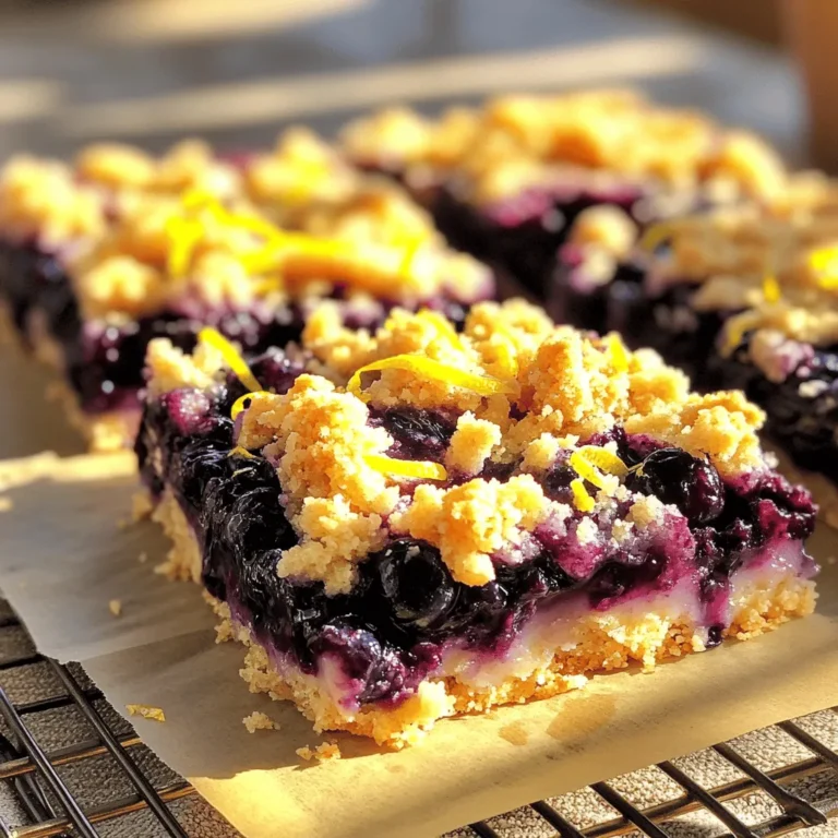 Fresh blueberries are the star of this recipe. You need 2 cups of ripe, juicy blueberries. I often adjust the amount based on their sweetness. The sweetness helps balance the tartness of the lemon. You will need 1 tablespoon of lemon juice and the zest of 1 lemon. The juice adds a fresh tang. The zest boosts the flavor, making the bars bright and lively. The dry mix includes: - 1 ½ cups all-purpose flour - ½ cup rolled oats - ¼ cup granulated sugar - ½ cup brown sugar, packed - ½ teaspoon baking powder - ¼ teaspoon baking soda - ¼ teaspoon salt This blend gives the bars their structure and texture. The oats add a nice chewiness, while the sugars provide sweetness. You need ½ cup of cold unsalted butter, cubed, and 1 large egg. The cold butter helps create a crumbly texture. The egg binds everything together, making the bars sturdy. Lastly, add 1 teaspoon of vanilla extract. This ingredient rounds out the flavors. It adds a warm, sweet note that pairs well with the fruit and lemon. Start by preheating your oven to 350°F (175°C). Grease a 9x9 inch baking pan with butter or line it with parchment paper. If you use parchment, leave some paper hanging over the sides. This helps when you lift the bars out later. In a medium bowl, mix the fresh blueberries with lemon juice, lemon zest, granulated sugar, and cornstarch. Stir gently until the blueberries are well coated. Set this aside for about 10 minutes. This step makes the blueberries juicy and sweet. In a large mixing bowl, combine 1 1/2 cups of all-purpose flour, 1/2 cup of rolled oats, 1/2 cup of packed brown sugar, 1 teaspoon baking powder, 1/4 teaspoon baking soda, and 1/4 teaspoon salt. Use a whisk to mix these dry ingredients well. This ensures an even flavor throughout your bars. Add 1/2 cup of cold, cubed unsalted butter to the dry mix. Use a pastry cutter or your fingers to blend it in. You want the mixture to look like coarse crumbs. This crumbly texture gives the bars their signature topping. Take 1 cup of the crumble mixture and set it aside. Press the remaining crumble evenly into the bottom of your prepared pan. Next, spread the blueberry mixture over this base. Crumble the reserved topping evenly over the blueberries. This creates a delicious topping for every bite. Place the pan in the preheated oven and bake for 35-40 minutes. You know they are done when the top is golden brown and the blueberries bubble. Once baked, remove the pan from the oven. Let it cool for at least 20 minutes in the pan. After that, lift the bars out with the parchment paper and cool completely on a wire rack. Once cool, cut them into squares or bars and enjoy your tasty treat! When picking blueberries, look for deep blue color. They should be firm and plump. Avoid berries with green or red spots. Fresh blueberries taste best and hold their shape well in the bars. Blueberries can vary in sweetness. Taste a few before you start. If they taste tart, add more sugar. If they are sweet, reduce the sugar in your recipe. This way, your bars will have the right balance. For a great crumble, keep your butter cold. When mixing, stop when the mixture looks like coarse crumbs. Don't overmix. This keeps the texture light and crumbly. Reserve some crumble for the topping to get that nice crunch. Your bars are ready when the top is golden brown and the blueberries bubble. Bake them for 35-40 minutes. If you see the edges pulling away from the pan, they are done. Let them cool before cutting for the best results. {{image_2}} You can add nuts to the crumble for a tasty twist. Chopped walnuts or almonds work well. Just mix about 1/2 cup of nuts into the dry ingredients. This adds a great crunch and flavor to each bite. Feel free to swap blueberries with other fruits. Raspberries add a tart flavor, while peaches give a sweet touch. Use about 2 cups of any fruit you like. Just remember to adjust the sugar based on the fruit's sweetness. To make these bars gluten-free, use a gluten-free flour blend. This works well in place of all-purpose flour. Ensure the oats are certified gluten-free too. Your bars will still taste great! You can make these bars vegan by swapping a few key ingredients. Replace the egg with 1/4 cup of applesauce or a flax egg. Use coconut oil instead of butter. These changes keep the bars tasty and suitable for a vegan diet. To keep your Blueberry Lemon Crumble Bars fresh, use an airtight container. Place parchment paper between layers to prevent sticking. Store them at room temperature for up to two days. If you want them to last longer, refrigerate them. They can stay fresh for about a week in the fridge. You can freeze these bars easily. First, let them cool completely. Cut them into squares or bars. Wrap each piece in plastic wrap. Then, place them in a freezer-safe bag or container. They can last for up to three months in the freezer. When you’re ready to eat, thaw them overnight in the fridge. At room temperature, the bars last for about two days. In the fridge, you can enjoy them for up to a week. If frozen, they maintain great taste for three months. Always check for any signs of spoilage before eating. Yes, you can use frozen blueberries. They work well in this recipe. Just remember, frozen berries may release more juice. This can make the filling a bit wetter. You might want to add a little more cornstarch to help thicken it up. If you don't have brown sugar, you can use white sugar. You can also mix white sugar with a bit of molasses. For every cup of white sugar, add 1 tablespoon of molasses. This will give you a similar flavor and moisture. The bars are done when the top is golden brown and the blueberries bubble slightly. You can also check by inserting a toothpick. If it comes out clean or with a few crumbs, they are ready. Yes, you can make these bars ahead of time. They stay fresh for a few days at room temperature. Just store them in an airtight container. You can also freeze them for longer storage. Wrap them well before freezing. Absolutely! These bars are great for kids. They are sweet and fruity, plus they have a fun crumble topping. Just make sure the bars are cool before serving to kids. Enjoying them as a snack or dessert is a hit! We explored how to make delicious Blueberry Lemon Crumble Bars. First, we discussed key ingredients like fresh blueberries, lemon juice, and a mixture of dry goods. Then, I guided you through easy step-by-step instructions for baking. You learned helpful tips for choosing blueberries and how to adjust sweetness. Plus, I shared fun variations and storage tips for leftovers. Remember, making these bars can be simple and fun. Enjoy being creative in your kitchen!