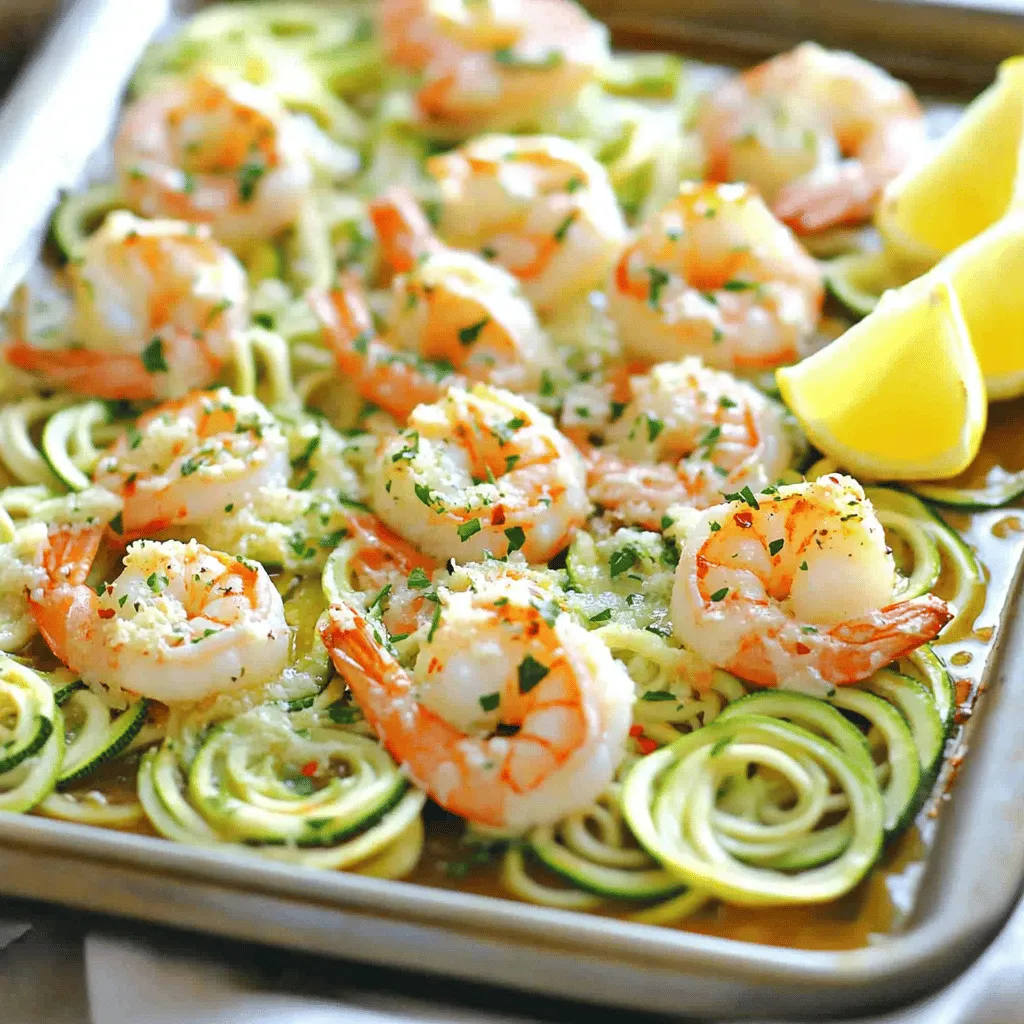 - 1 lb large shrimp, peeled and deveined - 4 medium zucchinis, spiralized into zoodles - 4 tablespoons olive oil - 4 cloves garlic, minced - 1/2 cup grated Parmesan cheese These main ingredients form the heart of our dish. The shrimp brings a sweet and briny flavor. Zoodles add a fresh crunch that pairs well with shrimp. Olive oil gives richness, while garlic adds depth. Parmesan cheese offers a savory finish that ties everything together. - 1 teaspoon red pepper flakes (optional) - 1 teaspoon dried Italian herbs (oregano, basil, thyme) - Salt and pepper to taste - Fresh parsley, chopped for garnish Seasoning is key to elevating the dish. Red pepper flakes add a slight kick, but you can skip them if you want. Italian herbs bring a warm, earthy note. Salt and pepper enhance all the flavors. Fresh parsley adds a pop of color and freshness right before serving. - Lemon wedges - Extra spices Lemon wedges are perfect for serving. They add brightness and a tangy flavor. You can also try extra spices like paprika or cayenne for more flavor. Mix and match to suit your taste. These optional additions can make your dish even more exciting. First, you need to preheat your oven to 400°F (200°C). This step makes sure your dish cooks evenly. While the oven heats, grab a bowl and add your shrimp. Toss in 2 tablespoons of olive oil, minced garlic, red pepper flakes (if you like heat), Italian herbs, salt, and pepper. Mix it well and let the shrimp marinate for about 10 minutes. Next, prepare your zoodles. Use a spiralizer to turn 4 medium zucchinis into zoodles. This will give you a fun, healthy base for your dish. Spread the zoodles on a large sheet pan. Drizzle the remaining 2 tablespoons of olive oil over them. Add a pinch of salt and pepper, then toss gently to coat. Now, it's time to put it all together. Place the marinated shrimp on top of your zoodles, spreading them out evenly across the pan. Don't forget to sprinkle the grated Parmesan cheese over the shrimp and zoodles. This adds a rich flavor that blends perfectly with the garlic. Slide the sheet pan into your preheated oven. Bake for 15-20 minutes. Check the shrimp at the 15-minute mark. They should be opaque and fully cooked. The zoodles should be tender but not mushy. When done, take the pan out of the oven. Garnish with fresh parsley and serve with lemon wedges. Enjoy this delicious, easy meal! To cook shrimp perfectly, avoid overcooking them. Shrimp cook fast, so watch the time. Bake them for about 15 to 20 minutes. When they turn opaque, they are done. Marinating the shrimp adds flavor. Mix them with olive oil, garlic, and herbs. Let them sit for about 10 minutes. This short time lets the flavors soak in. When spiralizing zucchini, use a good spiralizer to get nice zoodles. Aim for even strands to cook evenly. If your zoodles seem too wet, sprinkle them with salt. Let them sit for a few minutes, then pat them dry. This helps prevent sogginess. Spread zoodles evenly on the pan before adding shrimp. This allows them to roast properly without turning mushy. For side dishes, consider a light salad or crusty bread. A fresh garden salad pairs well with the meal. You can also serve it with lemon wedges for added zest. If you want extra flavor, sprinkle more cheese on top before serving. Fresh parsley adds a nice touch, too. Enjoy your meal with family or friends! {{image_2}} You can switch up the shrimp with chicken, tofu, or other seafood. Chicken breast works great. Just cut it into bite-sized pieces. Tofu gives a nice texture and absorbs the flavors well. If you prefer other seafood, try scallops or fish fillets. Just adjust the cooking time to avoid overcooking. Feel free to add more veggies. Mixed bell peppers bring color and crunch. Cherry tomatoes add sweetness and juiciness. Spinach cooks down nicely and adds nutrients. You can toss these in with the zoodles before baking. This makes the dish more vibrant and tasty. Change the cheese for a different taste. Try mozzarella, feta, or even goat cheese. Each brings its own unique flavor. You can also adjust spices and herbs. Add more red pepper flakes for heat, or use fresh herbs like basil or parsley for extra freshness. These tweaks keep the dish exciting and fun! To keep your Sheet Pan Garlic Parmesan Shrimp and zoodles fresh, follow these steps: - Refrigeration: Place leftovers in an airtight container. This helps keep them fresh for later. - Freezing: You can freeze the shrimp and zoodles together. Just make sure to use a freezer-safe container. - Storage Containers: Use glass or BPA-free plastic containers. They help keep the food safe and tasty. Knowing how long your food lasts is key. - In the Fridge: Store leftovers for up to 3 days. Make sure the container is sealed well. - In the Freezer: You can keep the dish for up to 2 months. Just remember to label the container with the date. Reheating your dish properly helps keep its flavor and texture. - Best Methods for Reheating: Use the oven or stovetop for best results. For the oven, heat at 350°F (175°C) for about 10 minutes. If using the stovetop, warm on low heat. Add a splash of olive oil if needed to keep it moist. You can try several low-carb options. Spaghetti squash works well as a noodle substitute. It has a mild flavor and a nice texture. You could also use cauliflower rice for a different twist. Another option is thinly sliced eggplant or even cabbage. All of these options provide a tasty base for your shrimp. Yes, you can prepare this dish in advance. Marinate the shrimp a few hours ahead. Store them in the fridge until you are ready to cook. You can spiralize the zoodles and keep them in an airtight container too. Just be sure to use them within a day or two for the best taste. Bake the dish just before serving for a fresh meal. This dish pairs nicely with a simple green salad. A light Caesar salad adds a nice crunch. Garlic bread is another fun side, perfect for dipping. You might also enjoy some roasted vegetables like asparagus or broccoli. These sides balance the flavors and make your meal even better. In this post, we covered how to make Sheet Pan Garlic Parmesan Shrimp with zoodles. I walked you through the main ingredients, prep steps, and cooking tips. We also explored fun variations and storage advice. Remember, your shrimp should be tender, and your zoodles should stay crisp. Enjoy crafting your dish, and don’t hesitate to experiment with flavors. With these tips, you can impress anyone at your table. Happy cooking!