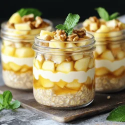 - 1 cup rolled oats - 1 ½ cups unsweetened almond milk (or any milk of choice) - 1 medium apple, diced (preferably a sweet variety like Fuji or Honeycrisp) - 1 tablespoon chia seeds - 1 teaspoon cinnamon - 1 teaspoon vanilla extract - 2 tablespoons maple syrup (or honey) - ¼ cup walnuts, chopped - Pinch of salt - Large mixing bowl - Spoon or spatula for mixing - Jars or airtight containers for storage - Measuring cups and spoons - Use rolled oats or quick oats; avoid instant oats. - Swap almond milk for any milk you like, such as cow's milk or oat milk. - Choose any apple type you enjoy; tart apples add a nice flavor. - If you don't have chia seeds, use flaxseeds for a similar effect. - Replace maple syrup with honey, agave, or stevia for sweetness. - Use pecans or almonds instead of walnuts for a different nut flavor. To start, gather your ingredients. You will need: - 1 cup rolled oats - 1 ½ cups unsweetened almond milk - 1 medium apple, diced - 1 tablespoon chia seeds - 1 teaspoon cinnamon - 1 teaspoon vanilla extract - 2 tablespoons maple syrup - ¼ cup walnuts, chopped - Pinch of salt In a large mixing bowl, add the rolled oats, almond milk, chia seeds, cinnamon, vanilla extract, maple syrup, and a pinch of salt. Stir everything well until it mixes evenly. This step is key to ensure all flavors blend together. Next, fold in the diced apple and chopped walnuts. Mix gently to spread the apple pieces and walnuts throughout. This way, each bite will have a nice balance of flavors and crunch. Now, divide the mixture into two jars or airtight containers. Seal them tightly to keep the oats fresh. This is a great time to think about how you want to present them. Place the containers in the refrigerator. Let them sit overnight or for at least four hours. This soaking time helps the oats absorb the almond milk and soften nicely. In the morning, take the jars out and give the oats a good stir. If you like your oats a bit thinner, add more almond milk. For a lovely touch, top with extra diced apples, a sprinkle of cinnamon, and some walnuts for extra crunch before you dig in. Enjoy your tasty apple pie overnight oats! You can change the taste of your Apple Pie Overnight Oats easily. Add more spices like nutmeg or ginger for warmth. Swap the vanilla for almond extract to add a nutty flavor. If you love fruity oats, try adding dried cranberries or raisins. These will give your oats a sweet kick. You can also play with toppings. Try adding Greek yogurt for creaminess or fresh berries for tartness. The options are endless to fit your taste. The right texture makes all the difference in your oats. Use rolled oats for that chewy bite. If you want creamier oats, add more almond milk. You can also blend some oats into a fine powder. Mix this into your base to thicken the oats. Letting the oats sit overnight helps them absorb all the liquid. Just remember to stir them well in the morning. Add more milk if they seem too thick. This way, you can enjoy them just the way you like. Making these oats ahead saves you time. Prepare them the night before and let them soak. This recipe takes just 10 minutes to prep. Store your oats in jars or airtight containers. They can stay fresh in the fridge for up to five days. If you want to switch it up, make different jars with various fruits or nuts. This gives you quick breakfasts for the week. Just grab and go each morning! {{image_2}} You can switch up the fruit to match the season. In fall, diced pears or ripe figs work well. During summer, add fresh berries like strawberries or blueberries. In winter, consider using dried fruits like raisins or cranberries. Each fruit changes the taste, so feel free to experiment! If you want a nut-free option, use oat milk or soy milk instead of almond milk. You can skip the walnuts or use seeds like pumpkin or sunflower seeds for crunch. This makes it safe for those with nut allergies. Always check labels to ensure they are nut-free. To boost protein, add a scoop of protein powder. Greek yogurt is another great choice. You can also mix in nut butter or sunflower seed butter for a creamy texture. These additions make the meal more filling and nutritious. To keep your Apple Pie Overnight Oats fresh, store them in airtight containers. I prefer using glass jars because they keep the oats well and look nice. Make sure to seal the jars tightly. This way, the oats stay moist and tasty. You can keep them in the fridge for easy access in the morning. Apple Pie Overnight Oats stay good for up to five days in the fridge. After that, the oats may lose their flavor and texture. Check for any strange smells or off appearances before eating. If you see or smell anything odd, it's best to toss them out. Remember, fresh ingredients taste best! You can eat the oats cold, or you can warm them up. If you want to reheat, add a splash of almond milk to your oats. This keeps them creamy. Warm them in the microwave for about 30 seconds. Stir well and check if they are hot enough. If not, heat for another 15 seconds. Enjoy your warm breakfast! To make Apple Pie Overnight Oats vegan, simply use almond milk or any non-dairy milk. You can swap maple syrup for agave nectar or coconut nectar. Both will work well and keep the dish plant-based. If you need a substitute for maple syrup, honey is a good option. If you want to keep it vegan, try using agave syrup or brown rice syrup. These sweeteners add a nice flavor and sweetness to your oats. Yes, you can freeze Apple Pie Overnight Oats! Just store them in airtight containers. When ready to eat, move them to the fridge overnight to thaw. They may be a bit softer, but they will still taste great. Oats are super healthy! They are high in fiber, which helps digestion. Eating oats can lower cholesterol and keep your heart healthy. They also provide lasting energy and help you feel full longer. Oats are a great choice for a healthy breakfast! We explored every aspect of Apple Pie Overnight Oats. We covered ingredients, tools, and substitutions. You learned how to prepare, assemble, and store your dish. We shared tips for flavor and texture, plus variations for any diet. In summary, this dish is easy to customize and perfect for any occasion. Enjoy making it your own! Happy cooking!