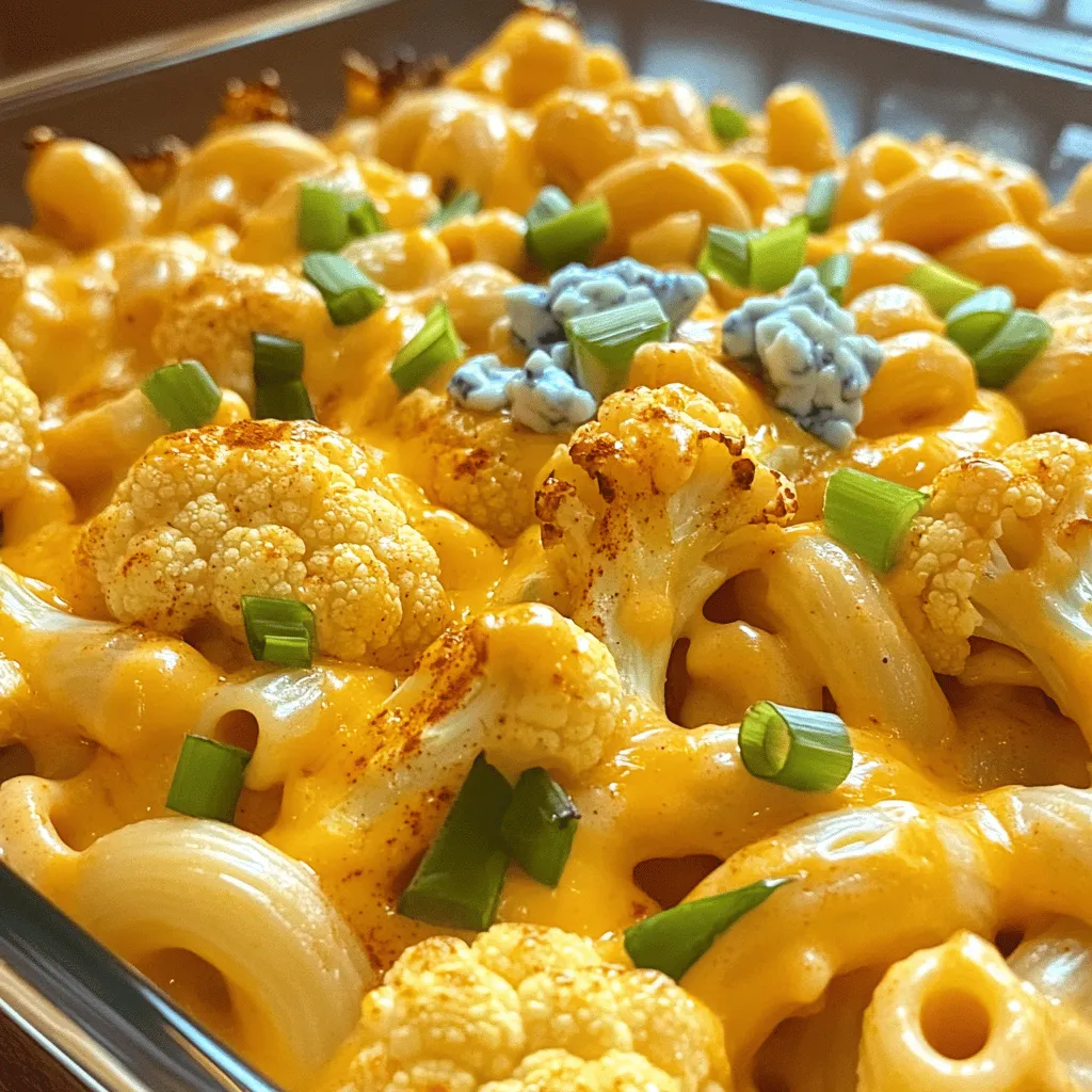 - 1 head of cauliflower, cut into florets - 8 ounces elbow macaroni (or gluten-free pasta) - 2 cups sharp cheddar cheese, shredded - 1 cup cream cheese, softened - 2 tablespoons olive oil - 1 teaspoon garlic powder - 1 teaspoon onion powder - 1/2 teaspoon smoked paprika - Salt and pepper to taste - 1/2 cup hot sauce (adjust to taste) - 1/4 cup green onions, sliced (for garnish) - Crumbled blue cheese (optional, for garnish) Gathering these ingredients makes it easy to whip up this tasty dish. Cauliflower adds a great texture. The elbow macaroni gives a classic feel. For the cheese sauce, the sharp cheddar and cream cheese create a rich flavor. Olive oil and spices help the cauliflower roast perfectly. The hot sauce brings the buffalo kick, while green onions and blue cheese add a nice finish. Each ingredient plays a role in making this dish comforting and fun. To start, preheat your oven to 425°F (220°C). Take a large baking sheet and set it aside. In a big bowl, toss the cauliflower florets with 2 tablespoons of olive oil. Add 1 teaspoon of garlic powder, 1 teaspoon of onion powder, and 1/2 teaspoon of smoked paprika. Sprinkle in salt and pepper to taste. Spread the seasoned cauliflower on the baking sheet in a single layer. Roast it for 20-25 minutes. Flip the florets halfway through. You want them to be golden and tender. While the cauliflower roasts, bring a pot of water to a boil. Add 8 ounces of elbow macaroni, or gluten-free pasta if you prefer. Cook it according to the package instructions until it is al dente. This means it should be firm when you bite it. Once cooked, drain the pasta and set it aside for later. Next, grab a large saucepan. Set it over medium heat and add 1 cup of softened cream cheese and 1 cup of milk. Stir until the cream cheese melts into the milk. This will make a smooth mixture. Now, slowly add 2 cups of shredded sharp cheddar cheese. Keep stirring until it all melts and becomes creamy. This cheese sauce is the heart of your dish. Once your cheese sauce is smooth, add 1/2 cup of hot sauce to it. Stir well to mix. Then gently fold in the roasted cauliflower and cooked macaroni. Make sure everything is well combined. You want every bite to have that delicious flavor. Now, preheat your oven to 350°F (175°C). Take a greased baking dish and transfer the mac and cheese mixture into it. If you want, sprinkle some extra cheddar cheese on top. Bake it for 20-25 minutes. You want it to be bubbly and slightly golden on top. This step gives it a nice texture. When it’s done baking, remove it from the oven. Let it cool for a few minutes. For garnish, slice some green onions and sprinkle them on top. If you like, add crumbled blue cheese for extra flavor. Serve this dish hot and enjoy every bite! To roast cauliflower just right, ensure it's coated evenly. Toss the florets in olive oil, garlic powder, onion powder, smoked paprika, salt, and pepper. Spread them out on a baking sheet without crowding. This helps them roast evenly. Flip the florets halfway through cooking to avoid burning. Taste the roasted cauliflower and adjust the seasoning if needed. A pinch of salt can make a big difference in flavor. A smooth cheese sauce is key to great mac and cheese. If your sauce is too thick, add a splash more milk. Stir it in slowly until you reach a creamy texture. If the sauce separates, it might be too hot. Remove it from heat and whisk until it comes back together. You can also use different cheeses. Try gouda or Monterey Jack for a twist on flavors. Each cheese brings its own taste and texture. Want a spicier kick? Adjust the hot sauce to your liking. You can start with half the amount. Taste and then add more if needed. For a fun twist, add some cayenne pepper or crushed red pepper flakes. These can enhance the heat without changing the dish too much. You can also add fresh herbs like cilantro or parsley for more flavor. They give the dish a fresh taste that pairs well with the heat. {{image_2}} For a gluten-free version, swap elbow macaroni for gluten-free pasta. Many brands offer tasty options that work well. If you want a dairy-free sauce, use non-dairy cream cheese and milk. Cashew cream can also add a rich texture. You can boost nutrition by adding spinach or mushrooms. Spinach wilts nicely and adds color. Mushrooms bring a nice umami taste. For extra heartiness, consider adding cooked chicken, bacon, or chickpeas. These proteins make the dish filling and delicious. Experimenting with different cheeses can change the flavor. Try gouda, mozzarella, or pepper jack for a twist. For topping, consider panko crumbs for crunch or even crushed tortilla chips for a fun texture. You can also sprinkle fresh herbs, like parsley or cilantro, for a fresh finish. Store your Buffalo Cauliflower Mac & Cheese in an airtight container. This keeps it fresh. Make sure it cools down first. You can keep it in the fridge for up to four days. If you want to save it longer, consider freezing it. Portion it into smaller containers for easy use later. To reheat, use the oven for the best texture. Preheat it to 350°F (175°C). Place the mac and cheese in a baking dish. Cover it with foil to keep it moist. Heat for about 20 minutes, then check if it’s warm. You can also use the microwave. Heat in 30-second intervals, stirring in between. This helps it heat evenly. In the fridge, your mac and cheese lasts about four days. If you freeze it, it lasts for about three months. For best results, use a freezer-safe container. Label it with the date so you know when you made it. This way, you can enjoy it at its best! Yes, you can use frozen cauliflower. Just remember to thaw and dry it well. This helps avoid extra moisture. You can roast it like fresh cauliflower but reduce the roasting time to about 15 minutes. Frozen veggies are quick and easy, making them a great choice. To add more heat, try using more hot sauce. Start with an extra tablespoon. You can also add red pepper flakes for extra kick. If you want a smoky flavor, consider using chipotle powder. Adjust these to your taste for the perfect spice level. If you need a dairy-free option, try using cashew cream. Blend soaked cashews with a bit of lemon juice and water. You can also use dairy-free cream cheese, which works well. Greek yogurt is another option for a tangy flavor but may change the texture slightly. To keep your cheese sauce creamy, use low heat while cooking. Melt the cream cheese completely before adding the cheddar. Stir continuously to blend well. If it does separate, add a splash of milk and whisk it back together. This helps restore the creamy texture. Yes, you can make this dish ahead of time. Prepare the mac and cheese up to the baking step. Store it in the fridge for up to two days. When ready to bake, just add some extra cheese on top. Bake at 350°F until warm and bubbly. This blog post offers a tasty way to make mac and cheese with cauliflower. We covered ingredients like broccoli, cheese, and seasoning to enhance the flavor. The step-by-step guide ensures you roast, cook, and bake your dish to perfection. Don't forget the tips for customizing and storing leftovers. This dish lets you get creative, whether you want it spicy or need alternatives. Enjoy experimenting with flavors and sharing this dish with friends and family!