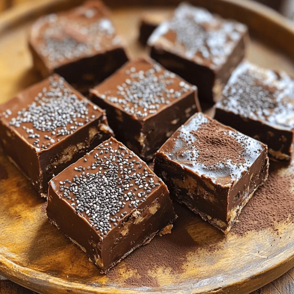 - 1 cup natural peanut butter - 1/2 cup honey or maple syrup - 1 cup rolled oats - 1/2 cup unsweetened cocoa powder - 1/2 cup almond flour - 1/4 cup chia seeds - 1/2 teaspoon vanilla extract - Pinch of salt - Optional: 1/4 cup dark chocolate chips This recipe for Chocolate Peanut Butter Energy Fudge combines simple, wholesome ingredients. Each one plays a key role in making this snack both tasty and nutritious. The natural peanut butter gives a creamy base and rich flavor. It is packed with protein and healthy fats. Then, we add honey or maple syrup for sweetness. This helps bind the fudge and adds a lovely taste. Next, we have rolled oats. They add texture and make the fudge hearty. The unsweetened cocoa powder gives that deep chocolate flavor without extra sugar. Meanwhile, almond flour brings a nutty taste and smoothness to the fudge. Chia seeds are tiny powerhouses. They add fiber and help the fudge hold together. The vanilla extract brings warmth and depth to the overall flavor. A pinch of salt enhances all these tastes, making them pop. If you love chocolate, consider adding dark chocolate chips. They melt in and create little bursts of flavor in each bite. This mix of ingredients makes the fudge not only tasty but also a great energy boost for your day. Gather these ingredients, and you’re ready to make a snack that is easy to prepare and full of goodness. - Melt peanut butter and honey In a medium saucepan, place 1 cup of natural peanut butter and 1/2 cup of honey. Heat over low heat. Stir it until it melts and becomes smooth. Don't let it boil; just keep it warm. - Mix in vanilla extract and salt Once melted, take the pan off the heat. Add 1/2 teaspoon of vanilla extract and a pinch of salt. Stir until combined. - Combine dry ingredients in a bowl In a large bowl, mix 1 cup of rolled oats, 1/2 cup of unsweetened cocoa powder, 1/2 cup of almond flour, and 1/4 cup of chia seeds. Ensure all dry items blend well. - Blend wet and dry ingredients Slowly pour the warm peanut butter mix into the dry ingredients. Stir until everything sticks together. It should feel sticky and hold its shape. - Fold in dark chocolate chips (optional) If you want extra flavor, add 1/4 cup of dark chocolate chips. Gently fold them into the mix, so they are evenly distributed. - Press mixture into baking dish Line a 9x9-inch baking dish with parchment paper. Leave some paper hanging over the edges. Press the mixture firmly into the dish. Use your hands or a spatula to make it even. - Refrigerate until set Place the dish in the fridge. Let it chill for at least 2 hours. This helps the fudge firm up. - Lift and cut fudge into squares After it sets, lift the fudge out using the parchment paper. Cut it into bite-sized squares. Enjoy your tasty snack! - Ensure ingredients are well combined: Mix all your ingredients until they blend fully. This step makes sure every bite is tasty. - Use parchment paper for easy removal: Line your dish with parchment paper. This makes it easy to lift your fudge out when it is ready. - Press mixture firmly for even texture: When you press the mixture into the dish, make it firm. This helps the fudge set better and stay together. - Garnish with chia seeds or cocoa powder: Once you cut the fudge, you can sprinkle some chia seeds or cocoa powder on top. This gives it a nice look and extra flavor. - Pair with fruit for a balanced snack: Enjoy your fudge with fresh fruit like bananas or apples. The fruit adds freshness and balances the rich taste of the fudge. {{image_2}} You can easily change up this recipe with different nut butters. Almond butter works well if you want a milder nut taste. Sunflower seed butter is another great choice for a nut-free option. Both will keep the fudge creamy and tasty. For sweeteners, you can swap honey for maple syrup. Maple syrup gives a nice, rich flavor. It can also make the fudge a bit softer. Experiment with both to find what you like best. Adding spices can take your fudge to the next level. A sprinkle of cinnamon adds warmth. A tiny pinch of sea salt boosts the sweet and salty balance. These small touches can make a big difference in flavor. You can also mix in dried fruits or nuts. Chopped walnuts or pecans add crunch. Dried cranberries or cherries give a fruity burst. These extras add texture and flavor, making each bite unique. To keep your Chocolate Peanut Butter Energy Fudge fresh, store it in an airtight container in the fridge. This will help keep the fudge from drying out. When stored properly, the fudge lasts up to one week. Always check for any signs of spoilage before eating. If you want to save some fudge for later, freezing is a great choice. Cut the fudge into squares before freezing. Place the squares in a single layer on a baking sheet and freeze until solid. Then, transfer them to a freezer-safe bag or container. Make sure to label it with the date. To thaw the fudge, take it out of the freezer and let it sit at room temperature for about 30 minutes. You can also place it in the fridge overnight for a slower thaw. Enjoy your fudge, knowing it will taste just as good as fresh! Can I use a different nut flour? Yes, you can use any nut flour. Almond flour is great but cashew or hazelnut flour works too. Each will change the flavor slightly, but all are yummy! Is it possible to make this vegan? Absolutely! Swap honey for maple syrup for a vegan version. All other ingredients fit perfectly into a vegan diet. Enjoy the same great taste! How long does this fudge last in the fridge? This fudge will last about one week in the fridge. Keep it in an airtight container to keep it fresh and tasty. Overview of health benefits This fudge packs a punch! Peanut butter offers protein and healthy fats. Chia seeds add fiber and omega-3s. Oats give you energy, and cocoa is full of antioxidants. Caloric and macronutrient breakdown per square Each square has about 100 calories. You get 4 grams of protein, 6 grams of fat, and 10 grams of carbs. It’s a nice balance for a quick snack! This blog post covers a simple fudge recipe made from natural ingredients. You learned about the key components, including peanut butter, oats, and cocoa powder. The step-by-step instructions guide you through making the fudge with ease. Tips helped you achieve the best results, while variations allowed you to customize the taste. Storing guidelines ensure your fudge stays fresh, and FAQs answered common questions. Enjoy your delicious, healthy treat!