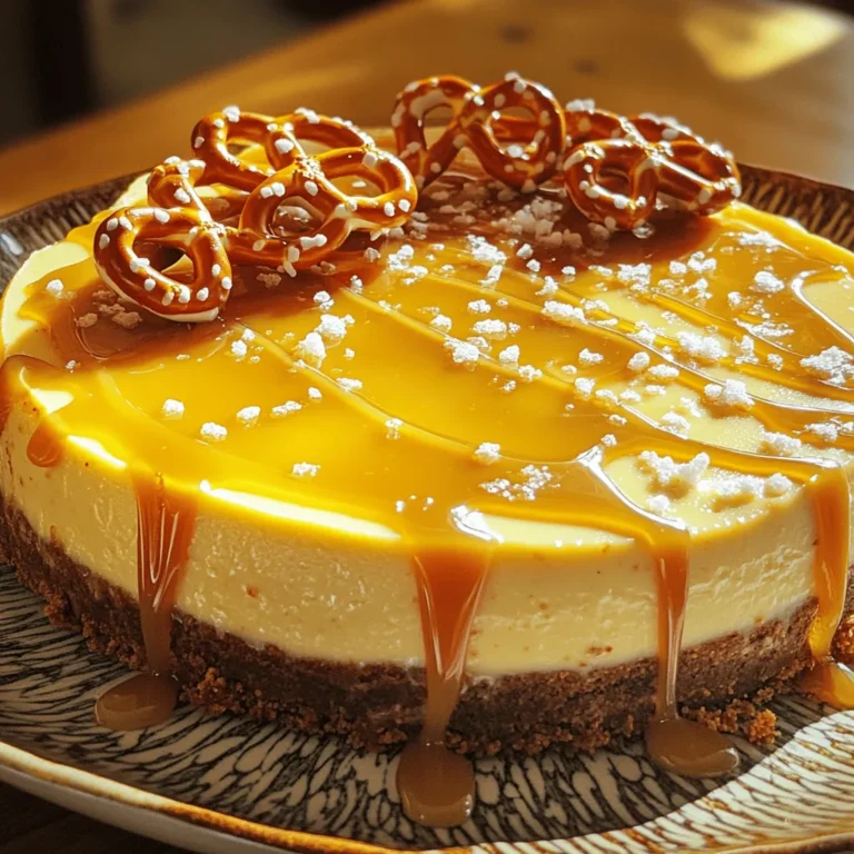 - 2 cups pretzel crumbs - 1/2 cup unsalted butter, melted - 1/4 cup brown sugar - 16 oz cream cheese, softened - 1 cup granulated sugar - 1 teaspoon vanilla extract - 3 large eggs - 1 cup sour cream - 1/2 cup salted caramel sauce - 1/2 cup salted caramel sauce - 1/2 cup pretzels, whole for garnish - Flaky sea salt for sprinkling Gather these simple ingredients before you start. The pretzel crumbs make a crunchy base. The melted butter adds richness. Brown sugar gives a sweet touch to the crust. For the cheesecake filling, use softened cream cheese. This helps mix it easily. Granulated sugar adds sweetness. Vanilla extract gives a lovely flavor. Eggs provide structure. Sour cream adds creaminess. Salted caramel sauce ties all the flavors together. For the topping, use more salted caramel sauce for that sweet finish. Whole pretzels add a fun crunch on top. Flaky sea salt is key to balancing the sweetness. Each bite will have that salty-sweet magic. These ingredients create a dessert that feels both fancy and fun. You’ll impress your friends and family with this treat! 1. Preheat your oven to 350°F (175°C). 2. In a bowl, mix 2 cups of pretzel crumbs with 1/2 cup of melted unsalted butter and 1/4 cup of brown sugar. 3. Press this mix firmly into the bottom of a 9-inch springform pan. 1. Take 16 ounces of softened cream cheese and beat it until smooth. 2. Gradually add 1 cup of granulated sugar while mixing well. 3. Pour in 1 teaspoon of vanilla extract and mix until fully combined. 1. Add 3 large eggs, one at a time, mixing on low speed after each egg. 2. Mix in 1 cup of sour cream and 1/2 cup of salted caramel sauce until smooth. 3. Pour this filling over your cooled pretzel crust and smooth the top. 4. Bake for 50 to 60 minutes, until the center is set but slightly jiggly. 5. Turn off the oven, crack the door, and let the cheesecake cool for one hour inside. 1. After cooling, take the cheesecake out of the oven and refrigerate it for at least 4 hours, or overnight if you can wait. 1. Before serving, drizzle 1/2 cup of salted caramel sauce over the top. 2. Garnish with whole pretzels and a sprinkle of flaky sea salt for that perfect finish. - Use room temperature ingredients. This helps the cream cheese blend well. - Mix slowly and scrape the bowl often. This prevents lumps and gives a creamy texture. - Cool the cheesecake in the oven with the door cracked. This helps it cool slowly. - Adjust baking time if your oven runs hot. Check for a slight jiggle in the center. - Serve slices on stylish plates. Drizzle extra caramel sauce on top for flair. - Pair with coffee or a glass of milk. They enhance the rich flavors of the cheesecake. {{image_2}} You can try fun flavors with this cheesecake! One tasty choice is chocolate salted caramel pretzel cheesecake. For this, mix in melted chocolate with your cheesecake filling. The chocolate adds a rich taste that blends well with the caramel. Another great option is a pumpkin spiced version. Just add pumpkin puree and pumpkin spice to your filling. This gives your cheesecake a warm, cozy flavor, perfect for fall. If you need a gluten-free option, use gluten-free pretzel crumbs. Many brands make these, so you can still enjoy that salty crunch. For those watching their sugar, alternative sweeteners work great. You can use options like stevia or erythritol. Just remember to adjust the amount, as some are sweeter than sugar. Switch up the toppings for fun twists! For a richer taste, use chocolate ganache instead of caramel. This will give your cheesecake a deep, chocolatey flavor. You can also add fresh fruit like berries or sliced bananas. They add a bright, fresh contrast to the sweet, creamy cheesecake. The salted caramel pretzel cheesecake lasts about 5 days in the fridge. To store leftover slices, wrap each piece tightly in plastic wrap. Place them in an airtight container to keep them fresh. This way, you can enjoy a slice whenever you crave something sweet. To freeze the cheesecake, first let it cool completely. Wrap the entire cheesecake or individual slices in plastic wrap. Then, place them in a freezer-safe container or bag. This keeps it safe from freezer burn. You can freeze it for up to 2 months. When you’re ready to enjoy the cheesecake, take it out of the freezer. Let it thaw in the fridge overnight. This helps it regain its creamy texture. Serve it cold and drizzle with more salted caramel sauce for a special touch! You can tell when your cheesecake is done by checking the center. It should be set but jiggle slightly. The edges will look firm, while the center will be soft. A toothpick inserted into the cheesecake should come out clean or with a few moist crumbs. If it looks too jiggly, give it a little more time. Yes, you can make this dessert in advance! I often recommend preparing it the day before. After baking, let it cool, then chill it in the fridge for at least four hours. This helps the flavors blend and the texture set. The cheesecake tastes even better the next day! This cheesecake pairs well with many items. I suggest serving it with fresh whipped cream for a light touch. You can also add a scoop of vanilla ice cream for extra creaminess. A drizzle of chocolate sauce can enhance the flavors, too. Enjoying it with a strong coffee or dessert wine adds a nice contrast as well! This recipe combines sweet and salty for a delightful treat. You learned how to make a pretzel crust, a creamy filling, and a tasty topping. Remember to use room temperature ingredients to get that smooth texture. Cool it properly to avoid cracks. You can even try different flavors like chocolate or pumpkin. Store it well for later enjoyment. This cheesecake is perfect for any gathering or special occasion. Enjoy each bite of your delicious creation!