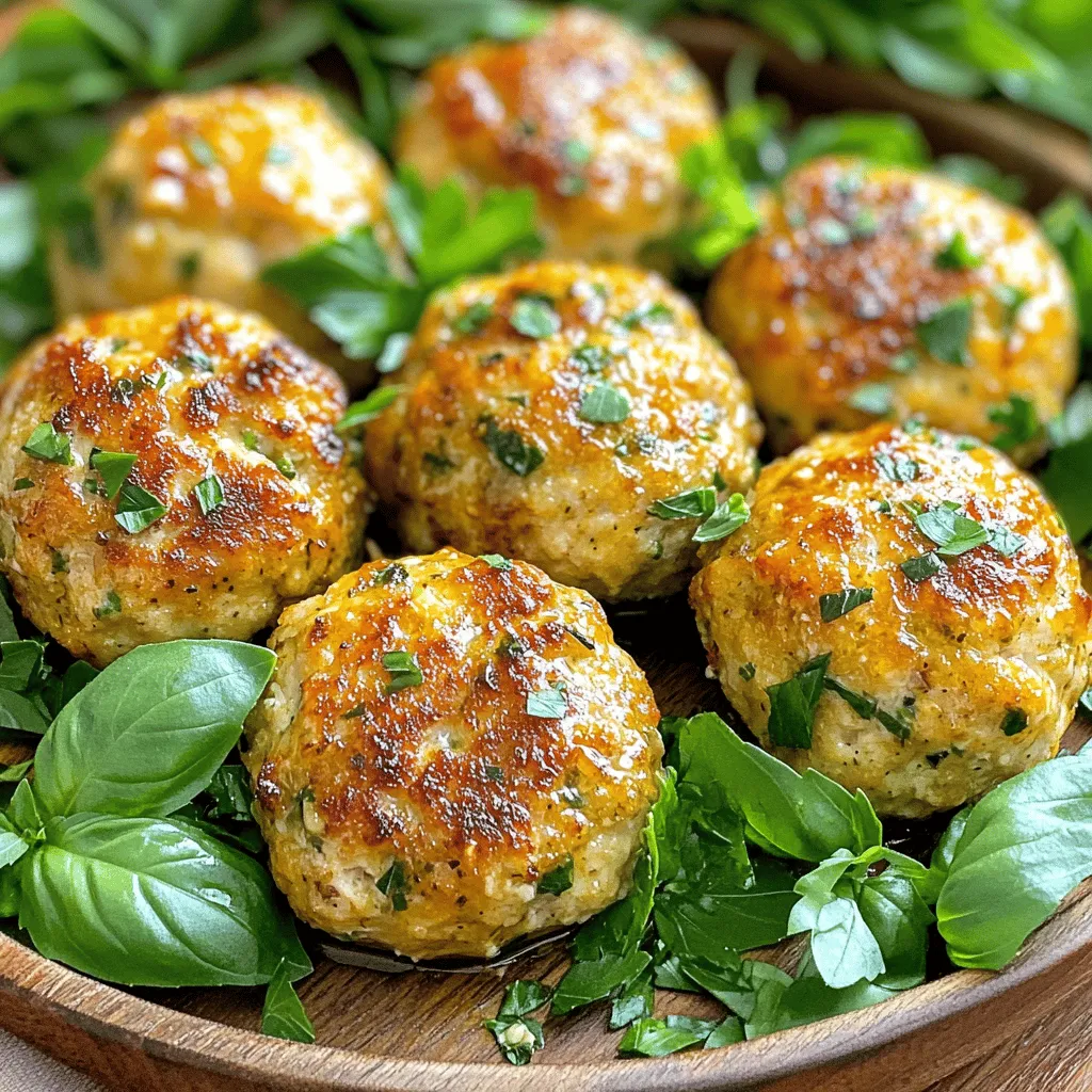 - 1 pound ground chicken - 3 cloves garlic, minced - 1/4 cup fresh parsley, chopped - 1/4 cup fresh basil, chopped - 1/2 teaspoon dried oregano - 1/4 cup breadcrumbs - 1/4 cup grated Parmesan cheese - 1 egg - Salt and pepper to taste - 2 tablespoons olive oil (for frying) - Fresh herbs for garnish (optional) To begin making these delicious garlic herb chicken meatballs, gather all your main ingredients. Ground chicken forms the base. Garlic adds a punch of flavor, while parsley and basil bring freshness. Dried oregano gives depth to the taste. The breadcrumbs and Parmesan cheese help bind the meatballs and add a savory touch. Don’t forget the egg, which holds everything together. Next, for seasoning, you’ll want to bring salt and pepper into play. These simple ingredients elevate the taste of the meatballs. Olive oil will be essential for frying. It gives the meatballs that golden, crispy exterior. If you like, use fresh herbs as a garnish for a pop of color and flavor. This blend of ingredients creates juicy, flavorful meatballs that are hard to resist. With these items ready, you're set to make a delightful meal! To start, combine all the ingredients in a large mixing bowl. You will need: - 1 pound ground chicken - 3 cloves garlic, minced - 1/4 cup fresh parsley, chopped - 1/4 cup fresh basil, chopped - 1/2 teaspoon dried oregano - 1/4 cup breadcrumbs - 1/4 cup grated Parmesan cheese - 1 egg - Salt and pepper to taste Mix these ingredients well, but be careful not to overmix. Overmixing can make the meatballs tough. You want a light touch to keep them tender and juicy. Next, preheat your skillet over medium heat and add olive oil. Use about 2 tablespoons. While the oil heats, form the chicken mixture into meatballs. Aim for about 1 to 1.5 inches in diameter. Once the oil is hot, add the meatballs to the skillet. Be sure not to overcrowd them. If your skillet is small, cook in batches. This helps them brown nicely. Cook the meatballs for about 5-7 minutes. Turn them gently so they brown evenly. Use a meat thermometer to check that they reach 165°F internally. After cooking, remove the meatballs from the skillet. Place them on a paper towel-lined plate. This step drains any excess oil, making them less greasy. Serve the meatballs warm. You can garnish with fresh herbs if you like. They look nice and add flavor! Enjoy your tasty garlic herb chicken meatballs. To make your meatballs juicy, start with good ground chicken. Use fresh herbs like parsley and basil for a burst of flavor. Mix the ingredients well but don’t overmix. Overmixing makes them tough. A light touch keeps them tender. Keep your meatballs about 1 to 1.5 inches wide. This size cooks evenly and stays moist. Common mistakes include using too much salt or not enough fat. Fat adds moisture, so don’t skip the olive oil. Also, avoid overcrowding the pan when you cook. This can steam the meatballs instead of browning them. You can pan-fry or bake your meatballs. Pan-frying gives them a nice crust and rich flavor. Heat olive oil in a skillet over medium heat. Cook them for about 5-7 minutes, turning gently. Make sure they reach an internal temperature of 165°F. If you bake, use a preheated oven at 400°F. Bake for about 20 minutes. If you make bigger meatballs, add a few extra minutes to the cooking time. Smaller ones cook faster, so check them often. Want to kick up the flavor? Try adding spices like paprika or chili flakes. A pinch of cayenne gives a nice heat. You can also mix in different herbs like thyme or cilantro for unique tastes. For dipping sauces, try a simple garlic aioli or a creamy ranch. Both pair well with these meatballs. You can also serve them with marinara sauce for a classic touch. {{image_2}} You can switch ground chicken for other meats. Ground turkey works well here. It has a similar taste but is leaner. If you prefer beef, use ground beef for a richer flavor. For a meatless version, try using plant-based ground meat. This option keeps the same texture and taste. You can also mix in some lentils or chickpeas for a healthy twist. Adding veggies can boost the flavor and nutrition. Chop up spinach or bell peppers and mix them in. This addition gives the meatballs more color and crunch. Cheese can also change the flavor. Try adding mozzarella for a gooey inside. Feta cheese adds a salty kick. Experiment with your favorites to find the best mix. These meatballs are great with different sides. Serve them over pasta with marinara sauce. They also pair well with rice or a fresh salad. Want to make them fun? Turn the meatballs into sliders. Use small buns and add toppings like lettuce and tomato. They make perfect appetizers for parties, too! To keep your cooked meatballs fresh, place them in an airtight container. Make sure to let them cool first. Store them in the fridge for up to three days. If you want to eat leftovers, check for any off smells. If they smell bad, throw them out. Freezing meatballs is simple. First, let them cool completely. Arrange them in a single layer on a baking sheet. Freeze for about one hour, then transfer them to a freezer bag. This method keeps them from sticking together. When you want to eat them, thaw in the fridge overnight. Reheat in a skillet over medium heat until warm. Cooked meatballs last three days in the fridge. If they sit longer, they may spoil. Signs of spoilage include odd smells or a slimy texture. To extend freshness, always store meatballs in airtight containers. This keeps air out and helps prevent drying. You can use ground turkey for a leaner option. It has a mild flavor, similar to chicken. Ground beef works well too, adding a richer taste. If you want a meatless choice, try crumbled tofu or chickpeas. Both will soak up flavors nicely. To keep your meatballs from falling apart, avoid overmixing the meat. Mix until just combined. Adding breadcrumbs helps too, as they absorb moisture. Make sure the meatballs are well-formed and compact. Cooking them in batches prevents overcrowding, which helps them hold together. Yes, you can make these meatballs ahead of time. Form them and store them in the fridge for up to two days. You can also freeze them for longer storage. Just cook them straight from frozen. This makes meal prep easy and quick. Garlic herb chicken meatballs are simple and tasty. We covered the key ingredients, step-by-step cooking, and smart tips. You learned about alternatives and storage options too. Now you can make delicious meatballs your way. Experiment with flavors, adjust ingredients, and enjoy every bite. These tips will help you succeed in the kitchen. Happy cooking, and enjoy your meal!