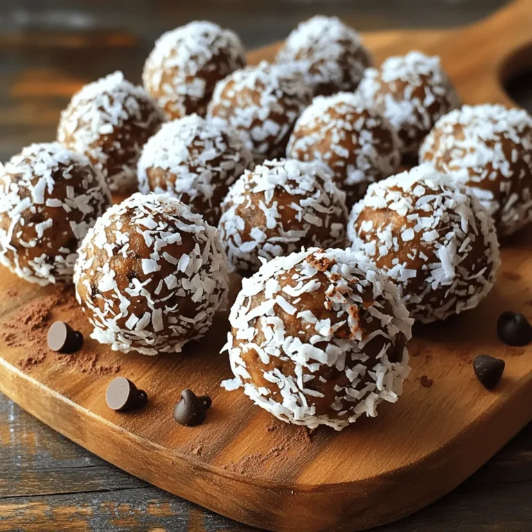 - 1 cup rolled oats - 1/2 cup almond butter (or peanut butter) - 1/3 cup honey (or maple syrup for a vegan option) These main ingredients form the base of our energy balls. The rolled oats give texture and fiber. Almond butter or peanut butter adds creaminess and healthy fats. Honey or maple syrup sweetens the mix and binds it all together. - 1/4 cup unsweetened cocoa powder - 1/2 cup shredded coconut (plus extra for rolling) - 1/4 cup dark chocolate chips (dairy-free if needed) These extra ingredients pack flavor and nutrition. Cocoa powder adds a deep chocolate taste. Shredded coconut gives a chewy texture and tropical vibe. Dark chocolate chips bring sweetness and richness. You can use dairy-free chips to keep it vegan. - 1 teaspoon vanilla extract - A pinch of sea salt Vanilla extract boosts the overall flavor. It makes everything taste more balanced and rich. A pinch of sea salt enhances the sweetness and brings out the chocolate flavor. These small touches make a big difference in your energy balls. Start by taking a big bowl. Add 1 cup of rolled oats. Then, scoop in 1/2 cup of almond butter or peanut butter. Next, pour in 1/3 cup of honey or maple syrup. Don’t forget to add 1 teaspoon of vanilla extract. Mix it all together until it forms a sticky dough. This base gives your energy balls texture and flavor. Now it’s time to add some rich taste. Stir in 1/4 cup of unsweetened cocoa powder. This gives the balls that chocolatey goodness. Next, add 1/2 cup of shredded coconut. Toss in 1/4 cup of dark chocolate chips for extra sweetness. Finish with a pinch of sea salt to balance flavors. Mix until everything is well combined. You will love the smell of this mixture! Once your mixture is ready, it’s time to shape the balls. Use your hands to scoop out about a tablespoon of the mixture. Roll it into a ball. Keep doing this until you form all the mixture into balls. Each ball should be about the size of a golf ball. This makes them easy to eat and perfect for snacking. To make your energy balls firm, place them on a baking sheet. Line the sheet with parchment paper to avoid sticking. Refrigerate them for at least 30 minutes. This step is key to getting the right texture. After they firm up, you can take them out and enjoy a tasty, nutritious snack. To get the right dough texture, start with the base. Mix rolled oats, nut butter, and honey well. If the mixture is too dry, add a splash of water or extra nut butter. If it's too wet, add a bit more oats or cocoa powder. This way, you can adjust until it feels just right. A good dough should stick together but not be overly sticky. Coating your energy balls in coconut is fun! After shaping the balls, roll them in shredded coconut. Do this on a plate for easy cleanup. To help the coconut stick, you can lightly dampen the balls with a little water or nut butter before rolling. This gives them a great look and extra flavor. Want to boost the taste? Try adding a dash of cinnamon or a few chopped nuts. You can also mix in dried fruit like cranberries or raisins for sweetness. Dark chocolate chips add richness, too. Remember, the more you experiment, the more fun these treats become! {{image_2}} If you want to make these energy balls nut-free, you can switch the almond butter. Try using sunflower seed butter or pumpkin seed butter instead. These options still give you a creamy texture. They add a nice flavor too. Get creative with different add-ins! You can mix in dried fruits like cranberries or apricots. Seeds like chia or flaxseed also work great. These additions can boost the flavor and nutrients. Try adding protein powder for an extra health kick! To make the energy balls fully vegan, use maple syrup instead of honey. If you want a creamier base, pick a nut-free butter. You can use tahini or sunflower seed butter. These swaps ensure everyone can enjoy this tasty snack! To keep your energy balls fresh, use an airtight container. This prevents air and moisture from getting in. Store the container in the fridge. You can also place a piece of parchment paper between layers if you stack them. This helps avoid sticking. These energy balls last up to one week in the fridge. After that, they may lose their taste and texture. To enjoy them at their best, eat them within this time frame. Check for any signs of spoilage, like off smells or changes in color. You can freeze energy balls for longer storage. Place them in a single layer on a baking sheet, then freeze for about an hour. Once frozen, transfer them to an airtight container or freezer bag. They can last for up to three months in the freezer. To thaw, simply leave them in the fridge overnight before enjoying. To make these energy balls gluten-free, use certified gluten-free rolled oats. Many brands offer gluten-free oats that are safe for those with gluten sensitivity. Just check the label to ensure they are certified. This way, you can enjoy your snack without worry. Yes, you can use other sweeteners. Try agave syrup or brown rice syrup as alternatives to honey or maple syrup. If you want a low-calorie option, consider using stevia or monk fruit sweetener. Just adjust the amount to taste, as some sweeteners are stronger than others. Each energy ball has about 100 calories. They also provide healthy fats, fiber, and protein. Here’s a quick breakdown of nutrients per serving: - Calories: 100 - Protein: 2g - Carbohydrates: 12g - Fat: 5g - Fiber: 2g These energy balls pack a nutritious punch! Making these energy balls takes about 15 minutes. After mixing, chill them for at least 30 minutes. So, you can enjoy them in under an hour! These energy balls are easy to make and great for snacking. We covered ingredients like oats, nut butter, and sweeteners. You learned how to mix, shape, and store them, plus tips for flavor and texture. No matter your diet, options are available for nut-free and vegan needs. Enjoy making your own energy balls and experimenting with different flavors. They’re simple, tasty, and healthy. You'll have a fun snack ready in no time!
