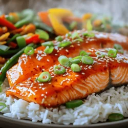 For this tasty dish, you will need: - 4 salmon fillets (6 ounces each) - 1/4 cup sweet chili sauce - 2 tablespoons soy sauce - 1 tablespoon honey - 1 tablespoon sesame oil - 2 cloves garlic, minced - 1 inch fresh ginger, grated - 1 tablespoon lime juice - 1 tablespoon rice vinegar These main ingredients give the salmon its sweet and savory kick. The salmon is rich and buttery, while the sweet chili sauce adds a lovely glaze. To make the salmon even better, add these seasonings: - Salt and pepper to taste These simple seasonings enhance the flavors of the salmon. They help balance the sweetness and make every bite pop. To make your dish look great, use these garnishes: - 2 green onions, thinly sliced - Sesame seeds for garnish These garnishes add a fresh touch and a bit of crunch. They not only make your meal pretty but also add extra flavor. Serve the salmon on a bed of jasmine rice or quinoa, and drizzle more sweet chili sauce on top for a colorful finish. To make the marinade, start with a medium bowl. Combine these ingredients: - 1/4 cup sweet chili sauce - 2 tablespoons soy sauce - 1 tablespoon honey - 1 tablespoon sesame oil - 2 cloves garlic, minced - 1 inch fresh ginger, grated - 1 tablespoon lime juice - 1 tablespoon rice vinegar Whisk everything together until it's well mixed. This sweet and tangy mix adds great flavor to your salmon. Next, season your salmon fillets with a pinch of salt and pepper on both sides. This simple step enhances the taste. Place the salmon in a shallow dish or a zip-top bag. Pour the marinade over the salmon, making sure it's covered well. Let it marinate for at least 30 minutes. If you have time, let it sit in the fridge for up to 2 hours. This wait makes the salmon more tasty. You can cook the salmon either by grilling or baking. Grilling: Preheat your grill to 400°F (200°C). Oil the grate to stop the salmon from sticking. Remove the salmon from the marinade, but save it for later. Grill the salmon skin-side down for about 5-6 minutes. Carefully flip the fillets, baste with the marinade, and grill for another 4-5 minutes. The salmon is done when it flakes easily. Baking: If you choose to bake, line a baking sheet with parchment paper. Place the salmon on the sheet. Bake for 12-15 minutes. Remember to baste with the reserved marinade halfway through cooking. Both methods will give you a delicious dish. After cooking, let the salmon rest for a couple of minutes. This step helps keep it juicy. Enjoy your sweet chili glazed salmon! For the best flavor, marinate your salmon. Use this simple marinade: - 1/4 cup sweet chili sauce - 2 tablespoons soy sauce - 1 tablespoon honey - 1 tablespoon sesame oil - 2 cloves garlic, minced - 1 inch fresh ginger, grated - 1 tablespoon lime juice - 1 tablespoon rice vinegar Mix these ingredients in a bowl. Pour the marinade over the salmon. Allow it to sit for at least 30 minutes. Longer marinating, up to 2 hours, boosts the flavor. Keep the salmon in the fridge while it marinates. This keeps it fresh and tasty. Cook your salmon until it flakes easily. If grilling, place it skin-side down. Cook for 5-6 minutes before flipping. Then, baste it with the marinade and grill for another 4-5 minutes. If baking, place the salmon on a lined sheet. Bake for 12-15 minutes, basting halfway. The salmon is done when it turns a nice pink and flakes with a fork. Serve your glazed salmon on a bed of jasmine rice or quinoa. Add stir-fried vegetables for a colorful plate. For extra flavor, drizzle some sweet chili sauce on top. Garnish with green onions and sesame seeds for a nice touch. This adds flavor and makes the dish look pretty. Enjoy your meal! {{image_2}} You can switch up the sweet chili sauce for other sauces. Try teriyaki sauce for a rich flavor. You can also use honey mustard for a tangy kick. A spicy Sriracha mix adds heat if you like it hot. Each option brings a unique taste to the salmon. Salmon is great, but you can use other fish, too. Trout works well with the same glaze. Mahi-mahi is another tasty choice; it has a firm texture. Even tilapia can take on the sweet chili flavor. Just make sure to adjust the cooking time based on the thickness of the fish. Spices can make your salmon shine. Add paprika for smokiness or cumin for warmth. Fresh herbs like cilantro or basil can brighten the dish. A pinch of chili flakes can add heat, too. Mix and match to find your favorite flavor combo! To store leftover sweet chili glazed salmon, let it cool first. Then, wrap the salmon tightly in plastic wrap or foil. You can also place it in an airtight container. Make sure to keep it in the fridge. It will stay fresh for up to three days. If you want to enjoy it later, freezing is a great option. To reheat your salmon, preheat your oven to 350°F (175°C). Place the salmon on a baking sheet lined with parchment paper. Cover it with foil to keep it moist. Reheat for about 10-15 minutes. You can also use the microwave. Just heat it in short bursts of 30 seconds, checking often. This way, your salmon stays tasty and does not dry out. If you want to freeze your sweet chili glazed salmon, wrap it well in plastic wrap. Then, place it in a freezer bag or airtight container. Make sure to remove as much air as possible. This keeps the salmon fresh for up to three months. When you're ready to eat, thaw it overnight in the fridge before reheating. Enjoy your delicious meal anytime! You can check if salmon is cooked by looking at its color. The flesh should change from a bright red to a light pink. Use a fork to gently flake the salmon. If it flakes easily, it is done. The internal temperature should reach 145°F (63°C) for safety. It is best to avoid overcooking, as this can dry out the fish. Yes, you can use fresh ingredients! Using fresh garlic, ginger, and lime juice can enhance the flavors. If you want to make your own sweet chili sauce, blend red chilies, sugar, and vinegar. This allows you to control the taste and heat level, making your dish even more delicious. Many side dishes go well with Sweet Chili Glazed Salmon. Here are some great options: - Steamed jasmine rice - Quinoa - Stir-fried vegetables - Roasted asparagus - A fresh green salad These sides balance the sweet and spicy flavors of the salmon. In this post, we explored how to create a delicious sweet chili glazed salmon. We covered key ingredients, like the marinade and garnishes, and shared cooking methods like grilling and baking. I provided helpful tips for marinating and serving, along with variations using different fish and sauces. Remember to store leftovers properly and follow reheating tips for the best taste. With this knowledge, you can make a tasty dish that shines at any meal. Enjoy cooking and sharing your sweet chili glazed salmon creation!