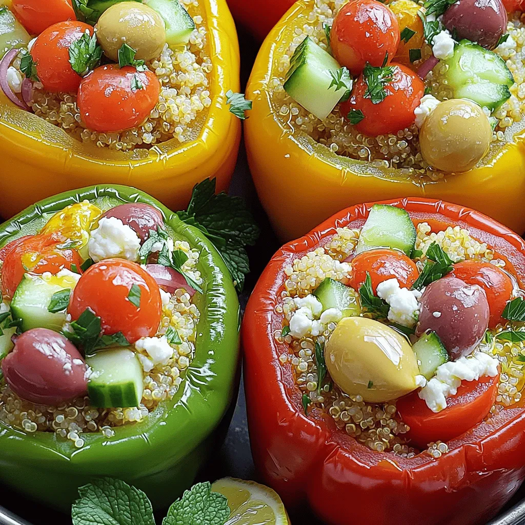 - 4 large bell peppers (any color) - 1 cup cooked quinoa (or couscous) - 1 cup cherry tomatoes, halved - 1 cup cucumber, diced - 1/2 cup red onion, finely chopped - 1/2 cup Kalamata olives, pitted and sliced - 1/2 cup crumbled feta cheese - 2 tablespoons fresh parsley, chopped - 2 tablespoons fresh mint, chopped - 3 tablespoons olive oil - 2 tablespoons lemon juice - Salt and pepper to taste For this dish, I use fresh ingredients to bring out the best flavors. Bell peppers form the base, and I like a mix of colors. The quinoa or couscous adds great texture and nutrition. Cherry tomatoes and cucumber keep it light and fresh. Red onion gives a nice crunch and a bit of bite. Kalamata olives add a nice salty kick, while feta cheese brings creaminess. Fresh parsley and mint work together for a herbaceous touch. Olive oil and lemon juice dress the filling, making it bright and zesty. You can also adjust the salt and pepper to fit your taste. The goal is to create a colorful and tasty filling that shines through the peppers. - Preheat your oven to 375°F (190°C). - Slice the tops off the bell peppers and remove the seeds. Place them upright in a baking dish. - In a large bowl, mix cooked quinoa, cherry tomatoes, cucumber, red onion, olives, feta, parsley, and mint. - In a small bowl, whisk together olive oil, lemon juice, salt, and pepper. - Pour the dressing over the quinoa mixture and stir until coated. - Carefully spoon the filling into each bell pepper. Press down to pack it in. - Drizzle a bit of olive oil over the tops of the stuffed peppers for extra flavor. - Cover the dish with foil and bake for 25 minutes. - Remove the foil and bake for another 10-15 minutes until the peppers are tender and charred. - Let cool for a few minutes before serving. Garnish with extra parsley or mint if you like. - Bake for a total of 35-40 minutes for perfect peppers. - Serve warm, with a side salad or tzatziki for a refreshing touch. - How to select the best peppers: Choose firm peppers with no soft spots. Bright colors mean fresh taste. I like red, yellow, and green peppers for their sweetness. - Ensuring the stuffing stays moist: Use enough olive oil and lemon juice in your mixture. Mixing in diced tomatoes helps add moisture. You want a blend that is juicy but not watery. - Adding spices or herbs for additional flavor: Try oregano or dill for a Greek twist. A pinch of cumin or paprika can add warmth. Fresh herbs elevate the dish's taste. - Tips for adjusting the recipe to taste: If you like heat, add red pepper flakes. For a tangy kick, squeeze in more lemon juice. Taste as you mix to find your perfect balance. - Garnishing ideas for serving: Top with extra crumbled feta and fresh parsley. A drizzle of olive oil adds shine and flavor. - Creative plating suggestions: Arrange peppers on a colorful platter. Add a side of simple salad to make a lovely meal display. A sprinkle of sesame seeds can add crunch and flair. {{image_2}} If you want to mix things up, try using rice instead of quinoa or couscous. Brown rice adds a nutty flavor, while white rice is milder. Both will work well in the stuffed peppers. You can also use other grains like farro or barley for a different texture. You can swap out the filling veggies too. Instead of cherry tomatoes, try using diced bell peppers or zucchini. For a bit of crunch, add shredded carrots or even corn. The options are endless, so feel free to get creative! This recipe can easily fit different diets. For a vegetarian option, simply skip the feta cheese or use a dairy-free substitute. If you're vegan, replace the feta with a nut-based cheese or omit it entirely. You still get great flavors from the veggies and herbs. If gluten is a concern, quinoa is naturally gluten-free. Just make sure to check if any other ingredients, like the olive oil or spices, are certified gluten-free. You can enjoy this dish without worry! Greek cuisine has many regional twists, and you can explore those in your stuffing. For instance, some areas use rice mixed with ground meat. You can add a bit of ground turkey or beef for a heartier meal if you like. In other regions, people might include spices like cinnamon or allspice, giving a unique flavor. Consider mixing in some herbs like dill or oregano for an even more authentic taste. Embrace local flavors and make this dish your own! To keep your Greek veggie stuffed peppers fresh, follow these tips: - How to store leftovers: Allow the peppers to cool after cooking. Place them in an airtight container. Store them in the fridge for up to four days. - Best containers for storage: Use glass or BPA-free plastic containers. These keep the flavors locked in and prevent spills. When it's time to enjoy your leftovers, use these methods: - Tips for reheating without losing flavor: Reheat in an oven at 350°F (175°C). This keeps the peppers moist and warm. - Safe microwave methods: If you use the microwave, cover the peppers with a damp paper towel. This helps retain moisture. Freezing your stuffed peppers can extend their life: - How to freeze stuffed peppers successfully: Wrap each pepper tightly in plastic wrap. Place them in a freezer-safe bag. They can last for up to three months. - Thawing and reheating tips: Thaw peppers in the fridge overnight. Reheat in the oven or microwave as above to maintain flavor and texture. Can I make Greek Veggie Stuffed Peppers ahead of time? Yes, you can make Greek Veggie Stuffed Peppers ahead of time. Prepare the stuffing and fill the peppers. Cover and store them in the fridge. Bake them the next day for a quick meal. What can I serve with stuffed peppers? You can serve Greek salad, pita bread, or tzatziki sauce with stuffed peppers. These sides add fresh flavors and complement the dish well. How long do stuffed peppers last in the refrigerator? Stuffed peppers last about 3 to 5 days in the fridge. Store them in an airtight container to keep them fresh. Caloric content per serving Each serving of Greek Veggie Stuffed Peppers has about 300 calories. This makes it a light and healthy meal option. Nutritional benefits of key ingredients - Quinoa: A complete protein with fiber, good for digestion. - Kalamata olives: Provide healthy fats and antioxidants. - Feta cheese: Adds calcium and flavor without too many calories. - Bell peppers: High in vitamins A and C, great for your immune system. What to do if the peppers are too tough? If your peppers are tough, try roasting them longer. Bake them for an extra 10 minutes to soften. You can also blanch them in boiling water for a few minutes before stuffing. How to avoid soggy stuffing To avoid soggy stuffing, use cooked quinoa that is not overcooked. Drain any liquid from the vegetables before mixing. This keeps the stuffing dry and fluffy. This blog post covers how to make tasty Greek veggie stuffed peppers. We explored the ingredients needed, step-by-step instructions, and helpful tips. You learned how to choose the right peppers and enhance flavors. Variations for dietary needs and storage tips were also shared. Now, you’re ready to impress with this healthy dish. Enjoy cooking and sharing these stuffed peppers with friends and family!