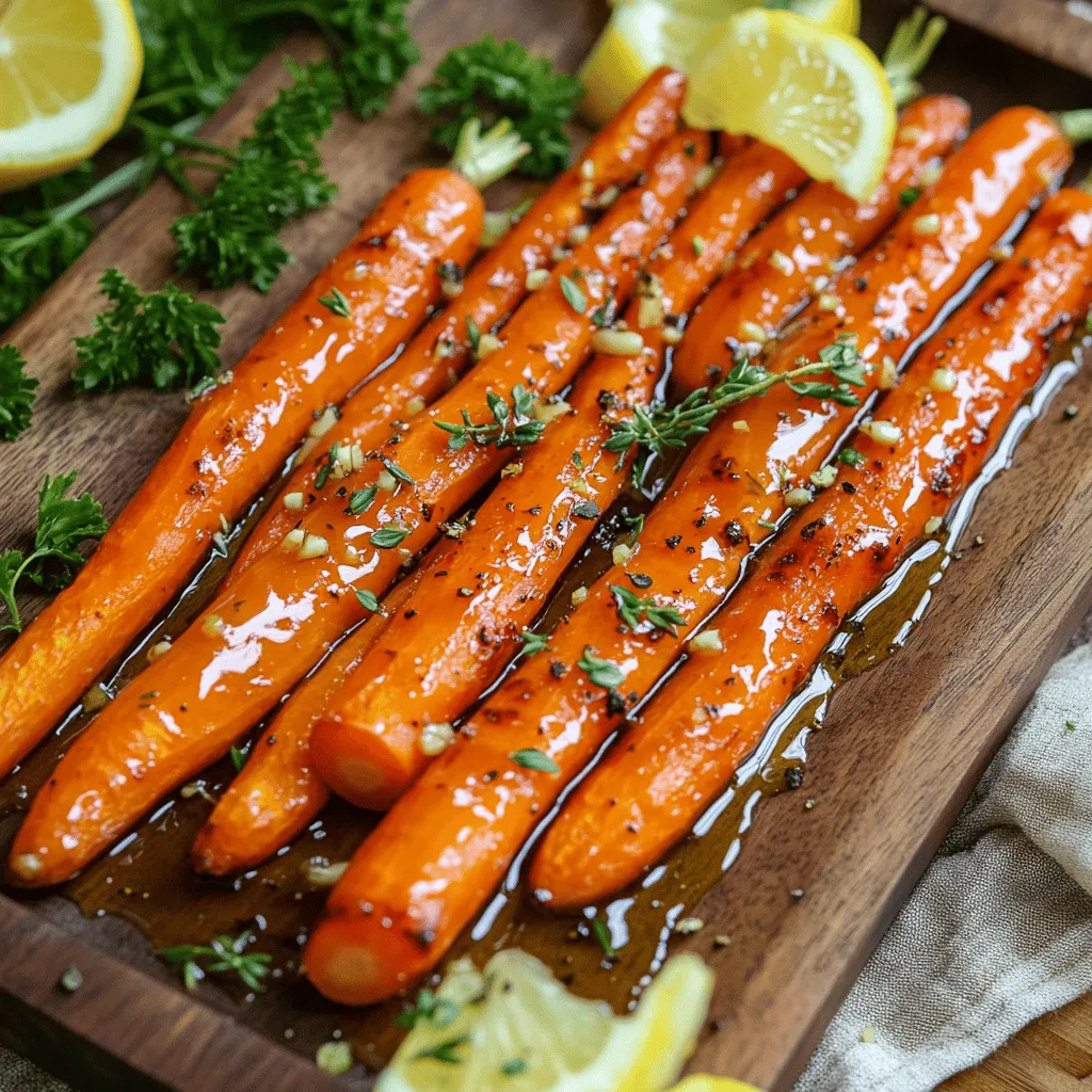 To make honey garlic roasted carrots, gather these simple ingredients: - 1 pound baby carrots (or 4 large carrots, sliced into sticks) - 3 tablespoons honey - 2 tablespoons olive oil - 3 cloves garlic, minced - 1 teaspoon fresh thyme leaves (or ½ teaspoon dried thyme) - 1 tablespoon balsamic vinegar - Salt and pepper to taste - Fresh parsley for garnish (optional) These ingredients work together to create a sweet and savory dish. The honey adds a nice glaze, while garlic gives depth. If you lack any of the main ingredients, don’t worry! Here are some easy substitutes: - Carrots: Use parsnips or sweet potatoes instead. They roast well too. - Honey: Maple syrup or agave nectar can replace honey for a similar sweetness. - Olive Oil: Any cooking oil, like canola or avocado oil, works well. - Thyme: Oregano or rosemary can add a different flavor twist. - Balsamic Vinegar: Apple cider vinegar or red wine vinegar will also taste great. These swaps can help you make the dish with what you have on hand! Carrots are not just tasty; they are also packed with nutrients. Here are some key benefits: - High in Vitamin A: This vitamin is essential for good vision and skin health. - Rich in Antioxidants: These help fight free radicals and improve overall health. - Good for Digestion: Carrots offer fiber, which aids digestion and keeps you full longer. - Low in Calories: They are a great choice for a healthy side dish without adding too many calories. Incorporating carrots into your diet can help you stay healthy while enjoying delicious food! To start, gather all your ingredients. You will need: - 1 pound baby carrots (or 4 large carrots, sliced into sticks) - 3 tablespoons honey - 2 tablespoons olive oil - 3 cloves garlic, minced - 1 teaspoon fresh thyme leaves (or ½ teaspoon dried thyme) - 1 tablespoon balsamic vinegar - Salt and pepper to taste - Fresh parsley for garnish (optional) Preheat your oven to 425°F (220°C). Grab a large mixing bowl. In it, mix the honey, olive oil, minced garlic, thyme, balsamic vinegar, salt, and pepper. Whisk until everything blends well. Next, toss the carrots in this mixture until they are fully coated. Now, lay the coated carrots on a baking sheet lined with parchment paper. This makes cleanup easy. Spread them out in a single layer. This helps them roast evenly. Place the baking sheet in the oven. Roast the carrots for 25-30 minutes. Stir them halfway to ensure even cooking. To check if the carrots are done, use a fork or knife. Insert it into a carrot. If it goes in easily, the carrots are tender. They should also look caramelized and slightly golden. Once done, remove them from the oven. Let them cool for a few minutes before serving. If you like, garnish with fresh parsley for a pop of color and flavor. To get that sweet, sticky finish, make sure your oven is hot. Preheat it to 425°F (220°C). When you roast carrots, spread them out in a single layer. This helps them cook evenly. If they touch, they will steam instead of roast. Stir them halfway through to help them brown nicely. Want to boost the flavor? Try adding a pinch of chili flakes for heat. You can also mix in some orange zest for a citrus twist. If you like herbs, fresh rosemary pairs well with honey and garlic. Feel free to play around with these ideas. It’s all about what you enjoy. For baby carrots, rinse them well under cold water. For large carrots, scrub them to remove dirt. Peel them if you prefer a smoother look. Cut them into sticks if you want more surface area for the glaze. This helps them soak up more flavor. Always aim for uniform sizes for even cooking. {{image_2}} You can change the taste of honey garlic roasted carrots by adding different herbs. Fresh rosemary adds a piney note. Dill brings a bright touch. If you like heat, try a pinch of red pepper flakes. These small changes can take your dish to new heights. If you want to switch things up, consider using maple syrup instead of honey. It gives a unique flavor that pairs well with carrots. Agave nectar is another good option. It has a mild taste and works just as well in this recipe. These alternatives can suit different dietary needs while keeping the dish sweet and tasty. Feel free to mix in other veggies with your carrots. Parsnips add a sweet, nutty flavor. Sweet potatoes can bring creaminess and depth. Broccoli or bell peppers can add color and crunch. Toss them in with the carrots, and adjust the roasting time as needed. This way, you create a colorful and healthy side dish that everyone will love. To store your honey garlic roasted carrots, let them cool first. Place them in an airtight container. You can keep them in the fridge for up to five days. Make sure to seal the container tightly. This keeps them fresh and tasty for later meals. Reheating your leftover carrots is easy. You can use the oven or a microwave. For the oven, preheat it to 350°F (175°C). Spread the carrots on a baking sheet. Heat for about 10 to 15 minutes until warm. In the microwave, place them in a bowl. Cover it with a lid or microwave-safe wrap. Heat in 30-second bursts until they reach your desired warmth. If you want to freeze honey garlic roasted carrots, first cool them completely. Place them in a freezer-safe bag or container. Squeeze out as much air as you can. They can last up to three months in the freezer. When you're ready to eat, thaw them overnight in the fridge. For best results, reheat in the oven to bring back their crispness. Yes, you can use regular carrots. Just slice them into sticks. Aim for similar sizes to ensure even cooking. This way, they roast evenly and taste great. These carrots pair well with many dishes. Try serving them with grilled chicken or fish. They also go well with rice or quinoa. A fresh salad can balance the sweetness, too. Leftovers last about three to five days in the fridge. Store them in an airtight container. Reheat them in the oven or microwave for best results. Enjoy them again as a tasty side! We covered a lot about making honey garlic roasted carrots. You learned about ingredients, preparation steps, and tips to get them just right. Each part plays a role in the flavor and texture. Remember, experimenting with herbs and seasonings can make your dish special. Proper storage will keep leftovers fresh and tasty. Enjoy your cooking journey! With these insights, your carrots will be a hit every time.