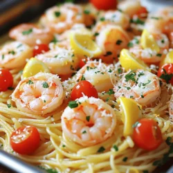 - Shrimp specifications: Use 1 pound of large shrimp, peeled and deveined. Large shrimp give a nice bite and cook quickly. - Alternative pasta options: You can swap spaghetti or linguine for other pasta types. Penne or fettuccine also work well. Gluten-free options like rice pasta are great too. - Key flavor ingredients: The main flavors come from 4 cloves of minced garlic, 1 lemon (zest and juice), and 1/4 cup of olive oil. These make the dish bright and tasty. Red pepper flakes add a touch of heat if you like spice. Start by bringing a large pot of salted water to a boil. Use about 1 tablespoon of salt for every 4 quarts of water. This adds flavor to the pasta. Once the water is boiling, add 8 ounces of spaghetti or linguine. Cook according to package instructions until it's al dente, usually about 8-10 minutes. After cooking, drain the pasta but save about 1/2 cup of the pasta water. This starchy water is key. You can use it later to adjust the sauce’s thickness. While the pasta cooks, heat 1/4 cup of olive oil in a large skillet over medium heat. Add 4 cloves of minced garlic and sauté for about 1 minute. This step makes the kitchen smell amazing. Be careful not to burn the garlic, as it can turn bitter. Next, add 1 pound of peeled and deveined shrimp to the skillet. Season with salt, pepper, and optional red pepper flakes. Cook for 2-3 minutes. Flip the shrimp halfway through. They should turn pink and opaque. This means they are cooked just right. Overcooked shrimp can become rubbery, so watch them closely. Once the shrimp are cooked, it’s time to add more flavor. Add 1/2 cup of halved cherry tomatoes, the zest of 1 lemon, and the juice of that same lemon to the skillet. Stir everything and cook for another minute. This lets the tomatoes soften and adds a fresh taste. Now, add the drained pasta to the skillet and toss everything together. If the pasta seems dry, pour in some of that reserved pasta water. This helps the sauce stick to the pasta and gives it a lovely finish. Finally, remove the skillet from heat. Toss in 1/4 cup of chopped fresh parsley. Adjust the seasoning if needed. Your Lemon Garlic Shrimp Pasta is now ready to enjoy! Using fresh herbs is key for this dish. Fresh parsley adds a bright taste. You can also try basil or cilantro for a new twist. For spice, adjust the red pepper flakes. If you're not a fan of heat, skip them or use less. You can use black pepper for a milder kick. To avoid overcooking shrimp, watch the color closely. They should turn pink and opaque in about 2-3 minutes. Flip them halfway for even cooking. For the pasta, aim for a 1:1 ratio with the sauce. If your pasta looks dry, add a splash of the reserved pasta water. This keeps everything creamy and smooth. {{image_2}} You can switch out shrimp for other seafood. Scallops or crab work great too. They add a sweet taste. You can also try clams or mussels for a fun twist. If you want a vegetarian dish, use mushrooms instead of shrimp. They soak up flavors well. You can also add more veggies. Spinach and bell peppers are tasty options. For gluten-free options, use rice or quinoa pasta. These types work well and taste good. Some brands mimic regular pasta closely. Whole grain pasta is also a great choice. It adds fiber and nutrients. The nutty flavor can enhance your dish too. You can use whole wheat spaghetti or linguine. Both pair nicely with the lemon and garlic. To keep your Lemon Garlic Shrimp Pasta fresh, store it in an airtight container. This helps prevent it from drying out. Place the pasta in the fridge within two hours of cooking. It should last for three to four days. When you reheat it, add a splash of olive oil or reserved pasta water. This keeps the dish moist and tasty. Heat it on the stove over low heat. Stir gently to warm it evenly. You can also use a microwave. Just cover the dish and heat in short bursts, stirring often. If you want to freeze Lemon Garlic Shrimp Pasta, it’s best to do so without the shrimp. Cook the pasta and sauce first, then let them cool. Place them in a freezer-safe container. This can last up to three months in the freezer. When you're ready to eat, thaw the pasta overnight in the fridge. For reheating, add fresh shrimp to a skillet. Cook until they turn pink. Then, mix in the pasta and sauce. Heat everything together until warm. This way, you’ll have a delicious meal ready in no time! How can I make this dish ahead of time? You can prepare the shrimp and sauce in advance. Cook the shrimp and mix in the garlic and lemon. Store this mixture in the fridge. When ready to eat, cook the pasta and combine it with the shrimp. Can I use frozen shrimp for this recipe? Yes, frozen shrimp works well. Just thaw them before cooking. You can place them in cold water for about 15 minutes. This quick thawing helps keep them tender. What’s the best way to reheat leftovers without compromising texture? Reheat the pasta gently in a skillet. Add a splash of water or olive oil. This helps to keep the shrimp moist and the pasta from drying out. Is it possible to make this dish without pasta? Absolutely! You can serve the shrimp over rice or quinoa. You can also use zucchini noodles for a lighter option. This keeps the flavors while changing the base. This blog post covered essential ingredients, cooking steps, and helpful tips for Lemon Garlic Shrimp Pasta. You learned about shrimp prep, pasta choices, and flavor-enhancing herbs. It’s easy to adjust this dish with swaps for seafood or pasta types. Storing and reheating tips ensure your meal stays tasty. Try this recipe to impress friends or family. With a few tweaks, you can make it your own. Enjoy creating a flavorful dish that’s simple and satisfying!