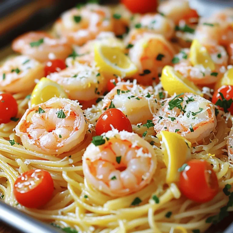 - Shrimp specifications: Use 1 pound of large shrimp, peeled and deveined. Large shrimp give a nice bite and cook quickly. - Alternative pasta options: You can swap spaghetti or linguine for other pasta types. Penne or fettuccine also work well. Gluten-free options like rice pasta are great too. - Key flavor ingredients: The main flavors come from 4 cloves of minced garlic, 1 lemon (zest and juice), and 1/4 cup of olive oil. These make the dish bright and tasty. Red pepper flakes add a touch of heat if you like spice. Start by bringing a large pot of salted water to a boil. Use about 1 tablespoon of salt for every 4 quarts of water. This adds flavor to the pasta. Once the water is boiling, add 8 ounces of spaghetti or linguine. Cook according to package instructions until it's al dente, usually about 8-10 minutes. After cooking, drain the pasta but save about 1/2 cup of the pasta water. This starchy water is key. You can use it later to adjust the sauce’s thickness. While the pasta cooks, heat 1/4 cup of olive oil in a large skillet over medium heat. Add 4 cloves of minced garlic and sauté for about 1 minute. This step makes the kitchen smell amazing. Be careful not to burn the garlic, as it can turn bitter. Next, add 1 pound of peeled and deveined shrimp to the skillet. Season with salt, pepper, and optional red pepper flakes. Cook for 2-3 minutes. Flip the shrimp halfway through. They should turn pink and opaque. This means they are cooked just right. Overcooked shrimp can become rubbery, so watch them closely. Once the shrimp are cooked, it’s time to add more flavor. Add 1/2 cup of halved cherry tomatoes, the zest of 1 lemon, and the juice of that same lemon to the skillet. Stir everything and cook for another minute. This lets the tomatoes soften and adds a fresh taste. Now, add the drained pasta to the skillet and toss everything together. If the pasta seems dry, pour in some of that reserved pasta water. This helps the sauce stick to the pasta and gives it a lovely finish. Finally, remove the skillet from heat. Toss in 1/4 cup of chopped fresh parsley. Adjust the seasoning if needed. Your Lemon Garlic Shrimp Pasta is now ready to enjoy! Using fresh herbs is key for this dish. Fresh parsley adds a bright taste. You can also try basil or cilantro for a new twist. For spice, adjust the red pepper flakes. If you're not a fan of heat, skip them or use less. You can use black pepper for a milder kick. To avoid overcooking shrimp, watch the color closely. They should turn pink and opaque in about 2-3 minutes. Flip them halfway for even cooking. For the pasta, aim for a 1:1 ratio with the sauce. If your pasta looks dry, add a splash of the reserved pasta water. This keeps everything creamy and smooth. {{image_2}} You can switch out shrimp for other seafood. Scallops or crab work great too. They add a sweet taste. You can also try clams or mussels for a fun twist. If you want a vegetarian dish, use mushrooms instead of shrimp. They soak up flavors well. You can also add more veggies. Spinach and bell peppers are tasty options. For gluten-free options, use rice or quinoa pasta. These types work well and taste good. Some brands mimic regular pasta closely. Whole grain pasta is also a great choice. It adds fiber and nutrients. The nutty flavor can enhance your dish too. You can use whole wheat spaghetti or linguine. Both pair nicely with the lemon and garlic. To keep your Lemon Garlic Shrimp Pasta fresh, store it in an airtight container. This helps prevent it from drying out. Place the pasta in the fridge within two hours of cooking. It should last for three to four days. When you reheat it, add a splash of olive oil or reserved pasta water. This keeps the dish moist and tasty. Heat it on the stove over low heat. Stir gently to warm it evenly. You can also use a microwave. Just cover the dish and heat in short bursts, stirring often. If you want to freeze Lemon Garlic Shrimp Pasta, it’s best to do so without the shrimp. Cook the pasta and sauce first, then let them cool. Place them in a freezer-safe container. This can last up to three months in the freezer. When you're ready to eat, thaw the pasta overnight in the fridge. For reheating, add fresh shrimp to a skillet. Cook until they turn pink. Then, mix in the pasta and sauce. Heat everything together until warm. This way, you’ll have a delicious meal ready in no time! How can I make this dish ahead of time? You can prepare the shrimp and sauce in advance. Cook the shrimp and mix in the garlic and lemon. Store this mixture in the fridge. When ready to eat, cook the pasta and combine it with the shrimp. Can I use frozen shrimp for this recipe? Yes, frozen shrimp works well. Just thaw them before cooking. You can place them in cold water for about 15 minutes. This quick thawing helps keep them tender. What’s the best way to reheat leftovers without compromising texture? Reheat the pasta gently in a skillet. Add a splash of water or olive oil. This helps to keep the shrimp moist and the pasta from drying out. Is it possible to make this dish without pasta? Absolutely! You can serve the shrimp over rice or quinoa. You can also use zucchini noodles for a lighter option. This keeps the flavors while changing the base. This blog post covered essential ingredients, cooking steps, and helpful tips for Lemon Garlic Shrimp Pasta. You learned about shrimp prep, pasta choices, and flavor-enhancing herbs. It’s easy to adjust this dish with swaps for seafood or pasta types. Storing and reheating tips ensure your meal stays tasty. Try this recipe to impress friends or family. With a few tweaks, you can make it your own. Enjoy creating a flavorful dish that’s simple and satisfying!