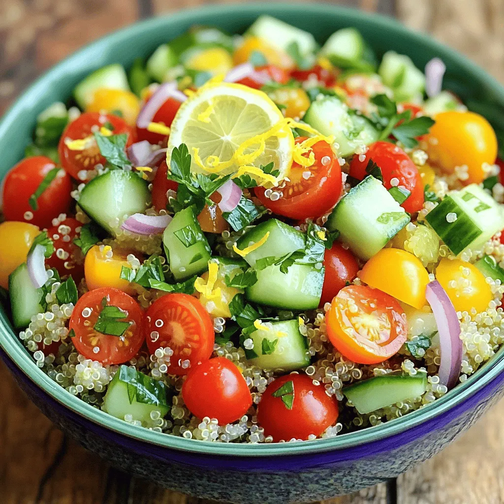 - 1 cup quinoa, rinsed - 2 cups vegetable broth (or water) - 1 cup cherry tomatoes, halved - 1 cucumber, diced - 1 bell pepper (red or yellow), diced - ½ red onion, finely chopped - ½ cup fresh parsley, chopped - ¼ cup fresh mint, chopped The star of this dish is quinoa. It is packed with protein and fiber. Rinsing the quinoa helps remove any bitter taste. Next, we have fresh vegetables. Cherry tomatoes add sweetness. Cucumbers bring crunch. Bell peppers add color and flavor. Red onions give a nice bite. Fresh herbs are key to the salad. Parsley and mint brighten the dish, making it fresh and lively. - ¼ cup olive oil - Juice of 2 lemons - Zest of 1 lemon - Salt and pepper to taste - Optional: ¼ cup feta cheese, crumbled (for a non-vegan option) Now, let’s talk about the dressing. Olive oil adds richness. Lemon juice gives a bright, tangy flavor. The zest of one lemon enhances the citrus taste. Salt and pepper balance everything. If you want, add feta cheese for creaminess. It brings a nice salty touch that pairs well with the fresh flavors in the salad. This combination of ingredients makes the Lemon Herb Quinoa Salad a fresh and flavorful delight. You can enjoy this salad cold or at room temperature, making it a perfect dish for any occasion. First, rinse 1 cup of quinoa under cold water. This step removes any bitter taste. Next, combine the rinsed quinoa with 2 cups of vegetable broth in a medium saucepan. Bring this mixture to a boil over medium heat. Once it boils, reduce the heat to low. Cover the pan and let it simmer for about 15 minutes. The quinoa will absorb the broth and become fluffy. After cooking, remove it from heat and let it cool for a few minutes. In a large bowl, combine the cooled quinoa with the fresh vegetables and herbs. Add 1 cup of halved cherry tomatoes, 1 diced cucumber, 1 diced bell pepper, and ½ finely chopped red onion. Then, fold in ½ cup of chopped fresh parsley and ¼ cup of chopped fresh mint. These herbs add freshness and a burst of flavor. Next, whisk together your dressing. In a small bowl, mix ¼ cup of olive oil, the juice of 2 lemons, and the zest of 1 lemon. Add salt and pepper to taste. Whisk until the dressing is well blended. Now it’s time to bring everything together. Pour the dressing over the quinoa and veggies. Gently toss the salad to coat all the ingredients evenly. This step ensures every bite is tasty. Taste the salad and adjust the seasoning if needed. If you want, gently fold in ¼ cup of crumbled feta cheese for added creaminess. Cover the salad and let it chill in the fridge for at least 30 minutes. This time helps the flavors meld and enhances the taste. Serve your lemon herb quinoa salad chilled or at room temperature. Enjoy the fresh and vibrant flavors! To make fluffy quinoa, rinse it well before cooking. This removes the bitter coating. Use a 2:1 ratio of liquid to quinoa. For each cup of quinoa, use two cups of vegetable broth or water. Bring the broth to a boil, then reduce the heat. Cover and simmer for about 15 minutes. After cooking, let it sit covered for 5 minutes. This helps the grains puff up nicely. Altitude can change cooking times. If you are at a higher altitude, the water boils at a lower temperature. You may need to increase the cooking time by a few minutes. Keep an eye on the quinoa, so it does not burn. You can add more herbs to boost the flavor. Consider adding cilantro, dill, or basil for a twist. A pinch of red pepper flakes can give it a nice kick. Refrigerating the salad is key. Let it chill for at least 30 minutes before serving. This allows all the flavors to blend well. It will taste even better the next day! {{image_2}} You can easily make this salad vegan. Just skip the feta cheese. The fresh veggies and herbs give it plenty of flavor. You won't miss the cheese at all. For gluten-free options, quinoa is a great choice. It is naturally gluten-free. Just make sure your vegetable broth is gluten-free too. This way, everyone can enjoy the salad. Feel free to swap in seasonal vegetables. Try adding diced zucchini or roasted corn. These veggies add color and taste to your salad. You can also play with dressings. Instead of the lemon dressing, use balsamic vinaigrette. A yogurt-based dressing also works well. Each choice gives the salad a unique twist. To keep your lemon herb quinoa salad fresh, use airtight containers. Glass containers work well, but plastic ones also do the job. Make sure to leave a little space in the container for air. This helps prevent sogginess. Store the salad in the fridge for up to three days. After that, the veggies may lose their crunch and flavor. Quinoa salad tastes best cold or at room temperature. If you prefer it warm, use the microwave. Place your salad in a microwave-safe dish. Heat it in short bursts of 20 to 30 seconds. Stir in between to heat evenly. Alternatively, you can use a skillet. Heat on low and stir gently until warmed. Avoid cooking it too long, as this can change the texture. How long does quinoa salad last in the fridge? Lemon herb quinoa salad lasts about 3 to 5 days in the fridge. Keep it in a tight container to stay fresh. The flavors may improve as it sits. Can lemon herb quinoa salad be made in advance? Yes, you can make this salad a day in advance. The salad tastes better after chilling. Just cover it well and store it in the fridge. Caloric content and health benefits of ingredients One serving has about 200 calories. Quinoa is high in protein and fiber. Fresh vegetables add vitamins and minerals. Olive oil provides healthy fats. Lemon juice gives a boost of vitamin C. How to increase protein content in the salad To add more protein, mix in chickpeas or black beans. These beans are tasty and healthy. You can also add grilled chicken or shrimp for extra protein. What to serve with lemon herb quinoa salad? This salad pairs well with grilled meats or fish. It also goes great with roasted veggies. Serve it as a side dish or a light main course. Best pairings for this dish Try serving it with a light vinaigrette or a yogurt sauce. A fresh fruit salad on the side adds a nice touch. Enjoy it with crusty bread for a full meal. This blog post covered making a delicious lemon herb quinoa salad. You learned about key ingredients like quinoa, fresh veggies, and herbs. We explored simple cooking steps and tips for perfect quinoa. You can customize this dish with various flavors and dietary options. Remember to store leftovers properly for freshness. Overall, this salad is tasty, healthy, and easy to make. Enjoy creating a dish that fits your taste and lifestyle!