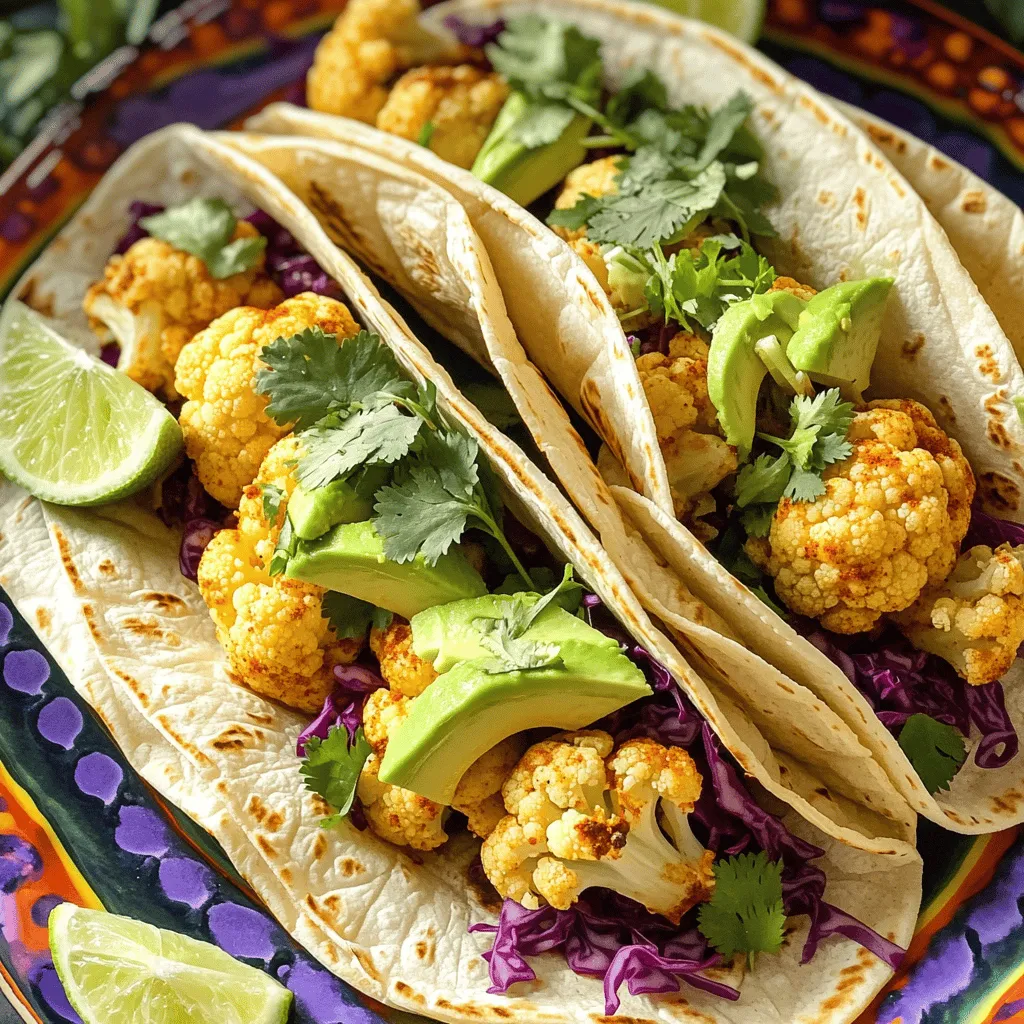 To make these tasty tacos, gather some key items. Here’s what you need: - 1 medium head of cauliflower, cut into bite-sized florets - 8 small corn tortillas - 1 avocado, sliced - 1/2 cup red cabbage, finely shredded - Fresh cilantro, chopped (for garnish) - Lime wedges (for serving) The cauliflower serves as the star of the dish. It’s the main ingredient that absorbs all the flavors. Flavor comes from the right seasonings and oils. Here’s what to use: - 2 tablespoons olive oil - 1 teaspoon chili powder - 1 teaspoon cumin - 1/2 teaspoon smoked paprika - Zest and juice of 1 lime - Salt and pepper to taste These spices add a kick to your cauliflower. The lime juice brings a refreshing zest that makes every bite pop. Toppings make your tacos special. Consider these options: - Sliced avocado for creaminess - Shredded red cabbage for crunch - Chopped fresh cilantro for a herbal note - Extra lime juice for added zing Feel free to mix and match your toppings. Each addition enhances the flavors and colors on your plate. Start by cutting your cauliflower into bite-sized florets. This size helps cook them evenly. In a large bowl, mix 1 medium head of cauliflower with 2 tablespoons of olive oil. Add 1 teaspoon each of chili powder and cumin. Include 1/2 teaspoon of smoked paprika for depth. Then, add the zest and juice of 1 lime. Finally, sprinkle in salt and pepper to taste. Toss everything together well. Make sure all the florets are coated nicely. Next, preheat your oven to 425°F (220°C). Spread the seasoned cauliflower on a baking sheet lined with parchment paper. This prevents sticking and makes cleanup easy. Roast it in the oven for 20-25 minutes. Stir the cauliflower halfway through cooking. You want it to be tender and lightly browned. This roasting gives it a great texture and flavor. While the cauliflower roasts, warm 8 small corn tortillas in a dry skillet over medium heat. Heat them for about 30 seconds on each side until soft. When the cauliflower is ready, take it out of the oven. Place a generous spoonful of roasted cauliflower on each tortilla. Next, top with sliced avocado and finely shredded red cabbage for crunch. Finally, garnish with fresh cilantro and a squeeze of lime juice if you like extra zest. Enjoy your tasty and vibrant tacos! To make the best roasted cauliflower, start by cutting it into small pieces. This helps it cook evenly and get crispy. Toss the florets well with olive oil and spices. Make sure every piece gets coated. This adds flavor to each bite. Roast at 425°F for 20-25 minutes. Stir halfway through to ensure even browning. Look for a golden color and a soft texture. That’s when it’s perfect! Warming tortillas is key for soft and tasty tacos. Heat a dry skillet over medium heat. Place each tortilla in the skillet for about 30 seconds. Flip it and warm the other side. This makes them flexible and easy to fold. You can also wrap them in a damp paper towel and microwave for 20-30 seconds. This method keeps them warm and soft. Make your tacos look amazing on the plate. Use a colorful platter to catch the eye. Arrange the tacos neatly. Add lime wedges for a fresh touch. A sprinkle of fresh cilantro adds color and flavor. For extra zing, drizzle lime juice over the tacos. This makes them pop on the plate and enhances the taste. {{image_2}} You can boost your tacos with different proteins. Try adding black beans for a hearty touch. They add nice texture and flavor. Grilled chicken or shrimp also works well. Just season them similarly to the cauliflower. This way, you keep that chili lime taste. You can also add tofu for a plant-based protein option. It soaks up flavors well, making every bite delicious. These tacos are already vegan with just a few tweaks. Use plant-based yogurt instead of sour cream if you like. You can also add roasted chickpeas for extra crunch. They add protein and fiber, making your meal more filling. Try different veggies, like bell peppers or zucchini, for added color and nutrients. This way, you keep things fresh and exciting. Salsa can elevate your tacos to the next level. Mango salsa adds sweetness that pairs well with the heat of the cauliflower. You can make it by mixing diced mango, onion, and lime juice. Another great option is a spicy avocado sauce. Blend ripe avocado with lime juice, garlic, and a touch of jalapeño. Drizzle it over your tacos for extra creaminess and spice. Don’t forget a classic pico de gallo, too! Each of these options adds a new layer of flavor to your dish. Store leftover cauliflower in an airtight container. It can stay fresh in the fridge for up to three days. To keep the taste, let it cool before sealing. If you have extra roasted cauliflower, use it in salads or grain bowls for quick meals. Tacos are best enjoyed fresh. If you have leftovers, keep the components separate. Place tortillas in a sealed bag. Store toppings, like avocado and cabbage, in airtight containers. This helps prevent sogginess. When ready to eat, reassemble the tacos for a delicious meal. To reheat the cauliflower, use an oven or air fryer. Preheat to 350°F (175°C). Place the cauliflower on a baking sheet for about 10 minutes. This method keeps it crispy and tasty. For tortillas, warm them in a skillet over low heat for 30 seconds on each side. Enjoy your flavorful tacos! Yes, you can use frozen cauliflower. Just thaw it first. Pat it dry to remove excess moisture. This helps it roast well and get crispy. If you skip this step, the tacos might get soggy. To make these tacos gluten-free, use corn tortillas. Always check the label to ensure they are certified gluten-free. Many brands offer great options that taste amazing. You can also add your favorite gluten-free toppings to enhance flavor. Many vegetables work well with these tacos. Try bell peppers for sweetness. Zucchini adds a nice texture. Roasted sweet potatoes give a creamy flavor. You can mix and match your favorites to create new tastes. Chili lime roasted cauliflower tacos are easy to make and delicious. We covered the main ingredients, seasonings, and toppings that bring out bold flavors. I shared step-by-step instructions for roasting and assembling your tacos. You learned tips for perfecting the dish and creative variations to keep it fresh. Store your leftovers properly to enjoy later. Remember, cooking is about fun and creativity. Try new ideas and make these tacos your own!