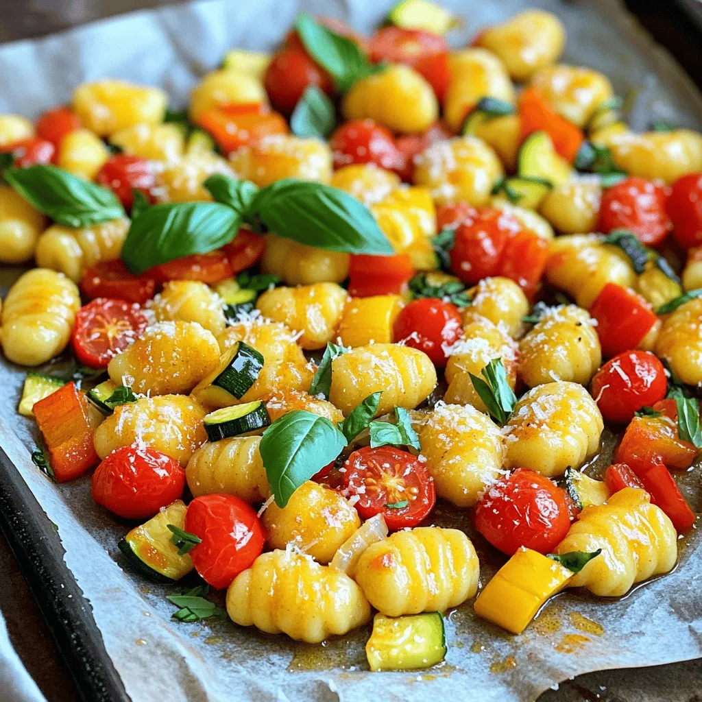- 1 pound gnocchi (fresh or shelf-stable) - 6 tablespoons unsalted butter, melted - 4 cloves garlic, minced - 1 cup cherry tomatoes, halved - 1 bell pepper, diced (any color) - 1 small zucchini, sliced - 1 teaspoon Italian seasoning - Salt and pepper to taste - Fresh basil leaves for garnish - Grated Parmesan cheese for serving (optional) In this recipe, we use simple yet flavorful ingredients. Gnocchi is the star. You can choose fresh gnocchi for a soft bite or shelf-stable for convenience. The unsalted butter adds richness, while the minced garlic brings a sharp, aromatic punch. Cherry tomatoes add juicy sweetness. Use any color bell pepper you like for crunch and color. A small zucchini adds a mild flavor and great texture. Italian seasoning ties it all together with its blend of herbs. For garnishes, fresh basil leaves add a fragrant finish. Grated Parmesan cheese enhances the dish with a salty, nutty note. Feel free to skip the cheese if you prefer a lighter meal. - Preheat your oven to 425°F (220°C). - Line a large sheet pan with parchment paper. This helps with cleanup. - In a bowl, combine 6 tablespoons of melted butter with 4 minced garlic cloves. - Mix well so the garlic flavors the butter. - Spread 1 pound of gnocchi on the pan. - Add 1 cup of halved cherry tomatoes, 1 diced bell pepper, and 1 sliced zucchini. - Drizzle the garlic butter over everything. - Sprinkle with 1 teaspoon of Italian seasoning, salt, and pepper to taste. - Toss the gnocchi and veggies to coat them well in the garlic butter. - Arrange everything in a single layer for even cooking. - Bake in the preheated oven for 20-25 minutes. - Stir the mixture halfway through for even cooking. - Look for golden, crispy gnocchi and tender veggies. To get crispy gnocchi, spread them in a single layer on the sheet pan. Crowding the pan traps steam and makes them soggy. Use enough space to let them crisp up. Preheat your oven to 425°F (220°C) for the best results. This hot temperature helps create a nice golden color. You can change the flavor by adding different seasonings. Try smoked paprika or chili flakes for a kick. For the garlic, roast it before mixing with butter. Roasting softens the taste and adds a sweet touch. You can roast whole cloves in the oven for 20 minutes until golden. Pair your gnocchi with a fresh salad or crusty bread. A simple arugula salad with lemon dressing works well. For drinks, serve it with a light white wine. A Pinot Grigio complements the dish nicely. If you prefer non-alcoholic, a sparkling water with lemon is refreshing. {{image_2}} You can swap out bell pepper and zucchini with other veggies. Try using broccoli or asparagus for a fresh twist. Carrots and snap peas add a nice crunch too. Seasonal vegetables, like squash in fall or green beans in summer, make great choices. You can also mix and match based on what you have. This flexibility keeps the dish exciting. Want to make this dish heartier? You can add chicken or sausage. Just cut them into bite-sized pieces and toss them with the gnocchi and veggies. If you prefer a vegetarian option, consider chickpeas or lentils. Tofu also works well and adds great texture. These proteins make your meal more filling and satisfying. Looking for gluten-free options? Many brands offer gluten-free gnocchi made from potatoes or cauliflower. For those who avoid dairy, try using olive oil instead of butter. Nutritional yeast can replace cheese and give a cheesy flavor. These swaps help everyone enjoy this recipe, no matter their diet. To keep your Sheet-Pan Garlic Butter Gnocchi fresh, store leftovers in the fridge. Place them in an airtight container. This helps to lock in flavor and moisture. Try to eat them within three days for the best taste. When reheating, you want to keep the gnocchi crispy. The best way is to use the oven. Preheat it to 350°F (175°C). Spread the gnocchi on a baking sheet. Heat for about 10-15 minutes. This will help avoid sogginess. Stir them once halfway through to ensure even heating. If you want to freeze leftovers, let them cool first. Then, place them in a freezer-safe container. You can also use freezer bags. Make sure to remove as much air as possible. To thaw, place the container in the fridge overnight. Reheat in the oven as mentioned above for the best texture. Yes, you can use frozen gnocchi. Just add a few extra minutes to the cooking time. For best results, do not thaw the gnocchi first. It roasts better from frozen. This keeps them fluffy inside while getting crispy outside. If you want a dairy-free option, try using olive oil or coconut oil. Both give a nice flavor. You can also use vegan butter as a direct swap. This helps keep the dish creamy without dairy. Absolutely! This dish is great for meal prep. You can make a big batch and store it in the fridge. Use airtight containers for the best storage. It tastes great for up to three days. Just reheat in the oven or microwave. This blog post shared how to make a tasty roasted gnocchi dish. We covered the main ingredients, including gnocchi, butter, and veggies. You now know how to prepare, roast, and serve it well. Remember, using fresh ingredients and following the steps helps you achieve the perfect dish. Keep exploring new veggies and proteins to enjoy different flavors. With a few tips, you can make this meal fit any diet. I hope you have fun cooking and enjoy every bite!