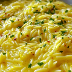 For Lemon Garlic Butter Orzo, you need simple, fresh ingredients that pack a punch. Here’s what to gather: - 1 cup orzo pasta - 3 tablespoons unsalted butter - 3 cloves garlic, minced - Zest of 1 lemon - 1/4 cup freshly squeezed lemon juice - 1/2 cup vegetable broth (or chicken broth) - Salt and pepper to taste - 1/4 cup grated Parmesan cheese - 2 tablespoons fresh parsley, chopped - 1/4 teaspoon red pepper flakes (optional) These ingredients create a bright and rich flavor. The orzo serves as a perfect base. It absorbs the zesty butter sauce well. The garlic gives warmth, while fresh lemon adds a tangy note. You can use either vegetable or chicken broth for depth. Salt and pepper balance the flavors. Finally, the Parmesan cheese adds creaminess, and parsley brings freshness to each bite. Feel free to add red pepper flakes for a bit of heat. This dish is adaptable to your taste. You can make it your own with these simple ingredients. - Bring salted water to a boil. - Cook orzo according to package instructions until al dente. Start by filling a medium pot with water. Add salt to the water as it heats. This step helps flavor the orzo. Once the water boils, add the orzo. Stir it gently to prevent sticking. Follow the package for cooking time, usually about 8-10 minutes. Once cooked, drain the orzo and set it aside. - Melt butter in a skillet. - Sauté minced garlic. - Add lemon zest and juice. While the orzo cooks, grab a large skillet. Heat the skillet over medium heat and add the butter. Let it melt slowly. Once melted, add the minced garlic. Cook it for about 1-2 minutes. You want it fragrant, not burnt. Next, mix in the lemon zest and juice. Cook for another minute, blending the flavors nicely. - Add vegetable broth to the skillet. - Stir in cooked orzo. - Season and mix in Parmesan cheese. Now, pour the vegetable broth into the skillet. Bring it to a gentle simmer. Let it reduce for about 3-4 minutes. Then, add the drained orzo. Stir it well, so each piece is coated with the buttery sauce. Season the dish with salt and pepper. If you like a bit of heat, add red pepper flakes. Finally, remove the skillet from heat. Stir in the grated Parmesan cheese until it melts and creates a creamy texture. Enjoy this dish with fresh parsley on top for a pop of color! To cook orzo just right, aim for al dente texture. This means the pasta should be firm but not hard. Follow the package instructions, which usually take about 8 to 10 minutes. After cooking, it’s important to rinse the orzo in cold water. This stops the cooking process and keeps the pasta from sticking together. To make this dish even tastier, consider adding fresh herbs. Basil or thyme can brighten the flavor. You can also adjust the acidity with more lemon juice. This will give the dish a fresh and zesty kick that pairs well with the butter. For a beautiful presentation, garnish your orzo with fresh parsley. This adds color and freshness. When plating, use a shallow bowl or a wide plate. This allows the orzo to spread out, making it look inviting. A sprinkle of extra Parmesan on top can also enhance the look and flavor. {{image_2}} You can easily add protein to Lemon Garlic Butter Orzo. For a meaty dish, try adding chicken or shrimp. Cook the chicken in the skillet first, then add garlic and follow the rest of the steps. For shrimp, add them after the garlic is fragrant. Cook until they turn pink. If you prefer a vegetarian option, consider chickpeas. They add protein and a nice texture. Simply mix them in with the orzo for a hearty meal. To make this dish even more exciting, try adding spices. A pinch of smoked paprika or Italian herbs can elevate the flavors. You can also incorporate vegetables. Fresh spinach or halved cherry tomatoes work well. Add them to the skillet after the garlic, and let them wilt before mixing in the orzo. This adds color and nutrients to your meal. If you need a gluten-free option, you can use gluten-free pasta. There are many types available, so choose one you like. Cook it according to the package's instructions. The cooking time may differ from regular orzo, so keep an eye on it. Once cooked, follow the same steps to mix it with the sauce. Enjoy a delicious meal that meets your dietary needs! To keep your Lemon Garlic Butter Orzo fresh, store it in the fridge. Use an airtight container to lock in flavor. Allow the orzo to cool down before sealing it, as this helps prevent moisture buildup. Label the container with the date, so you remember when you made it. You can enjoy leftovers for up to three days. When it's time to eat your leftovers, the best way to reheat them is on the stovetop. Add a splash of vegetable broth or water to the skillet to help revive the dish. Heat it gently over medium-low heat, stirring often. This keeps the orzo creamy and prevents it from drying out. You can also use a microwave, but be sure to cover it to keep moisture in. If you want to freeze your orzo, it's best to freeze the orzo and sauce separately. This way, both will maintain their texture when thawed. Use freezer-safe containers or bags, and make sure to remove as much air as possible. Label them with the date for easy reference. To thaw, simply move them to the fridge overnight before reheating. Orzo is a small pasta shaped like a grain of rice. Unlike rice, orzo cooks faster and has a softer texture. You can use orzo in salads, soups, or side dishes. It absorbs flavors well, making it perfect for dishes like Lemon Garlic Butter Orzo. Yes, you can make Lemon Garlic Butter Orzo ahead of time. Cook the orzo and sauce, then store them separately. When ready to serve, reheat and combine them. This helps keep the orzo from getting mushy. Lemon Garlic Butter Orzo pairs well with grilled chicken or shrimp. You can also serve it with a fresh salad or roasted vegetables. For a vegetarian option, consider adding chickpeas or sautéed spinach. Yes, you can easily make this dish vegan. Substitute the butter with olive oil or vegan butter. Use nutritional yeast instead of Parmesan cheese for a cheesy flavor. This keeps the dish rich and flavorful without dairy. To adjust the heat level, add red pepper flakes according to your taste. Start with a pinch and increase as desired. For more heat, you can also add a dash of hot sauce or chopped chili peppers during cooking. In this post, we explored how to make Lemon Garlic Butter Orzo. We covered ingredients, cooking steps, and tips for flavor and presentation. Remember to adjust the recipe with proteins or veggies to suit your taste. Store leftovers properly and consider freezing for later. This dish is easy and adaptable, perfect for any meal. Enjoy making this simple, flavorful recipe that will impress your friends and family.