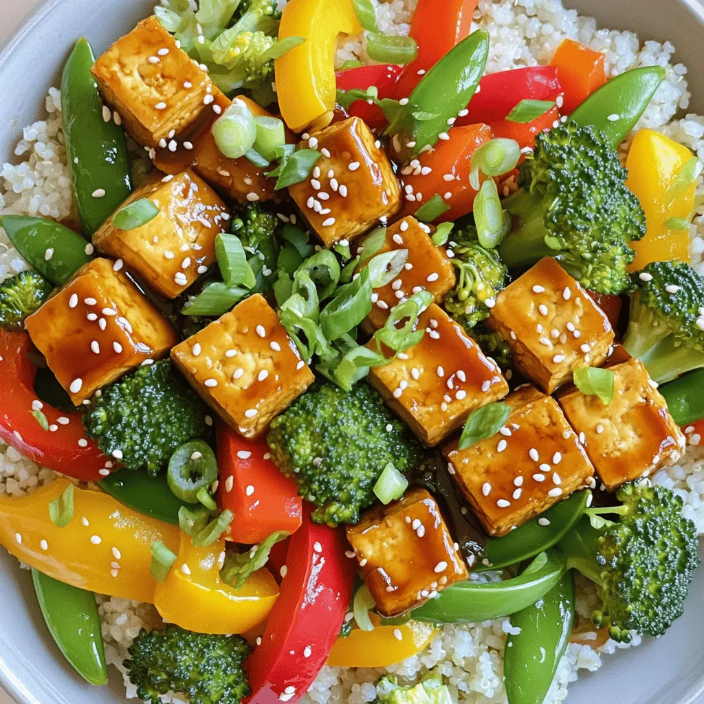 - 14 oz (400g) firm tofu, drained and cubed - 2 cups mixed bell peppers (red, yellow, green), sliced - 1 cup broccoli florets - 1 cup snap peas - 3 green onions, chopped - 3 tablespoons teriyaki sauce (homemade or store-bought) - 1 tablespoon sesame oil - 1 tablespoon vegetable oil - 1 teaspoon garlic, minced - 1 teaspoon ginger, minced - Cooked rice or quinoa, for serving - Sesame seeds, for garnish You can add more taste and color with these garnishes: - Chopped cilantro - Lime wedges - Crushed red pepper flakes You can switch some items to fit your taste: - Use tempeh instead of tofu for a firmer texture. - Swap snap peas for green beans or zucchini. - If you don’t have teriyaki sauce, try soy sauce mixed with a little honey. - For a nutty flavor, use peanut oil instead of sesame oil. These choices keep the dish fun and fresh! Start by pressing the tofu. Use a paper towel to soak up extra moisture. This step makes the tofu crispier. Cut the pressed tofu into bite-sized cubes. Aim for even pieces so they cook well. This process takes about 5 minutes. Next, heat a large non-stick skillet or wok. Add vegetable oil and let it warm. Once hot, add the cubed tofu in a single layer. Cook it for about 4-5 minutes. You want it golden brown on all sides. Stir occasionally to avoid sticking. After the tofu browns, push it to one side of the skillet. Add minced garlic and ginger in the empty space. Sauté for 30 seconds until fragrant. Then, add sliced bell peppers, broccoli florets, and snap peas. Stir-fry everything together for 3-4 minutes. The veggies should be tender-crisp. Now it's time to add flavor. Drizzle teriyaki sauce and sesame oil over the stir-fry. Toss everything so it's well coated. Let it cook for another minute to heat through. Finally, remove from heat and stir in chopped green onions. Serve hot over rice or quinoa, garnished with sesame seeds. Enjoy this quick meal! Tofu is key in this dish. You want it firm and golden. Start by pressing the tofu. Use a paper towel to soak up excess water. This step helps the tofu fry better. Cut it into small cubes. A good size is about an inch. This shape helps it cook evenly. When cooking, use a hot skillet. The vegetable oil should shimmer before adding tofu. This keeps the tofu from sticking and gives it a nice crust. Spice is all about personal taste. If you like it spicy, add some red pepper flakes. Start with a pinch and taste as you go. You can also add sriracha or chili sauce for heat. If you prefer mild flavors, skip the spice. The teriyaki sauce adds a sweet touch. You can balance the flavors to suit your taste buds. Always remember to taste your stir-fry before serving. Adjust the spice to make it perfect for you. Speed is important for this stir-fry. Have all your ingredients ready before you start. Chop the veggies and garlic in advance. This way, you won’t waste time while cooking. Use a large skillet or wok. This gives you more space to stir. Stir-frying means you cook over high heat for a short time. Keep everything moving in the pan to avoid burning. This method keeps the veggies crisp and colorful. Enjoy this quick meal on busy nights! {{image_2}} You can switch out the tofu for other proteins. Chicken, shrimp, or beef work well. Each protein adds its own flavor and texture. For a plant-based option, try chickpeas or tempeh. These choices help you enjoy the dish in new ways. Feel free to mix and match your veggies. Carrots, zucchini, and mushrooms can add great taste. You can also use frozen mixed vegetables if you’re in a hurry. Just remember to adjust the cooking time for softer veggies. The goal is to keep them tender-crisp. While teriyaki sauce is a classic, you can try other sauces. Soy sauce or hoisin sauce can offer a different flavor. Adding a splash of lime juice brightens the dish too. For heat, a dash of chili paste or sriracha kicks it up a notch. Try different seasonings to find your perfect blend! You can store leftover Minute Teriyaki Tofu Stir-Fry in an airtight container. Keep it in the fridge for up to three days. Make sure to let it cool first before sealing. This helps preserve the taste and texture. To reheat, use a non-stick skillet over medium heat. Add a splash of water or oil to keep the stir-fry moist. Stir it gently for about 3-5 minutes until hot. You can also use the microwave. Heat in short bursts of 30 seconds, stirring in between, until warm. If you want to freeze the stir-fry, place it in a freezer-safe container. It can last for up to two months. To thaw, move it to the fridge overnight. For quick meals, you can reheat it straight from the freezer. Just add a few extra minutes to your cooking time. This dish takes about 10 minutes to prep and 10 minutes to cook. You can have a tasty meal in just 20 minutes. It’s quick and perfect for busy days. Yes, you can use frozen vegetables. They work well in stir-fries. Just remember to cook them a bit longer to ensure they heat through. Fresh veggies add crunch, but frozen ones are a great time-saver. Yes, this recipe can be gluten-free. Use gluten-free teriyaki sauce to keep it safe for those with gluten issues. The tofu and vegetables are naturally gluten-free too. Check all labels to be sure. Making teriyaki sauce at home is easy. Mix these ingredients: - 1/4 cup soy sauce - 2 tablespoons honey or maple syrup - 1 tablespoon rice vinegar - 1 teaspoon sesame oil - 1 teaspoon cornstarch (mixed with 1 tablespoon water) Heat them in a pan until thickened. This sauce adds a fresh taste to your stir-fry. This post covered all you need to know about making tasty tofu dishes. We explored key ingredients and optional garnishes. I shared easy steps for preparing and sautéing tofu. You’ll find tips to perfect texture and adjust spice levels. We also discussed various protein and vegetable choices you can use. Finally, I outlined how to store leftovers and answered common questions. Tofu cooking is simple and fun. Enjoy trying different flavors and styles!