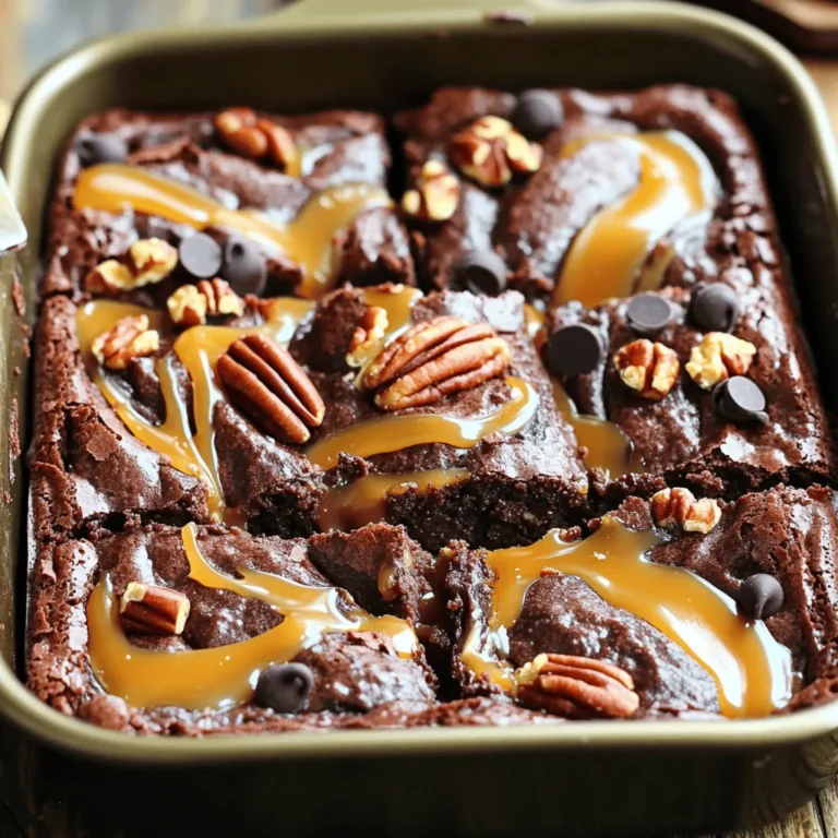 To make these tasty chocolate caramel turtle brownies, you need: - 1 cup unsalted butter, melted - 2 cups granulated sugar - 4 large eggs - 1 teaspoon vanilla extract - 1 cup all-purpose flour - 1 cup unsweetened cocoa powder - 1 teaspoon baking powder - 1/2 teaspoon salt - 1 cup chopped pecans (toasted if desired) - 1 cup caramel sauce (store-bought or homemade) - 1/2 cup chocolate chips Each ingredient plays a key role in the flavor and texture of the brownies. Butter gives the brownies a rich, moist base. Always use unsalted butter for better control over the salt content. Granulated sugar adds sweetness and helps with the chewy texture. Eggs bind the ingredients together and add moisture. Vanilla extract enhances the overall flavor. All-purpose flour provides structure, while cocoa powder gives that deep chocolate taste. Baking powder acts as a leavening agent, ensuring the brownies rise well. Salt balances the sweetness and brings out the flavors. Chopped pecans add a delightful crunch. Toasting them enhances their flavor. Caramel sauce adds that gooey, sweet layer. You can use store-bought or homemade, but I love making my own for extra richness. Chocolate chips melt and create chocolate pockets in every bite. For optional toppings, consider extra caramel sauce or a sprinkle of chopped pecans. You can also serve these brownies with a scoop of vanilla ice cream for a rich treat. Quality matters, so use the best ingredients you can find. Good ingredients equal great flavor! 1. Combining wet ingredients First, melt 1 cup of unsalted butter. Pour it into a large bowl. Add 2 cups of granulated sugar. Mix these well until smooth. Next, add 4 large eggs, one at a time. Stir after each egg. Finally, add 1 teaspoon of vanilla extract. 2. Mixing the dry ingredients In another bowl, sift together 1 cup of all-purpose flour, 1 cup of unsweetened cocoa powder, 1 teaspoon of baking powder, and 1/2 teaspoon of salt. Gradually mix this dry mix into the wet ingredients. Stir gently until just combined. 3. Incorporating chocolate chips and pecans Fold in 1 cup of chopped pecans and 1/2 cup of chocolate chips. Be gentle to keep the brownies soft. Make sure everything is well combined. 1. Pouring and layering the batter Pour half of the brownie batter into a greased 9x13 inch baking pan. Spread it evenly. 2. Drizzling caramel sauce Take 1 cup of caramel sauce and drizzle half over the batter. Use a spatula to spread the caramel lightly. 3. Tips for even layering Pour the remaining brownie batter on top of the caramel layer. Smooth it out with a spatula. Drizzle the last of the caramel sauce on top. You can add extra chocolate chips or pecans for garnish if you like. 1. Cooking time and temperature Preheat your oven to 350°F (175°C). Bake the brownies for 30-35 minutes. 2. How to test for doneness Use a toothpick to check if the brownies are done. Insert it in the center. It should come out mostly clean. A little stickiness is fine due to the caramel. 3. Recommended cooling time Let the brownies cool in the pan for at least 20 minutes. This helps them set before slicing. To get the best texture for your brownies, avoid overmixing. Mix just until you see no dry flour. Overmixing can lead to tough brownies. Every oven is different, so watch your baking time closely. Start checking for doneness at 30 minutes. A toothpick should come out mostly clean but a little sticky is fine due to the caramel. You can add spices like cinnamon or espresso powder for deeper flavor. A pinch of sea salt can also heighten the taste. For serving, warm brownies with a scoop of vanilla ice cream. The cold ice cream pairs well with the warm, gooey caramel. Whipped cream is another tasty option. Try drizzling extra caramel on top to make it extra special. One common mistake is over-baking. This can make brownies dry and crumbly. Always check a few minutes early. Not using enough caramel or toppings can dull the flavor. Make sure to drizzle generous amounts of caramel and add extra pecans or chocolate chips on top. These toppings give texture and flavor, enhancing your brownie experience. {{image_2}} If you're avoiding nuts, you can easily swap pecans for sunflower seeds. This keeps the crunch without the nut allergy risk. You might also try crispy rice cereal for a fun texture. Just remember, using seeds may change the flavor slightly. They will add a mild taste and still give a satisfying bite. You can use dark chocolate chips instead of milk chocolate for a richer taste. Dark chocolate adds depth to the brownies. If you love chocolate, consider adding a layer of chocolate ganache on top. To make ganache, simply heat equal parts cream and chocolate. Pour it over cooled brownies for a smooth finish. For a fun twist, try flavored caramel sauces. You can find salted caramel or even vanilla caramel at the store. Each flavor adds a new layer of taste. You can also infuse caramel with spices like cinnamon or ginger. Just warm the caramel and stir in your chosen spice. This gives your brownies an exciting flavor boost! To keep your brownies fresh, let them cool completely first. This helps keep the moisture inside. Once cool, cut them into squares. Place the squares in an airtight container. You can layer them with parchment paper to prevent sticking. Store them at room temperature for up to four days. If you want to keep them longer, the fridge is a good option. Just remember, they might dry out a bit in there. For the best storage, use a glass or plastic container with a tight lid. Avoid metal containers, as they can affect the taste. Make sure the container is clean and dry before adding the brownies. To freeze brownies, let them cool completely. Wrap each square in plastic wrap tightly. You can also place them in a freezer-safe bag. Make sure to squeeze out the air before sealing. This helps prevent freezer burn. You can freeze brownies for up to three months. When you want to enjoy your brownies, take them out of the freezer. Let them thaw in the fridge overnight. If you’re short on time, you can leave them at room temperature for about an hour. For reheating, place the brownies in the microwave for about 10-15 seconds. This warms them up nicely without making them dry. If you want them warm and gooey, serve them with a scoop of ice cream on top! Yes, you can make these brownies ahead of time. Here are some tips for prepping in advance: - Bake and cool: Make the brownies, let them cool completely, and then cut them into squares. - Store in the fridge: Place cooled brownies in an airtight container. They will stay fresh for up to five days. - Reheat if desired: You can warm them in the microwave for a few seconds before serving. This gives them a nice texture. To make these brownies gluten-free, consider these flour alternatives: - Almond flour: This adds a nutty taste and works well in brownies. - Coconut flour: Use less since it absorbs more liquid. You might need to add extra eggs. - Gluten-free all-purpose flour: This is a simple swap. Just use the same amount as regular flour. Serving suggestions and pairings can elevate your dessert. Here are some ideas: - Vanilla ice cream: The cold creaminess pairs nicely with warm brownies. - Whipped cream: A light dollop adds a nice touch. - Extra caramel drizzle: It enhances the flavor and looks great. - Chopped nuts: Sprinkle some on top for added crunch. Feel free to mix and match these ideas to suit your taste! In this post, we explored how to make chocolate caramel turtle brownies. We covered each ingredient's quality, important steps for making the batter, and baking tips to ensure great texture. I shared ways to avoid common mistakes and offered delicious variations. Remember, using quality ingredients and proper techniques makes all the difference. Experiment with flavors or toppings to make these brownies your own. Enjoy baking, and share your creations with friends and family!