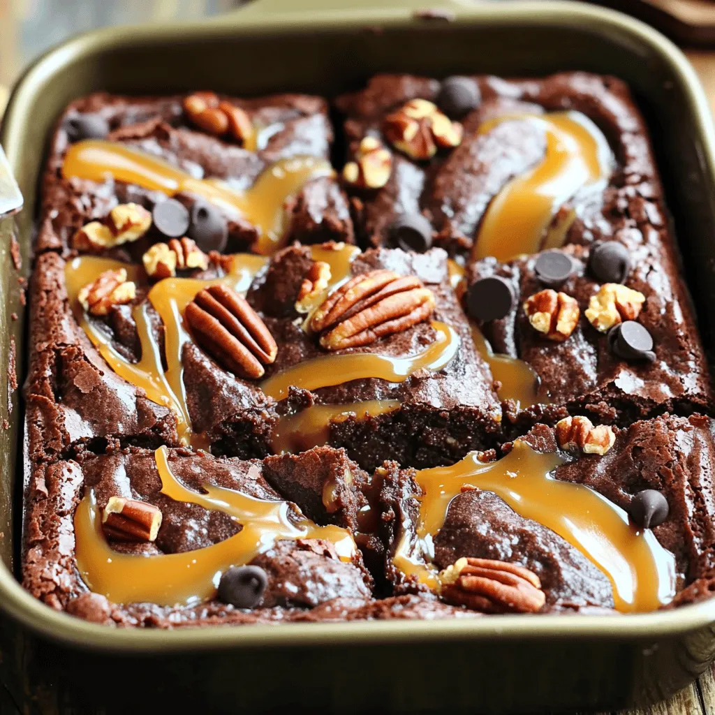 To make these tasty chocolate caramel turtle brownies, you need: - 1 cup unsalted butter, melted - 2 cups granulated sugar - 4 large eggs - 1 teaspoon vanilla extract - 1 cup all-purpose flour - 1 cup unsweetened cocoa powder - 1 teaspoon baking powder - 1/2 teaspoon salt - 1 cup chopped pecans (toasted if desired) - 1 cup caramel sauce (store-bought or homemade) - 1/2 cup chocolate chips Each ingredient plays a key role in the flavor and texture of the brownies. Butter gives the brownies a rich, moist base. Always use unsalted butter for better control over the salt content. Granulated sugar adds sweetness and helps with the chewy texture. Eggs bind the ingredients together and add moisture. Vanilla extract enhances the overall flavor. All-purpose flour provides structure, while cocoa powder gives that deep chocolate taste. Baking powder acts as a leavening agent, ensuring the brownies rise well. Salt balances the sweetness and brings out the flavors. Chopped pecans add a delightful crunch. Toasting them enhances their flavor. Caramel sauce adds that gooey, sweet layer. You can use store-bought or homemade, but I love making my own for extra richness. Chocolate chips melt and create chocolate pockets in every bite. For optional toppings, consider extra caramel sauce or a sprinkle of chopped pecans. You can also serve these brownies with a scoop of vanilla ice cream for a rich treat. Quality matters, so use the best ingredients you can find. Good ingredients equal great flavor! 1. Combining wet ingredients First, melt 1 cup of unsalted butter. Pour it into a large bowl. Add 2 cups of granulated sugar. Mix these well until smooth. Next, add 4 large eggs, one at a time. Stir after each egg. Finally, add 1 teaspoon of vanilla extract. 2. Mixing the dry ingredients In another bowl, sift together 1 cup of all-purpose flour, 1 cup of unsweetened cocoa powder, 1 teaspoon of baking powder, and 1/2 teaspoon of salt. Gradually mix this dry mix into the wet ingredients. Stir gently until just combined. 3. Incorporating chocolate chips and pecans Fold in 1 cup of chopped pecans and 1/2 cup of chocolate chips. Be gentle to keep the brownies soft. Make sure everything is well combined. 1. Pouring and layering the batter Pour half of the brownie batter into a greased 9x13 inch baking pan. Spread it evenly. 2. Drizzling caramel sauce Take 1 cup of caramel sauce and drizzle half over the batter. Use a spatula to spread the caramel lightly. 3. Tips for even layering Pour the remaining brownie batter on top of the caramel layer. Smooth it out with a spatula. Drizzle the last of the caramel sauce on top. You can add extra chocolate chips or pecans for garnish if you like. 1. Cooking time and temperature Preheat your oven to 350°F (175°C). Bake the brownies for 30-35 minutes. 2. How to test for doneness Use a toothpick to check if the brownies are done. Insert it in the center. It should come out mostly clean. A little stickiness is fine due to the caramel. 3. Recommended cooling time Let the brownies cool in the pan for at least 20 minutes. This helps them set before slicing. To get the best texture for your brownies, avoid overmixing. Mix just until you see no dry flour. Overmixing can lead to tough brownies. Every oven is different, so watch your baking time closely. Start checking for doneness at 30 minutes. A toothpick should come out mostly clean but a little sticky is fine due to the caramel. You can add spices like cinnamon or espresso powder for deeper flavor. A pinch of sea salt can also heighten the taste. For serving, warm brownies with a scoop of vanilla ice cream. The cold ice cream pairs well with the warm, gooey caramel. Whipped cream is another tasty option. Try drizzling extra caramel on top to make it extra special. One common mistake is over-baking. This can make brownies dry and crumbly. Always check a few minutes early. Not using enough caramel or toppings can dull the flavor. Make sure to drizzle generous amounts of caramel and add extra pecans or chocolate chips on top. These toppings give texture and flavor, enhancing your brownie experience. {{image_2}} If you're avoiding nuts, you can easily swap pecans for sunflower seeds. This keeps the crunch without the nut allergy risk. You might also try crispy rice cereal for a fun texture. Just remember, using seeds may change the flavor slightly. They will add a mild taste and still give a satisfying bite. You can use dark chocolate chips instead of milk chocolate for a richer taste. Dark chocolate adds depth to the brownies. If you love chocolate, consider adding a layer of chocolate ganache on top. To make ganache, simply heat equal parts cream and chocolate. Pour it over cooled brownies for a smooth finish. For a fun twist, try flavored caramel sauces. You can find salted caramel or even vanilla caramel at the store. Each flavor adds a new layer of taste. You can also infuse caramel with spices like cinnamon or ginger. Just warm the caramel and stir in your chosen spice. This gives your brownies an exciting flavor boost! To keep your brownies fresh, let them cool completely first. This helps keep the moisture inside. Once cool, cut them into squares. Place the squares in an airtight container. You can layer them with parchment paper to prevent sticking. Store them at room temperature for up to four days. If you want to keep them longer, the fridge is a good option. Just remember, they might dry out a bit in there. For the best storage, use a glass or plastic container with a tight lid. Avoid metal containers, as they can affect the taste. Make sure the container is clean and dry before adding the brownies. To freeze brownies, let them cool completely. Wrap each square in plastic wrap tightly. You can also place them in a freezer-safe bag. Make sure to squeeze out the air before sealing. This helps prevent freezer burn. You can freeze brownies for up to three months. When you want to enjoy your brownies, take them out of the freezer. Let them thaw in the fridge overnight. If you’re short on time, you can leave them at room temperature for about an hour. For reheating, place the brownies in the microwave for about 10-15 seconds. This warms them up nicely without making them dry. If you want them warm and gooey, serve them with a scoop of ice cream on top! Yes, you can make these brownies ahead of time. Here are some tips for prepping in advance: - Bake and cool: Make the brownies, let them cool completely, and then cut them into squares. - Store in the fridge: Place cooled brownies in an airtight container. They will stay fresh for up to five days. - Reheat if desired: You can warm them in the microwave for a few seconds before serving. This gives them a nice texture. To make these brownies gluten-free, consider these flour alternatives: - Almond flour: This adds a nutty taste and works well in brownies. - Coconut flour: Use less since it absorbs more liquid. You might need to add extra eggs. - Gluten-free all-purpose flour: This is a simple swap. Just use the same amount as regular flour. Serving suggestions and pairings can elevate your dessert. Here are some ideas: - Vanilla ice cream: The cold creaminess pairs nicely with warm brownies. - Whipped cream: A light dollop adds a nice touch. - Extra caramel drizzle: It enhances the flavor and looks great. - Chopped nuts: Sprinkle some on top for added crunch. Feel free to mix and match these ideas to suit your taste! In this post, we explored how to make chocolate caramel turtle brownies. We covered each ingredient's quality, important steps for making the batter, and baking tips to ensure great texture. I shared ways to avoid common mistakes and offered delicious variations. Remember, using quality ingredients and proper techniques makes all the difference. Experiment with flavors or toppings to make these brownies your own. Enjoy baking, and share your creations with friends and family!