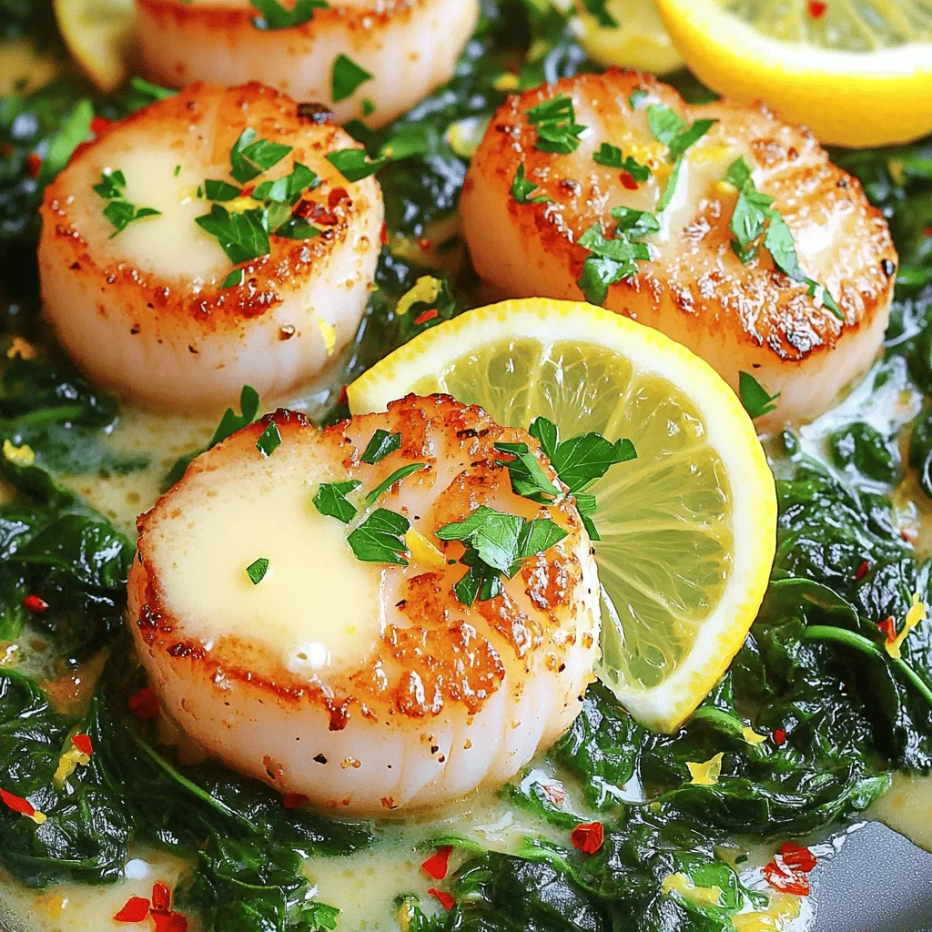 To make lemon garlic butter scallops, you need the following items: - 1 pound scallops (fresh or thawed if frozen) - 4 tablespoons unsalted butter - 3 cloves garlic, minced - 1 lemon (zested and juiced) - 2 tablespoons fresh parsley, chopped - Salt and pepper to taste - Lemon slices for garnish Each ingredient plays a big role. The scallops bring a sweet taste and tender texture. The butter adds richness, while garlic gives a nice punch. Fresh lemon juice brightens the dish, and parsley adds color. I often use fresh scallops when I can find them. They taste sweeter and have a better texture. Fresh scallops can be found at seafood markets or grocery stores. It’s best to ask for dry scallops, as they have no added preservatives. Frozen scallops are also a good choice. They are handy and easy to keep on hand. Make sure to thaw them properly for the best results. Place them in the fridge overnight or run cold water over them for a quick thaw. You can easily customize this dish with a few optional add-ins. I like to sprinkle red pepper flakes for a bit of heat. If you enjoy a deeper flavor, try adding a splash of white wine while cooking. You can also toss in some spinach or asparagus for added color and nutrition. These add-ins will make the dish even more delicious and fun to eat! Start by drying the scallops. Use paper towels to pat them dry. This step helps them sear nicely. Season both sides with salt and pepper. You want a good flavor from the start. Melt 2 tablespoons of butter in a large skillet. Set the heat to medium-high. Wait for the butter to get hot but not brown. Add the scallops to the pan in a single layer. If you have many scallops, do this in batches. Sear them for 2-3 minutes. You want a nice golden crust on one side. Next, flip the scallops gently using tongs. Add the remaining butter, minced garlic, and lemon zest to the pan. If you like heat, sprinkle in some red pepper flakes. Cook for another 2 minutes. Baste the scallops with the melted butter and garlic mixture. This adds flavor. Remove the skillet from the heat. Squeeze fresh lemon juice over the scallops. This brightens the dish. Sprinkle chopped parsley on top and mix gently. Transfer the scallops to a serving plate. Drizzle the buttery garlic sauce over them. Garnish with lemon slices and more parsley if you like. For presentation, serve the scallops on sautéed spinach or with asparagus. This makes your dish look vibrant and appealing. Enjoy your meal! To get a good sear on your scallops, dry them well. Use paper towels to remove moisture. Moisture can prevent a nice crust. Season both sides with salt and pepper. Heat your pan until it’s hot, but not smoking. Add butter when ready. Place scallops in a single layer. Don’t crowd the pan. Sear for about 2-3 minutes. Wait until they turn golden before flipping. This keeps them tender and juicy. Use unsalted butter for more control over salt. It enhances the scallops' natural taste. Fresh garlic gives a bright flavor, so choose whole cloves. Mince them right before cooking for the best taste. If you like heat, add red pepper flakes. They will give a nice kick to your dish. A large skillet is key for searing. Use one made of stainless steel or cast iron. These materials help with even heating. Tongs are great for flipping scallops without breaking them. A microplane zester works well for lemon zest. Finally, have a cutting board and knife handy for prep. These tools will make your cooking smooth and easy. {{image_2}} You can add a twist to lemon garlic butter scallops by mixing in flavors. Try using fresh herbs like thyme or basil. These herbs add a different depth to the dish. A splash of white wine can also enhance the sauce. Just pour it in after you add the garlic. Let it simmer to reduce and deepen the taste. Another option is to add a dash of soy sauce for a savory kick. This brings a nice umami flavor to the dish. Pairing your lemon garlic butter scallops can make the meal even better. Serve them with sautéed spinach for a health boost. The greens add color and nutrients. Creamy risotto is another great option; it soaks up the buttery sauce well. For a light touch, serve with zucchini noodles or a fresh salad. You can also enjoy them alongside garlic bread to scoop up every drop of sauce. Don’t forget to squeeze some extra lemon on top! If you can't find scallops, don’t worry. You can use shrimp as a tasty alternative. Shrimp cooks quickly and absorbs the flavors well. For a vegetarian option, try using large mushrooms like portobello. They have a meaty texture and soak up the garlic butter beautifully. Even firm tofu can work if you want a plant-based dish. Just make sure to press and cube it first for the best results. To store leftover scallops, place them in an airtight container. Make sure they cool completely before sealing. This keeps them fresh and tasty. You can keep them in the fridge for up to two days. If you want to keep them longer, freezing is a great option. When reheating scallops, do it slowly. Use a skillet over low heat. Add a bit of butter to help them stay moist. Stir gently to keep them from overcooking. You want them warm, not hot. This keeps the flavor just right. Avoid using the microwave; it can make them rubbery. To freeze scallops, first cool them completely. Place them in a freezer-safe bag. Remove as much air as possible to prevent freezer burn. They last up to three months in the freezer. When ready to use, thaw them in the fridge overnight. This keeps their texture and taste fresh. You know scallops are done when they turn opaque and firm. They should have a golden crust on the outside. If you cut one open, the center should be slightly translucent. Cooking them for 2-3 minutes on each side usually works well. Yes, you can use shrimp or fish instead of scallops. Just adjust the cooking time. Shrimp cooks fast, while fish may need a bit longer. Choose seafood that can sear nicely for the best flavor. Lemon Garlic Butter Scallops taste great with various sides. Here are some ideas: - Sautéed spinach - Garlic mashed potatoes - Asparagus - Rice pilaf - A fresh green salad These sides complement the light, buttery flavor of the scallops. You can find fresh scallops at local fish markets or grocery stores with a seafood section. Make sure they smell fresh, like the ocean. Ask the fishmonger for the catch of the day for the best quality. To thaw frozen scallops, place them in the fridge overnight. If you're short on time, put them in a sealed bag and submerge in cold water for about 30 minutes. Avoid using warm water, as this can cook them unevenly. Lemon garlic butter scallops are simple yet tasty. You learned about key ingredients, like fresh scallops, and optional add-ins. The step-by-step guide showed how to prepare and cook them perfectly. Remember, the right tools and tips make a big difference. You can try fun twists or pair them with great side dishes. Storing and reheating scallops is easy, too. With these ideas, you can enjoy your scallops anytime.