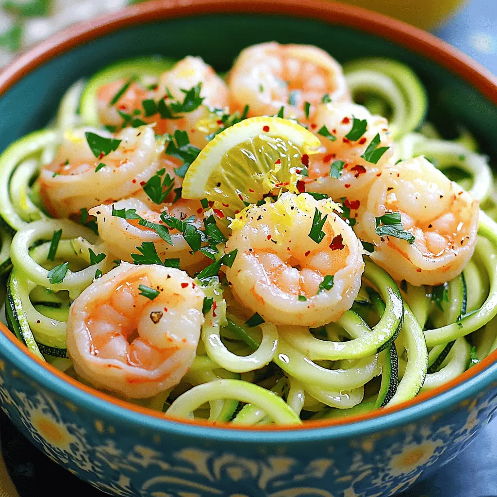 To make Lemon Garlic Shrimp Zoodles, you need fresh and simple ingredients. Here’s what you will gather: - 2 medium zucchinis (zoodles) - 1 lb large shrimp, peeled and deveined - 3 tablespoons olive oil, divided - 4 cloves garlic, minced - 1 teaspoon red pepper flakes (optional) - 1 lemon (juice and zest) - Salt and pepper to taste - 1/4 cup fresh parsley, chopped - 1/4 cup grated Parmesan cheese (optional for garnish) These ingredients bring bright flavors and textures to the dish. The zucchinis serve as a light base, while shrimp adds protein. Olive oil helps tie all flavors together. Garlic gives a wonderful aroma, and lemon adds freshness. Red pepper flakes give heat, but you can skip them if you prefer milder flavors. Fresh parsley brightens the dish, and Parmesan, when added, gives a rich finish. Make sure your ingredients are fresh for the best taste. This dish is quick to prepare, so having everything ready will help you cook smoothly. Enjoy the process of gathering and prepping these delicious items! To make the zoodles, start with two medium zucchinis. You can use a spiralizer for this task. Just twist the zucchini in the spiralizer, and you'll get long, noodle-like shapes. If you don’t have a spiralizer, no worries! A vegetable peeler works too. Just peel thin strips of zucchini until you reach the seeds. Set your zoodles aside for later. In a large skillet, heat two tablespoons of olive oil over medium heat. Once the oil is hot, add four cloves of minced garlic. Cook the garlic for about 30 seconds until it smells amazing. Then, add one pound of peeled and deveined shrimp to the skillet. Season them with salt, pepper, and red pepper flakes if you like a kick. Cook the shrimp for 2-3 minutes on each side. They should turn pink and opaque when done. Be careful not to cook them too long; otherwise, they can get tough. Now it’s time to sauté the zoodles. In the same skillet, add one tablespoon of olive oil. Then, toss in the zoodles. Sauté them for 2-3 minutes until they soften but still have a nice crunch. Next, return the cooked shrimp to the skillet. Squeeze the juice of one lemon over everything and add the lemon zest for extra flavor. Gently toss it all together to mix well. Finally, stir in 1/4 cup of chopped parsley and adjust the seasoning if needed. Enjoy your vibrant, delicious dish right away! To make sure your shrimp are just right, watch the time closely. Cook them for 2-3 minutes on each side. When they turn pink and opaque, they are done. Overcooking shrimp makes them tough. If they feel firm to the touch, they are likely overcooked. For seasoning, keep it simple. Use salt and pepper for a basic flavor. If you want a kick, add red pepper flakes. Just a pinch adds warmth without overpowering the dish. Using fresh herbs can take this dish to the next level. Chopped parsley adds a pop of color and freshness. You can also try basil or cilantro for a different twist. Add toppings for extra flavor. Grated Parmesan cheese gives a nice richness. You can also sprinkle nuts or seeds for a crunchy texture. A squeeze of lemon juice brightens the whole meal. {{image_2}} You can swap shrimp for chicken or tofu. For chicken, use boneless breasts. Cut them into small pieces and cook them until brown. This will add a nice texture. If you prefer tofu, use firm or extra-firm tofu. Press it to remove extra water and cut it into cubes. Sauté it until golden brown for the best flavor. Adding more veggies makes the dish even better! Bell peppers bring sweetness. Slice them thin and add them when cooking the shrimp. Cherry tomatoes add a juicy burst. Halve them and toss them in with the zoodles for a fun twist. You can mix and match as you like! To make this dish gluten-free, just ensure the zoodles and all ingredients are gluten-free. Most of the items in this recipe are already gluten-free. For a vegan option, replace shrimp with tofu and skip the cheese. For a creamy texture, add some avocado after cooking. Enjoy your meal while staying true to your diet! To keep your Lemon Garlic Shrimp Zoodles fresh, store leftovers right after serving. Place them in an airtight container. This helps keep the flavors intact. Make sure to refrigerate within two hours of cooking. You can keep it in the fridge for up to three days. Use glass containers for the best results. Glass helps maintain flavors and prevents odors. If you prefer plastic, choose BPA-free containers. Both options should have tight seals to keep air out. This keeps your zoodles from getting soggy. To reheat, use a skillet over low heat. Add a splash of olive oil to prevent sticking. Stir gently until warmed through. You can also microwave the dish. Use a medium heat setting and cover it to keep moisture in. This way, your shrimp and zoodles stay tender and tasty. Avoid high heat to keep the shrimp from getting rubbery. It takes about 10 minutes to prep and 10 minutes to cook. So, you can have this dish ready in just 20 minutes. Yes, you can use frozen shrimp. Just be sure to thaw them first. Place the shrimp in cold water for about 10 to 15 minutes. This helps keep their texture nice. Fresh shrimp taste great, but frozen ones work well too. If you don’t have zucchini, try using carrots or yellow squash. You can even use spaghetti squash for a different texture. Each option gives a unique taste to your zoodles. This blog post walked you through making Lemon Garlic Shrimp Zoodles. We covered all the crucial ingredients and provided step-by-step instructions to ensure your dish turns out perfect. I shared tips on cooking shrimp and flavor enhancements like fresh herbs. You can also explore various variations to suit your taste or diet. In closing, enjoy creating this dish. It’s healthy, simple, and bursting with flavor. Whether you stick to the basics or mix things up, this recipe can fit your style!