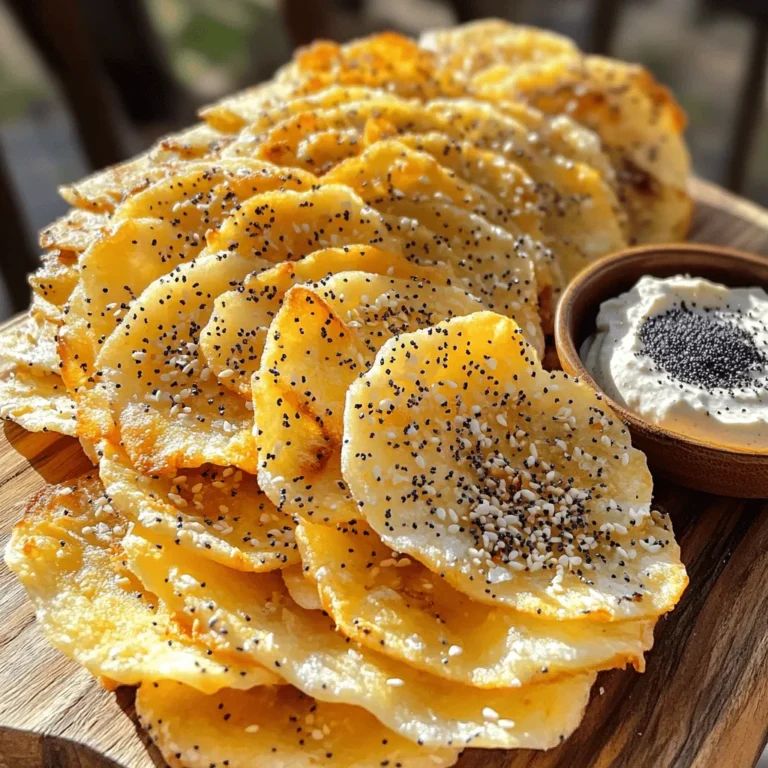 - 2 everything bagels, sliced thinly - 2 tablespoons olive oil - 1 teaspoon garlic powder - 1 teaspoon onion powder - 1/2 teaspoon sea salt - 1/2 teaspoon black pepper - 1 tablespoon sesame seeds - 1 tablespoon poppy seeds To make air fryer everything bagel chips, gather your ingredients first. You need two everything bagels. Slice them thinly for extra crunch. Use a sharp knife to get even slices. Next, grab two tablespoons of olive oil. This will help the spices stick and add flavor. You will also need one teaspoon each of garlic powder and onion powder. These will give your chips a savory kick. Add half a teaspoon of sea salt and half a teaspoon of black pepper. This will enhance the overall taste. Lastly, you need one tablespoon of sesame seeds and one tablespoon of poppy seeds. These will give your chips that classic everything bagel flavor. Having everything ready makes cooking easier. This way, you can focus on the fun part: making your delicious chips! Start by preheating your air fryer to 350°F (175°C). Preheating is key. It helps cook the bagels evenly and gives a nice crisp. If you skip this step, your chips may not turn out as crunchy. Next, take your sliced everything bagels. Place them in a large bowl. Pour in the olive oil, making sure each slice gets a good coat. This helps the seasoning stick. For flavor, sprinkle garlic powder, onion powder, sea salt, black pepper, sesame seeds, and poppy seeds over the slices. Toss them gently. You want every piece to be well-seasoned but not broken. Now it's time to cook. Place the seasoned bagel slices in the air fryer basket. Make sure they lay flat and do not touch. This helps them crisp up. Air fry the bagels for 8-10 minutes. Flip them halfway through. Keep an eye on them to avoid burning. You want them golden brown and crunchy. When the timer goes off, take the chips out. Let them cool for a few minutes. Cooling helps them get even crispier. Serve your everything bagel chips with a tasty dip or enjoy them plain. They make a perfect snack for any time! To get the best crisp, slice your bagels thin. Aim for about 1/4 inch thick slices. Thin slices cook evenly and become very crunchy. If your slices are too thick, they won’t crisp up well. Air fryers vary in performance. If yours runs hot, check the chips at 7 minutes. If it’s a bit cooler, you may need 11 minutes. Always flip halfway to ensure even cooking. Keep an eye on them to avoid burning. You can boost the flavor of your bagel chips by adding other seasonings. Try adding smoked paprika for a smoky taste. A pinch of cayenne pepper can add heat, if you like spice. Experimenting with different herbs can also bring new flavors. For dips, hummus is a great choice. Cream cheese or guacamole also work well. You can even try a yogurt dip with herbs. Pairing chips with different dips can create a fun snack experience. {{image_2}} You can switch up your bagel choice for new flavors. Try using a garlic bagel for more zest. A cinnamon-raisin bagel adds a sweet twist. If you love spice, go for a jalapeño bagel. Each type gives your chips a unique taste. Experiment with whole grain or onion bagels, too. The options are endless! Choose your favorite bagels and have fun. You can customize your bagel chips with other spices. For a kick, add chili powder or cayenne. Try Italian herbs like oregano or basil for a different vibe. You can also use smoked paprika for a rich flavor. If you like nutty tastes, sprinkle some crushed nuts. Mix and match to find your perfect blend. Your chips can be as unique as you are! To keep your leftover bagel chips fresh, store them in an airtight container. Line the bottom with a paper towel. This helps absorb moisture and keeps them crisp. Seal the container tightly after each use. You can keep them at room temperature for up to a week. For longer storage, try freezing them. Place the chips in a freezer bag and remove as much air as possible. They can last up to three months in the freezer. When you want to enjoy your bagel chips again, reheating is key. To keep them crispy, preheat your air fryer to 350°F (175°C). Place the chips in the basket in a single layer. Heat them for about 3-5 minutes. Check them often to avoid burning. You can also use an oven. Spread the chips on a baking sheet and bake at 350°F for about 5 minutes. This will bring back their crunch without making them soggy. Enjoy your tasty snack! Yes, you can use stale bagels. Stale bagels work well because they are drier. This helps them become crispier in the air fryer. Fresh bagels tend to be softer and may not crisp up as much. If you use stale bagels, cut them thin. Thin slices allow for even cooking and maximum crunch. Bagel chips can last about a week when stored properly. Keep them in an airtight container to maintain freshness. If you live in a humid area, consider adding a few rice grains to absorb moisture. This helps keep your chips crispy longer. If they lose their crunch, you can reheat them in the air fryer for a few minutes. Yes, you can make bagel chips in the oven. Preheat your oven to 350°F (175°C). Arrange the bagel slices on a baking sheet. Bake for about 12-15 minutes, flipping halfway. Watch closely to avoid burning. You can also pan-fry them in a little olive oil. Just be sure to flip them often for even cooking. This blog post provides a clear guide to making crispy bagel chips in an air fryer. You learned about the needed ingredients, step-by-step instructions, and essential tips. I shared ideas for variations and storage practices. These bagel chips are easy to customize and pair well with dips. I hope you feel excited to create your own delicious snacks. Enjoy the taste and crunch of your homemade bagel chips!