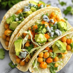- 1 can chickpeas - Olive oil - Buffalo sauce Chickpeas are the star of this dish. They are protein-packed and filling. Olive oil helps the spices stick and adds flavor. Buffalo sauce gives the tacos that spicy kick. You can adjust the heat by adding more or less sauce. - Garlic powder - Smoked paprika - Salt and pepper Garlic powder brings a rich flavor. Smoked paprika adds a unique depth and subtle smokiness. The salt and pepper enhance all the tastes. These seasonings make the chickpeas pop. - Corn tortillas - Shredded cabbage - Diced avocado - Optional: blue cheese crumbles, fresh cilantro Corn tortillas hold everything together. They are soft and tasty. Shredded cabbage adds crunch. Diced avocado gives creaminess. You can add blue cheese for a tangy twist. Fresh cilantro brightens the dish with flavor. Each component builds a delicious taco. Start by draining and rinsing the chickpeas. This step is key. In a bowl, mix the chickpeas with olive oil, buffalo sauce, garlic powder, smoked paprika, salt, and pepper. Use a spatula to toss everything. Make sure each chickpea gets a nice coating. This will help them crisp up well in the air fryer. Next, we need to preheat the air fryer to 400°F (200°C). This helps cook the chickpeas evenly and quickly. Once it's hot, place the seasoned chickpeas in the basket. Spread them out in a single layer. Cook for 10 to 12 minutes. Halfway through, shake the basket. This ensures all sides get crispy and golden. While the chickpeas cook, let's warm the tortillas. Heat a dry skillet over medium heat. Place a tortilla in the pan for about 30 seconds on each side. You want them warm and pliable. This step is important for easy folding when making tacos. Now it’s time to build your tacos! Take a warm tortilla and add a generous spoonful of crispy chickpeas. Top it with shredded cabbage and diced avocado. If you like blue cheese, sprinkle some on top too. Layering these ingredients adds great flavor and texture. For a nice touch, arrange the toppings neatly for a better look. Finally, garnish your tacos with fresh cilantro. This adds a pop of color and flavor. Serve your tacos right away. If you love extra heat, put some buffalo sauce on the side. Enjoy the tasty crunch of these Air Fryer Buffalo Chickpea Tacos! How to get crispy chickpeas: To make crispy chickpeas, you need to dry them well. After rinsing, pat them with a paper towel. The less moisture, the better they fry. In your bowl, mix them with olive oil, buffalo sauce, garlic powder, smoked paprika, salt, and pepper. Air fry at 400°F for 10-12 minutes. Shake the basket halfway to ensure even cooking. Avoiding soggy tortillas: To keep your tortillas from getting soggy, heat them in a dry skillet. Warm them for about 30 seconds on each side, just enough to make them soft and flexible. This way, they will hold up better when you load them with those tasty chickpeas. Modifying buffalo sauce spiciness: Buffalo sauce can be as spicy as you like! If you prefer a milder taco, use less sauce. Start with 2 tablespoons and taste. You can always add more if you want heat. For extra spice, mix in cayenne pepper or hot sauce into your buffalo sauce. Additional seasoning ideas: You can play with flavors. Try adding cumin for a warm taste or lime juice for freshness. Fresh herbs like cilantro can also add a nice touch. Experiment with your favorites to make these tacos your own. Suggestions for meal prep: If you want to meal prep, cook the chickpeas in advance. Store them in an airtight container in the fridge. You can also prepare your toppings ahead of time, like shredding cabbage or dicing avocado. This makes assembly quick and easy when you're ready to eat. Storing leftovers: To keep leftovers fresh, store the chickpeas and tortillas separately. Use a sealed container for the chickpeas and wrap the tortillas in foil or plastic. They should stay good for a few days. Just reheat the chickpeas in the air fryer or a skillet, and warm the tortillas again before serving. {{image_2}} You can switch up your protein in these tacos. Chickpeas are great, but you can try other legumes. Black beans or lentils work well. Both add unique flavors and textures. If you prefer meat, there are tasty alternatives. You can use shredded jackfruit or tofu. Both soak up flavors well and offer a satisfying bite. Each option makes the dish your own. Customizing your tacos is fun! You can add all sorts of toppings. Try diced tomatoes, sliced radishes, or even pickled onions. These give a fresh crunch and bright colors. For a twist, consider using different garnishes. Swap blue cheese for feta or goat cheese. You can also try a drizzle of ranch dressing or a squeeze of lime juice. Each option adds a new layer of flavor. If you need gluten-free tortillas, many brands offer them. Corn tortillas are often gluten-free and perfect for this dish. They keep the tacos light and tasty. For vegan options, simply omit the blue cheese. Instead, use a vegan cheese or skip cheese altogether. This keeps your tacos plant-based while still being delicious. To store leftovers, keep the chickpeas and tortillas separate. This way, the tortillas stay fresh. Place the chickpeas in an airtight container. They will stay good for up to three days. For the tortillas, wrap them in foil or plastic wrap. This keeps them soft and prevents them from drying out. To reheat the chickpeas, use the air fryer. Set it to 350°F (175°C) and cook for about 5 minutes. This will make them crispy again. If you want to use a microwave, heat them in short bursts to avoid sogginess. For the tortillas, reheat them in a dry skillet for 30 seconds on each side. This makes them warm and pliable again. Chickpeas stored in the fridge are good for about three days. If you see any mold or notice a bad smell, throw them away. Tortillas last about a week in the fridge. If they feel hard or look dry, it’s best to toss them. Always check for freshness before eating. Yes, you can use other beans. Black beans and pinto beans work well. They add a different taste. You might change the flavor a bit. Black beans have a rich, earthy flavor. Pinto beans are creamier and softer. Both can give your tacos a nice twist. To add heat, try adding cayenne pepper to the chickpeas. You can also use hotter buffalo sauce. Another option is to mix in diced jalapeños. For a quick kick, drizzle with sriracha or your favorite hot sauce. Each choice boosts the spice level nicely. These tacos pair well with a fresh salad. Try a simple green salad with lime dressing. Chips and guacamole make a great side too. For drinks, serve with cold beer or a fruity mocktail. A refreshing drink complements the spicy tacos perfectly. In this blog post, we explored how to make delicious buffalo chickpea tacos. We covered the main ingredients, seasonings, and taco components. You learned step-by-step instructions for preparing, cooking, and assembling the tacos. Tips and tricks helped you achieve the perfect texture and flavor. We also shared creative variations and storage tips for leftovers. Remember, these tacos are not just tasty; they're also simple and adaptable. Enjoy your cooking adventure!