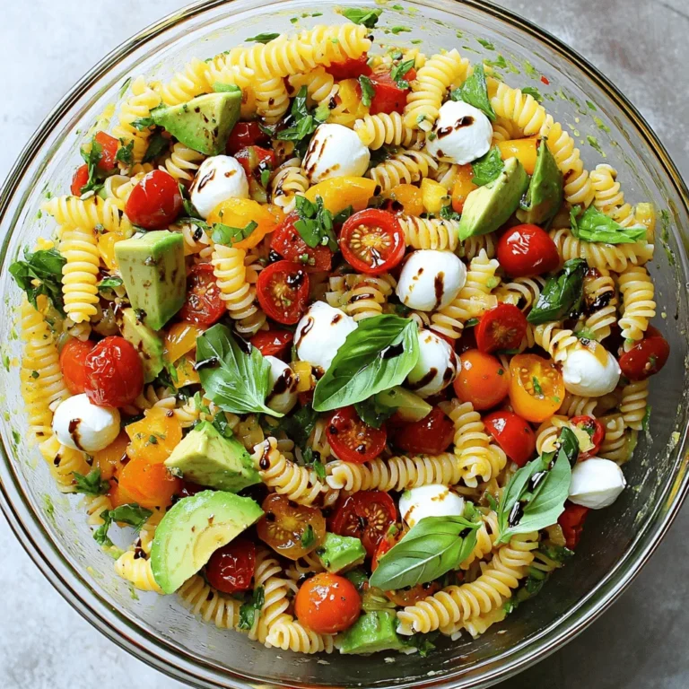 To make a tasty Caprese Pasta Salad, gather these ingredients: - 12 oz fusilli pasta - 2 cups cherry tomatoes, halved - 1 cup fresh mozzarella balls, halved - 1 cup fresh basil leaves, torn - 1 ripe avocado, diced - ½ cup roasted red peppers, chopped - ¼ cup extra virgin olive oil - 2 tablespoons balsamic glaze - 1 teaspoon garlic powder - Salt and pepper to taste If you do not have all the ingredients, here are some good substitutes: - Use penne or rotini instead of fusilli. - Swap mozzarella with feta cheese for a different flavor. - Try arugula or spinach instead of basil. - Replace avocado with diced cucumber for crunch. - Use sun-dried tomatoes if you can't find fresh ones. These swaps work well and keep the salad fresh and fun! Selecting fresh ingredients makes your salad shine. Here are a few tips: - Look for bright, firm cherry tomatoes. They should feel heavy for their size. - Choose mozzarella balls that are soft and moist. Avoid dry ones. - Pick basil leaves that are bright green and fragrant. Avoid brown or wilted leaves. - For avocados, choose ones that yield slightly when pressed. They should not be too soft. - Check the roasted red peppers for vibrant color and a firm texture. Fresh ingredients make a big difference in taste. Enjoy your cooking adventure! To start, bring a large pot of salted water to a boil. Add 12 ounces of fusilli pasta. Cook it according to the package directions until it is al dente. This usually takes about 8 to 10 minutes. Drain the pasta and rinse it under cold water. This cools it down quickly and stops the cooking process. You want the pasta to be firm and ready to soak up the flavors later. Next, grab a small bowl. In it, whisk together ¼ cup of extra virgin olive oil and 2 tablespoons of balsamic glaze. Add 1 teaspoon of garlic powder, along with salt and pepper to taste. Whisk until it is well mixed. This dressing adds a rich, tangy flavor to our salad, making it truly delicious. Now, take a large mixing bowl. Combine the cooled pasta, 2 cups of halved cherry tomatoes, 1 cup of halved fresh mozzarella balls, and 1 cup of torn fresh basil leaves. Add 1 ripe diced avocado and ½ cup of chopped roasted red peppers. Pour the dressing over the salad. Gently toss everything together so each piece is coated well. Cover the bowl with plastic wrap and chill it in the fridge for at least 30 minutes. This helps the flavors blend together, creating a fresh and tasty dish. To make a great Caprese pasta salad, use fresh ingredients. Choose ripe cherry tomatoes and good mozzarella. Cook the fusilli pasta until it is al dente. This means it should be firm but cooked through. Drain the pasta and rinse it in cold water. This stops the cooking and cools it down quickly. To boost the flavor, use high-quality extra virgin olive oil. It adds richness and depth. The balsamic glaze gives a sweet and tangy kick. Adding garlic powder enhances the taste without being too strong. You can also mix in fresh herbs like parsley or oregano for extra flavor. Presentation matters! Use a large, clear bowl to show off the vibrant colors. You can layer the salad for a beautiful look. Garnish with torn basil leaves on top. A drizzle of balsamic glaze adds a nice touch. Serve right after tossing to keep it fresh and inviting. {{image_2}} You can change the ingredients based on the season. In summer, add fresh corn or zucchini. In fall, mix in roasted butternut squash. Each swap brings a new flavor to your Caprese pasta salad. Think about your local farmers’ market. Fresh produce is often the best choice. While the olive oil and balsamic glaze are great, you can try other dressings. A lemon vinaigrette adds a bright taste. A creamy pesto can make the salad rich and tasty. Experiment with flavors that you enjoy. This keeps the dish fresh and exciting every time. You can easily make this salad fit your diet. For vegan options, skip the cheese or use a plant-based cheese. To make it gluten-free, swap fusilli for a gluten-free pasta. There are many choices out there. Always check the labels to ensure they fit your needs. To keep your Caprese pasta salad fresh, place it in an airtight container. Store it in the fridge. Make sure to eat it within three days for the best taste. If you use avocado, it might brown faster. To slow this down, add a bit of lemon juice on the avocado before storing. I do not recommend freezing Caprese pasta salad. The texture of the pasta and fresh veggies can change. If frozen, the pasta may turn mushy. The tomatoes and avocado also lose their fresh taste. It’s best to make small batches, so you do not have leftovers to freeze. Caprese pasta salad is best enjoyed cold. If you want to serve it warm, heat it gently on the stove. Use low heat to avoid overcooking the pasta. Stir it often until it is warm. If you do not want to heat it, just take it out of the fridge. Toss it well before serving to mix the flavors. Yes, you can make it ahead of time. This salad tastes even better after chilling. I like to prepare it a few hours in advance. The flavors blend well when allowed to sit. Just cover it tightly and store it in the fridge. Fusilli pasta works great for this dish. Its curls hold the dressing and ingredients well. You can also use rotini or penne if you prefer. Both options add fun shapes and textures. Caprese Pasta Salad lasts about 3 days in the fridge. After that, the ingredients may not taste fresh. Make sure to store it in an airtight container to keep it tasty. If you notice any changes in smell or texture, it’s best to toss it. This blog post covered all you need for a great Caprese pasta salad. You learned about choosing fresh ingredients and how to cook the pasta. I shared tips for perfecting the dish and how to store leftovers. Try different variations to suit your tastes. With these steps in mind, you can create a tasty, colorful salad for any occasion. Follow these tips to impress your friends and family. Enjoy your Caprese pasta salad!