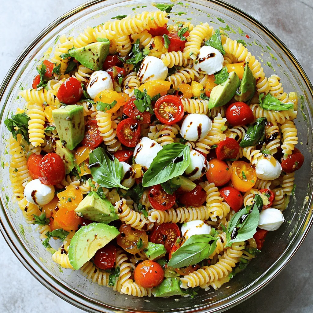 To make a tasty Caprese Pasta Salad, gather these ingredients: - 12 oz fusilli pasta - 2 cups cherry tomatoes, halved - 1 cup fresh mozzarella balls, halved - 1 cup fresh basil leaves, torn - 1 ripe avocado, diced - ½ cup roasted red peppers, chopped - ¼ cup extra virgin olive oil - 2 tablespoons balsamic glaze - 1 teaspoon garlic powder - Salt and pepper to taste If you do not have all the ingredients, here are some good substitutes: - Use penne or rotini instead of fusilli. - Swap mozzarella with feta cheese for a different flavor. - Try arugula or spinach instead of basil. - Replace avocado with diced cucumber for crunch. - Use sun-dried tomatoes if you can't find fresh ones. These swaps work well and keep the salad fresh and fun! Selecting fresh ingredients makes your salad shine. Here are a few tips: - Look for bright, firm cherry tomatoes. They should feel heavy for their size. - Choose mozzarella balls that are soft and moist. Avoid dry ones. - Pick basil leaves that are bright green and fragrant. Avoid brown or wilted leaves. - For avocados, choose ones that yield slightly when pressed. They should not be too soft. - Check the roasted red peppers for vibrant color and a firm texture. Fresh ingredients make a big difference in taste. Enjoy your cooking adventure! To start, bring a large pot of salted water to a boil. Add 12 ounces of fusilli pasta. Cook it according to the package directions until it is al dente. This usually takes about 8 to 10 minutes. Drain the pasta and rinse it under cold water. This cools it down quickly and stops the cooking process. You want the pasta to be firm and ready to soak up the flavors later. Next, grab a small bowl. In it, whisk together ¼ cup of extra virgin olive oil and 2 tablespoons of balsamic glaze. Add 1 teaspoon of garlic powder, along with salt and pepper to taste. Whisk until it is well mixed. This dressing adds a rich, tangy flavor to our salad, making it truly delicious. Now, take a large mixing bowl. Combine the cooled pasta, 2 cups of halved cherry tomatoes, 1 cup of halved fresh mozzarella balls, and 1 cup of torn fresh basil leaves. Add 1 ripe diced avocado and ½ cup of chopped roasted red peppers. Pour the dressing over the salad. Gently toss everything together so each piece is coated well. Cover the bowl with plastic wrap and chill it in the fridge for at least 30 minutes. This helps the flavors blend together, creating a fresh and tasty dish. To make a great Caprese pasta salad, use fresh ingredients. Choose ripe cherry tomatoes and good mozzarella. Cook the fusilli pasta until it is al dente. This means it should be firm but cooked through. Drain the pasta and rinse it in cold water. This stops the cooking and cools it down quickly. To boost the flavor, use high-quality extra virgin olive oil. It adds richness and depth. The balsamic glaze gives a sweet and tangy kick. Adding garlic powder enhances the taste without being too strong. You can also mix in fresh herbs like parsley or oregano for extra flavor. Presentation matters! Use a large, clear bowl to show off the vibrant colors. You can layer the salad for a beautiful look. Garnish with torn basil leaves on top. A drizzle of balsamic glaze adds a nice touch. Serve right after tossing to keep it fresh and inviting. {{image_2}} You can change the ingredients based on the season. In summer, add fresh corn or zucchini. In fall, mix in roasted butternut squash. Each swap brings a new flavor to your Caprese pasta salad. Think about your local farmers’ market. Fresh produce is often the best choice. While the olive oil and balsamic glaze are great, you can try other dressings. A lemon vinaigrette adds a bright taste. A creamy pesto can make the salad rich and tasty. Experiment with flavors that you enjoy. This keeps the dish fresh and exciting every time. You can easily make this salad fit your diet. For vegan options, skip the cheese or use a plant-based cheese. To make it gluten-free, swap fusilli for a gluten-free pasta. There are many choices out there. Always check the labels to ensure they fit your needs. To keep your Caprese pasta salad fresh, place it in an airtight container. Store it in the fridge. Make sure to eat it within three days for the best taste. If you use avocado, it might brown faster. To slow this down, add a bit of lemon juice on the avocado before storing. I do not recommend freezing Caprese pasta salad. The texture of the pasta and fresh veggies can change. If frozen, the pasta may turn mushy. The tomatoes and avocado also lose their fresh taste. It’s best to make small batches, so you do not have leftovers to freeze. Caprese pasta salad is best enjoyed cold. If you want to serve it warm, heat it gently on the stove. Use low heat to avoid overcooking the pasta. Stir it often until it is warm. If you do not want to heat it, just take it out of the fridge. Toss it well before serving to mix the flavors. Yes, you can make it ahead of time. This salad tastes even better after chilling. I like to prepare it a few hours in advance. The flavors blend well when allowed to sit. Just cover it tightly and store it in the fridge. Fusilli pasta works great for this dish. Its curls hold the dressing and ingredients well. You can also use rotini or penne if you prefer. Both options add fun shapes and textures. Caprese Pasta Salad lasts about 3 days in the fridge. After that, the ingredients may not taste fresh. Make sure to store it in an airtight container to keep it tasty. If you notice any changes in smell or texture, it’s best to toss it. This blog post covered all you need for a great Caprese pasta salad. You learned about choosing fresh ingredients and how to cook the pasta. I shared tips for perfecting the dish and how to store leftovers. Try different variations to suit your tastes. With these steps in mind, you can create a tasty, colorful salad for any occasion. Follow these tips to impress your friends and family. Enjoy your Caprese pasta salad!