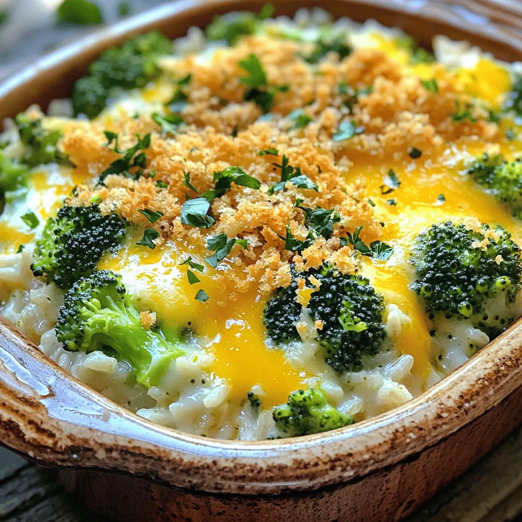 - 2 cups cooked rice (white or brown) - 2 cups fresh broccoli florets - 1 cup shredded sharp cheddar cheese - 1 cup shredded mozzarella cheese - 1 cup cream of mushroom soup - 1/2 cup milk The main ingredients create the base of this dish. The rice gives a nice texture, while the broccoli adds color and nutrition. Cheddar and mozzarella bring the cheesy goodness that makes it so tasty. The cream of mushroom soup binds everything, adding creaminess. - 1/2 teaspoon garlic powder - 1/2 teaspoon onion powder - 1/4 teaspoon black pepper - 1/4 teaspoon salt - 1/2 cup breadcrumbs - 1 tablespoon olive oil Seasoning is key to flavor. Garlic and onion powders give a warm taste without being overpowering. Black pepper and salt enhance the dish, making each bite more delicious. The breadcrumbs, mixed with olive oil, create a crispy topping that contrasts well with the creamy inside. - Gluten-free options - Dairy-free alternatives - Other cheese varieties You can switch ingredients for your needs. If you want gluten-free, use rice and gluten-free breadcrumbs. For dairy-free, look for non-dairy cheese and soups. You can also mix in different cheeses, like gouda or pepper jack, for unique flavors. - Preheat your oven to 350°F (175°C). This helps the casserole cook evenly. - In a large pot of boiling water, blanch the broccoli florets for about 2-3 minutes. They should turn bright green and be slightly tender. Drain and set the broccoli aside. - In a large mixing bowl, combine the cooked rice, blanched broccoli, cream of mushroom soup, milk, garlic powder, onion powder, salt, and black pepper. Mix well until all the ingredients are even. - Stir in 1/2 cup of shredded cheddar cheese and 1/2 cup of shredded mozzarella cheese. This will add creaminess and flavor to your dish. - Transfer the mixture into a greased 9x13 inch baking dish. Spread it evenly for the best results. - In a small bowl, mix the breadcrumbs with olive oil until they are lightly coated. This creates a crispy topping. - Bake your casserole in the preheated oven for 25-30 minutes. The cheese should melt, and the top should turn golden brown. - Once baked, remove the casserole from the oven and let it cool for about 5 minutes before serving. - For a lovely presentation, scoop servings onto individual plates or bowls. A sprinkle of fresh parsley adds a nice touch. Serve warm for a comforting meal! To make your Cheesy Broccoli Rice Casserole even tastier, try adding spices. A pinch of cayenne pepper gives it a nice kick. You can also stir in some diced onions or bell peppers for extra flavor. For cheese, mix sharp cheddar with gouda or pepper jack. This creates a blend that melts well and adds depth. The right creaminess is key in this casserole. You want it to be moist but not watery. If it’s too dry, add a splash more milk. For a crispy topping, use panko breadcrumbs instead of regular ones. Coat them with olive oil and bake until golden brown. This gives a nice crunch that contrasts with the creamy filling. To save time, prepare your ingredients ahead. Chop the broccoli and mix the cheese and soup a day before. This cuts down on cooking time. When ready to cook, just combine everything. Instead of boiling broccoli, you can steam it. This method keeps the flavor strong and saves time. {{image_2}} Want to make this dish even more colorful? You can add more veggies! Try bell peppers, carrots, or peas. They add crunch and nutrition. Just chop them up and mix them in with the broccoli. If you want a creamy soup base without the cream of mushroom, consider using a creamy vegetable soup. It keeps the dish tasty while making it plant-friendly. You can even use a homemade cashew cream for a rich, nutty flavor. Looking to add some protein? Cooked chicken or turkey works great! Just shred or chop the meat and mix it into the rice. It makes for a heartier meal that fills you up. For a meatless option, try chickpeas or lentils. They add protein and fiber. Just rinse and drain them before mixing into the casserole. Want to spice it up? Don’t forget herbs! Adding thyme, basil, or rosemary can enhance the dish's flavor. Just sprinkle some in while mixing. You can also try drizzling different sauces on top before baking. A bit of sriracha or barbecue sauce can add a fun twist! Mix it in or leave it on top for a zesty finish. To store leftovers, let the casserole cool down first. Cover it tightly with plastic wrap or aluminum foil. You can also use an airtight container for best results. This keeps the casserole fresh and tasty in the fridge. I recommend eating it within 3-4 days for the best flavor. For freezing, let the casserole cool completely. Cut it into portions for easy thawing. Wrap each piece in plastic wrap, then place in a freezer bag. This helps prevent freezer burn. When you want to eat it, thaw in the fridge overnight. To reheat, warm it in the oven at 350°F until heated through. You can also use a microwave for quicker results. For freshness, keep the casserole in the fridge at 40°F or below. If stored correctly, it can last up to 4 days. Look for signs of spoilage, such as off smells or mold. If it looks or smells strange, it's best to toss it. Enjoy your Cheesy Broccoli Rice Casserole while it’s fresh for the best taste! How long does Cheesy Broccoli Rice Casserole last in the fridge? This casserole lasts about 3 to 5 days in the fridge. Store it in an airtight container. Can I make this casserole ahead of time? Yes! You can prepare it a day before. Just cover it and keep it in the fridge. What can I serve with Cheesy Broccoli Rice Casserole? This dish pairs well with grilled chicken or a fresh salad. It’s great on its own too! Can I use leftover rice for this recipe? Absolutely! Leftover rice works great and saves you time. Just make sure it’s not too wet. How do I know when the casserole is done? Check for bubbly cheese and a golden top. It should also be heated through. Can I use fresh broccoli instead of frozen? Yes, fresh broccoli is a tasty option! Just blanch it for a few minutes before mixing. Is this recipe suitable for kids? Yes! Kids love cheesy flavors, and this dish is packed with veggies they need. How can I make this recipe gluten-free? You can use gluten-free breadcrumbs and a gluten-free cream of mushroom soup. Easy swap! This blog post explains how to make Cheesy Broccoli Rice Casserole everyone will love. You learned about the key ingredients, steps to prepare, and tips for great flavor and texture. We also covered fun variations, storage tips, and answers to common questions. In making this dish, you can customize it for your taste and dietary needs. Enjoy the rich flavors and warm embrace of this comforting meal. It’s a recipe designed to impress and satisfy all!