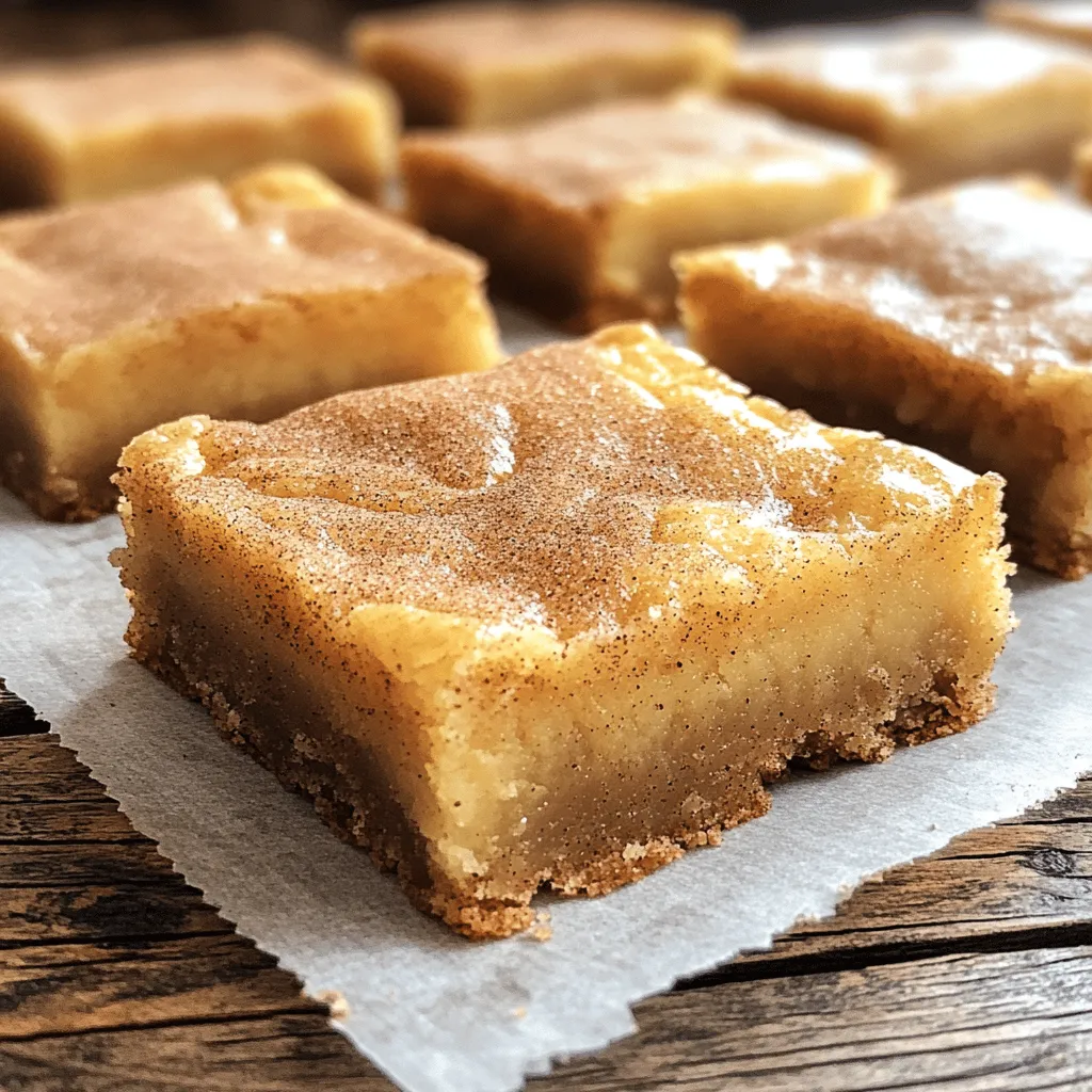To make Snickerdoodle Blondies, gather these ingredients: - 1 cup unsalted butter, melted - 1 cup brown sugar, packed - 1/2 cup granulated sugar - 2 large eggs - 2 teaspoons vanilla extract - 2 cups all-purpose flour - 1 teaspoon baking powder - 1/2 teaspoon baking soda - 1 teaspoon ground cinnamon - 1/2 teaspoon salt - 1/4 cup granulated sugar (for topping) - 1 tablespoon ground cinnamon (for topping) You can swap some ingredients if needed: - Use coconut oil instead of butter for a dairy-free version. - Replace brown sugar with coconut sugar for a healthier option. - If you want a lighter version, try using egg whites only. - For a gluten-free treat, use a gluten-free flour blend. Here are some helpful conversions: - 1 cup = 8 fluid ounces - 1 tablespoon = 3 teaspoons - 1 teaspoon = 4.9 milliliters - 1 cup of flour = about 120 grams These substitutions and conversions help you customize the recipe to your taste and needs. Feel free to experiment! Start by preheating your oven to 350°F (175°C). This step warms the oven for even baking. Next, grab a 9x13 inch baking dish. Line it with parchment paper. Leave some paper hanging over the sides. This makes it easy to lift out the blondies later. In a large bowl, mix together 1 cup of melted unsalted butter, 1 cup of packed brown sugar, and 1/2 cup of granulated sugar. Whisk these until the mixture is smooth and shiny. Now, add 2 large eggs and 2 teaspoons of vanilla extract. Whisk again until everything blends well. In another bowl, combine 2 cups of all-purpose flour, 1 teaspoon of baking powder, 1/2 teaspoon of baking soda, 1 teaspoon of ground cinnamon, and 1/2 teaspoon of salt. Whisk these dry ingredients together until they are mixed well. Slowly add the dry mix to the wet mix. Stir gently until just combined. Be careful not to overmix. Pour the batter into the prepared baking dish. Use a spatula to spread it evenly. In a small bowl, mix 1/4 cup of granulated sugar with 1 tablespoon of ground cinnamon for the topping. Sprinkle this mixture evenly over the batter. Now, place the dish in your preheated oven. Bake for 20 to 25 minutes. You want the edges to be lightly golden. Check with a toothpick in the center. If it comes out with a few moist crumbs, it’s ready! Once baked, take the blondies out of the oven. Let them cool in the pan for about 10 minutes. Use the parchment paper to lift them out carefully. Then, transfer to a wire rack to cool completely. After they cool, cut the blondies into squares or bars. Serve them warm or at room temperature. Enjoy the sweet and soft delight of your snickerdoodle blondies! To make the best snickerdoodle blondies, follow these tips closely. Use room temperature eggs for a smooth mix. This helps the batter blend well. Melt the butter but do not let it cool completely. Warm butter adds richness and flavor. Mix your sugars well with the butter until it looks creamy. This step helps make the blondies soft. When adding dry ingredients, mix just until combined. Overmixing makes them tough. Keep an eye on baking time. Every oven is different. Check for a golden edge and a toothpick that comes out with a few moist crumbs. There are a few common pitfalls when baking blondies. One mistake is skipping the parchment paper. It makes removal easy and keeps your blondies intact. Another is not measuring ingredients correctly. Use the spoon and level method for flour to avoid too much. Do not open the oven door too soon. This can cause your blondies to sink. Always let them cool before cutting. Cutting too soon can lead to crumbling. To keep your blondies fresh, store them in an airtight container. This helps maintain their softness. If you need to keep them longer, freeze them. Cut the blondies into squares and wrap each piece in plastic wrap. Place them in a freezer-safe bag or container. They stay good for up to three months. When ready to eat, let them thaw at room temperature. Enjoy them soft and delicious! {{image_2}} You can change the flavor of your Snickerdoodle Blondies easily. Try adding a pinch of nutmeg for warmth. You could also mix in chocolate chips for a sweet twist. White chocolate chips add a nice contrast too. If you like nuts, chopped walnuts or pecans work well. Just remember to keep the balance of flavors. If you want gluten-free blondies, use almond flour or a gluten-free blend. Make sure to check the blend for baking powder. For a vegan version, swap eggs with flax eggs. Mix one tablespoon of ground flaxseed with three tablespoons of water. Let it sit for a few minutes to thicken. Use coconut oil instead of butter for richness. Mix-ins can make your blondies extra fun. Try adding dried fruit like cranberries or apricots for sweetness. You can also fold in toffee bits for a caramel touch. For toppings, sprinkle sea salt on top before baking. This adds a nice contrast to the sweetness. Drizzle melted chocolate on top after baking for a showy finish. To keep your Snickerdoodle blondies soft and tasty, store them in an airtight container. This keeps out air and moisture. You can leave them at room temperature for up to five days. If you want to enjoy them longer, consider freezing them. Freezing blondies is easy. First, let them cool completely. Then, cut them into squares. Wrap each square in plastic wrap. Place the wrapped blondies in a freezer-safe bag or container. You can freeze them for up to three months. When you want one, just thaw it at room temperature or heat it in the microwave for a few seconds. I recommend using glass or plastic containers with tight lids. These containers help keep the blondies fresh. If you use a plastic bag, remove as much air as possible before sealing. This method keeps the blondies from drying out. You can tell your Snickerdoodle Blondies are done when the edges turn a light golden brown. Insert a toothpick in the center. If it comes out with a few moist crumbs, they are ready. If it’s wet with batter, bake a little longer. The top should look set and firm, not jiggly. Remember, they will keep cooking a bit after you take them out. Yes, you can make these blondies ahead of time. They store well at room temperature for a few days. If you want them to last longer, wrap them tightly and keep them in the fridge. They can also freeze for up to three months. Just thaw them in the fridge or on the counter before serving. If you need an egg substitute, use applesauce or mashed banana. Each egg equals about 1/4 cup of applesauce or mashed banana. You can also use flaxseed meal. Mix 1 tablespoon of flaxseed meal with 2.5 tablespoons of water. Let it sit for a few minutes to thicken. This works great in baked goods and keeps them moist. This article covered all key parts of making Snickerdoodle Blondies. We explored ingredients, step-by-step instructions, and tips for success. You learned about storage and common questions. Baking these treats can be fun and easy. Remember to try different flavors and options. With the right steps and care, you will enjoy tasty blondies. Happy baking!