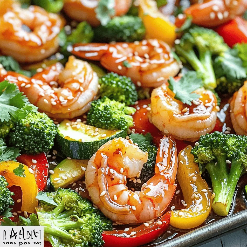 To create your Sheet Pan Honey Sriracha Shrimp and Veggies, you need the following ingredients: - 1 pound large shrimp, peeled and deveined - 2 cups broccoli florets - 1 bell pepper (red or yellow), sliced - 1 medium zucchini, sliced - 1 tablespoon olive oil - 2 tablespoons honey - 3 tablespoons sriracha sauce - 2 cloves garlic, minced - 1 tablespoon fresh ginger, grated - Salt and pepper to taste - Sesame seeds for garnish - Fresh cilantro for garnish (optional) Each ingredient plays a key role in this dish. The shrimp gives you a juicy protein, while the veggies add crunch and color. Honey brings sweetness, and sriracha adds a spicy kick. Garlic and ginger give depth to the flavor. Olive oil helps everything cook evenly. Make sure your shrimp are fresh for the best taste. Choose vibrant veggies for a pop of color. This mix of ingredients will create a delightful meal in no time. - Preheat your oven to 400°F (200°C) and prepare a large baking sheet. Line it with parchment paper for easy cleanup. - In a small bowl, whisk together 2 tablespoons of honey, 3 tablespoons of sriracha sauce, 2 minced garlic cloves, and 1 tablespoon of grated ginger. This mix adds a sweet and spicy kick. - In a large bowl, combine 1 pound of peeled and deveined shrimp, 2 cups of broccoli florets, 1 sliced bell pepper, and 1 sliced zucchini. Drizzle with 1 tablespoon of olive oil, then season with salt and pepper. Toss until everything is well coated. - Pour the honey sriracha mixture over the shrimp and veggies. Toss again to ensure every bite gets that amazing flavor. - Spread the shrimp and veggies in a single layer on the prepared baking sheet. Make sure they are evenly spaced for the best cooking. - Bake in the oven for 12-15 minutes. Check for doneness when the shrimp turn pink and the veggies are tender but still crisp. How to select fresh shrimp When picking shrimp, look for ones that smell clean and ocean-like. The shells should be shiny, and the flesh must be firm. Avoid any shrimp that have a strong fishy smell or dark spots. Importance of uniform veggie sizes for even cooking Cutting your veggies evenly helps them cook at the same rate. If some pieces are bigger, they may stay hard while smaller ones become mushy. Aim for similar sizes, about one inch each, for the perfect bite. Adjusting spice level with Sriracha Sriracha packs a punch! If you like less heat, use less sauce. You can also mix in some honey to balance the spice. For more heat, add a bit more Sriracha. Start small and taste as you go. Complementary sides and drinks This dish pairs well with rice or quinoa. For drinks, try a light white wine or sparkling water. A crisp salad can also add freshness to your meal. Ideal garnishes for presentation Garnish your dish with sesame seeds and fresh cilantro. These add color and a nice crunch. A few lime wedges on the side can also brighten the flavors. {{image_2}} You can easily change the veggies in this dish. Try using snap peas or carrots for a fresh twist. They add a nice crunch and color. You can also mix in bell peppers of different colors for even more vibrancy. If you want to switch proteins, chicken or tofu work well too. Chicken will take longer to cook, so cut it into small pieces. Tofu absorbs flavors nicely, so it’s a great choice for a vegetarian option. If you want a milder sauce, reduce the sriracha to one tablespoon. You can also add more honey to balance the heat. For vegan options, use agave nectar or maple syrup instead of honey. These alternatives provide sweetness without the use of animal products. Make sure to mix them well to keep the flavor smooth. To keep your leftovers fresh, store them in airtight containers. This helps prevent them from drying out. Place the shrimp and veggies in the fridge. They will stay good for up to three days. Make sure to cool them down before sealing the container. This keeps the food safe and tasty. When you want to enjoy your leftovers, reheating is key. You can use the oven to maintain the right texture. Preheat your oven to 350°F (175°C). Place the shrimp and veggies on a baking sheet. Heat for about 10 minutes or until warm. You can also use a microwave for quick reheating. Just cover the dish to keep the moisture in. This way, your meal stays juicy and delicious. Can I use frozen shrimp instead of fresh? Yes, you can use frozen shrimp. Just thaw them first. Place them in cold water for about 15 minutes. Pat them dry before cooking. This helps keep them juicy. How can I make this dish gluten-free? This dish is mostly gluten-free. Just check the sriracha label. Some brands add soy sauce, which has gluten. Choose a gluten-free sriracha or make your own. What can I substitute for honey in this recipe? If you need a substitute for honey, try maple syrup. It adds sweetness without changing the flavor too much. Agave syrup is another good choice. Can I prepare this recipe ahead of time? You can prep this dish in advance. Cut the veggies and shrimp, then store them in the fridge. Mix the sauce and keep it separate. Combine everything when you are ready to cook. Is there an alternative to Sriracha if I don't have it? If you don’t have Sriracha, try hot sauce or chili paste. Adjust the amount to match your spice level. You can also blend red pepper flakes with a bit of vinegar for a quick fix. In this blog post, we explored a simple shrimp and veggie dish. We listed fresh ingredients like shrimp, broccoli, and bell peppers. Then, I shared easy steps to prepare and cook it. Tips for selecting shrimp and serving suggestions were offered too. Overall, this recipe is flexible; you can swap ingredients or adjust spices. Enjoying this dish will bring great flavors to your table!