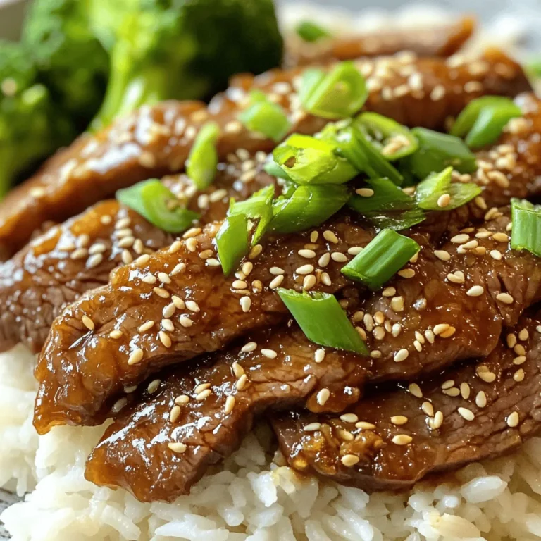 - 1 pound beef flank steak - 3 tablespoons honey - 4 cloves garlic, minced - 1 tablespoon fresh ginger, grated - 1/4 cup soy sauce - 2 tablespoons sesame oil - Salt and pepper to taste - 2 tablespoons cornstarch - 1 tablespoon vegetable oil - 1/4 cup green onions, chopped - 2 tablespoons sesame seeds Gathering the right ingredients is key to making Honey Garlic Sesame Beef. Start with a pound of beef flank steak. This cut is perfect for quick cooking and has great flavor. Slice it thinly against the grain. The thinner the slices, the more tender it will be. Next, mix up the marinade. You need honey, minced garlic, and fresh ginger. Honey gives a nice sweetness. Garlic adds depth, while ginger brings a fresh zing. Combine these with soy sauce and sesame oil. They create a rich, savory balance. Don't forget to season with salt and pepper to your taste. For the coating, grab some cornstarch. This helps the beef get crispy when cooked. You will also need vegetable oil for frying. Finally, chop some green onions and have sesame seeds ready. These are for garnishing and adding crunch. With these ingredients, you can create a lovely dish that bursts with flavor. Make sure all your ingredients are prepped before you start cooking. This will help everything go smoothly. Enjoy the process as you prepare this tasty meal! - Mixing the marinade ingredients: In a bowl, combine 3 tablespoons of honey, 4 minced garlic cloves, 1 tablespoon of grated ginger, 1/4 cup soy sauce, and 2 tablespoons sesame oil. Stir until smooth. - Coating the beef in marinade: Add 1 pound of thinly sliced beef flank steak. Toss the beef well to coat all pieces. - Refrigerating for optimal flavor: Cover the bowl and place it in the fridge. Let it sit for at least 30 minutes. For even better taste, marinate for 1-2 hours. - Coating beef with cornstarch: After marinating, remove the beef. Drain any extra marinade. Toss the beef with 2 tablespoons of cornstarch until it’s fully coated. - Heating the skillet or wok: Heat 1 tablespoon of vegetable oil in a large skillet or wok over medium-high heat. - Searing the beef in batches: Add the beef to the hot skillet in a single layer. Cook for 2-3 minutes until it’s browned. If needed, cook in batches to avoid crowding. - Returning beef to skillet with marinade: After all the beef is cooked, return it to the skillet. Pour in the remaining marinade. Cook for another 2-3 minutes. This will help the sauce thicken. - Adding green onions and sesame seeds: Stir in 1/4 cup chopped green onions and 2 tablespoons sesame seeds. Mix well and season with salt and pepper to taste. To get the best flavor, let the beef marinate longer. One to two hours is great. This time helps the beef soak up all the yummy flavors. You can also change the marinade to fit your taste. Want it sweeter? Add more honey. Prefer more spice? Toss in some red pepper flakes. Use a large skillet or wok for the best results. These pans heat up evenly, helping the beef cook well. Avoid overcooking by cooking in batches. If the pan is too crowded, the beef will steam instead of sear. Cook the beef for just 2-3 minutes per side until it's browned. Serve your Honey Garlic Sesame Beef over fluffy jasmine rice. This adds a nice base to the dish. Add some steamed broccoli or colorful veggies for nutrition and flair. Garnish with extra green onions and sesame seeds. This makes your plate look beautiful and inviting. {{image_2}} You can easily make this dish more colorful and nutritious. Try adding vegetables like bell peppers or broccoli. These add crunch and flavor. You can stir-fry them with the beef for a tasty mix. For a different protein, use chicken or tofu. Both options soak up the honey garlic sauce well. Want some heat? Add chili flakes to your marinade. This gives the dish a spicy kick. You can also switch sweeteners. Maple syrup works great if you want a new flavor twist. This change can make the dish taste unique while keeping it sweet. There are many fun ways to serve Honey Garlic Sesame Beef. You can dish it up as a stir-fry bowl. Just layer it over rice or noodles. Another idea is to use it as a filling for wraps or lettuce cups. This makes for a fresh and easy meal. To keep your Honey Garlic Sesame Beef fresh, store it in the fridge. Use airtight containers to prevent moisture loss. Glass containers work well, but plastic ones are fine too. Make sure to cool the beef to room temperature before sealing it. This keeps the beef tasty and safe. If you want to save some for later, freezing is a good option. Place the leftover beef in a freezer-safe bag. Try to remove as much air as possible before sealing. This prevents freezer burn. For best taste, use it within three months. To reheat, thaw it in the fridge overnight. You can also warm it up in the microwave or on the stove. Leftover Honey Garlic Sesame Beef can last about 3-4 days in the fridge. Keep an eye out for any changes in color or smell. If the beef looks dull or has an off smell, it's time to toss it. Always prioritize food safety to keep your meals enjoyable! You can pair this dish with several tasty sides. Here are some ideas: - Steamed jasmine rice - Fried rice with vegetables - Steamed broccoli or snow peas - Sautéed bell peppers - A fresh cucumber salad These sides add color and balance to your meal. They also enhance the sweet and savory flavors of the beef. Yes, you can make this dish gluten-free. Just replace soy sauce with gluten-free options. Here are some good substitutes: - Tamari sauce - Coconut aminos - Liquid aminos These options provide a similar taste without gluten. Always check the labels to ensure they meet your needs. To check if the beef is cooked, look for a few key signs. Here are some tips: - The beef should be browned on the outside. - Use a meat thermometer; the inside should reach 145°F. - Cut a piece; it should be tender and not pink inside. These methods will help you ensure that your beef is cooked perfectly. Enjoy your meal! This recipe for Honey Garlic Sesame Beef offers a simple, tasty dish. We covered main ingredients, marinade tips, cooking methods, and ways to serve. You can even adapt it to your tastes and dietary needs. Remember, letting the beef marinate longer packs in more flavor. Enjoy experimenting with different vegetables and proteins! This dish shines with unique twists. Keep leftover storage in mind for long-lasting enjoyment. Dive into cooking and savor every bite!