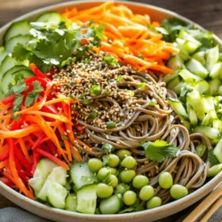 - 8 ounces soba noodles - 1 cup shredded carrots - 1 cup cucumber, julienned - 1 red bell pepper, thinly sliced - 1 cup edamame, shelled - 4 green onions, finely chopped - Fresh cilantro, for garnish (optional) - 1/4 cup sesame seeds, toasted The key to this salad is using fresh, colorful ingredients. Each veggie adds its own flavor and crunch. The soba noodles are the base, and they soak up the dressing well. I love adding carrots for sweetness and color. Cucumber and red bell pepper give a nice crunch. Edamame brings protein and a lovely green touch. Green onions add a fresh bite. You can sprinkle cilantro on top for a bright finish. Toasted sesame seeds add a nutty flavor and interesting texture. - 1/4 cup soy sauce (or tamari for gluten-free) - 2 tablespoons sesame oil - 1 tablespoon fresh ginger, grated - 1 tablespoon rice vinegar - 1 tablespoon maple syrup or honey - Salt and pepper to taste The dressing is what makes this salad shine. Soy sauce or tamari gives it a salty kick. Sesame oil adds a rich, nutty flavor. Fresh ginger brings brightness and warmth. Rice vinegar adds a touch of tang. A bit of maple syrup or honey sweetens it up. Adjust salt and pepper to your liking. This dressing ties all the fresh ingredients together, creating a delicious balance of flavors. To start, bring a pot of water to a boil. Add 8 ounces of soba noodles. Cook them for about 4 to 5 minutes. Stir occasionally to prevent sticking. When they are ready, drain them well. Rinse the noodles under cold water. This stops the cooking and cools them down. Set the soba noodles aside for later. In a large mixing bowl, combine the following ingredients: - 1/4 cup soy sauce (or tamari for gluten-free) - 2 tablespoons sesame oil - 1 tablespoon fresh ginger, grated - 1 tablespoon rice vinegar - 1 tablespoon maple syrup or honey Whisk these ingredients together until smooth. This dressing will add great taste to your salad. Now, add the cooled soba noodles to the dressing. Toss them gently to coat. Next, add the chopped vegetables: - 1 cup shredded carrots - 1 cup julienned cucumber - 1 red bell pepper, thinly sliced - 1 cup shelled edamame - 4 finely chopped green onions Mix everything gently to combine the ingredients. Finally, sprinkle 1/4 cup of toasted sesame seeds on top. Toss again lightly. Season with salt and pepper to taste. Let the salad sit for about 10 minutes. This helps the flavors blend well. To avoid mushy noodles, cook them for only 4-5 minutes. Overcooking makes them soft. Rinse them quickly in cold water after draining. This stops the cooking process and keeps them firm. Make sure to separate the noodles gently while rinsing. This helps them stay distinct and not clump together. Letting the salad sit for about 10 minutes helps the flavors mix well. This step makes every bite taste better. To adjust sweetness or saltiness, taste the salad after it sits. If it’s too sweet, add a dash of soy sauce. If it’s not sweet enough, sprinkle in a bit of maple syrup or honey. Balance is key for a delicious dish. Serve the salad in a big bowl or on individual plates. This adds a nice touch. For garnishing, sprinkle extra sesame seeds on top. Fresh cilantro adds color and a bright flavor. These small details make your salad look and taste amazing. {{image_2}} You can add grilled chicken or tofu to this salad. Grilled chicken adds a nice texture and flavor. Tofu gives a plant-based option for protein lovers. For a seafood twist, try incorporating shrimp. Shrimp cooks quickly and enhances the dish with a hint of ocean flavor. Chickpeas are another great choice for a plant-based protein. They add a hearty feel and extra fiber. Feel free to swap in different vegetables based on what you have. Bell peppers can be replaced with zucchini for a mild taste. Snap peas add a lovely crunch if you want something fresh. Seasonal veggies like asparagus or radishes can also work well. Using what's fresh ensures your salad stays vibrant and full of flavor. Experimenting with oils and vinegars can change the salad's flavor. Try using rice vinegar or apple cider vinegar for a tangy kick. You can also switch sesame oil for olive oil to make it lighter. Want some heat? Add a dash of chili oil or red pepper flakes to the dressing. This small change can bring a whole new level of excitement to your salad. To keep your sesame ginger soba noodle salad fresh, place it in an airtight container. This helps lock in flavors and keep the salad crisp. Store it in the fridge right after serving. It stays good for about three days. After that, the veggies may lose their crunch. This salad tastes best cold. If you want to warm it up, use a microwave. Heat it for about 30 seconds, then check the temperature. Stir it to heat evenly. Remember, the texture may change when warmed. For serving suggestions, add more sesame seeds or fresh cilantro to liven it up. Enjoy it as a light lunch or a side dish with dinner! To make soba noodles, start by boiling water in a pot. Use about 4-6 cups of water for 8 ounces of noodles. Once the water is boiling, add the soba noodles. Cook them for about 4-5 minutes. Stir gently to prevent sticking. When done, drain the noodles and rinse them under cold water. This stops the cooking and helps keep them firm. Set the noodles aside for later use in your salad. Yes, this salad can be gluten-free. Soba noodles are usually made with buckwheat, but many brands mix wheat flour with buckwheat. To ensure gluten-free noodles, look for 100% buckwheat soba. You can also use rice noodles as a substitute. For the dressing, choose tamari instead of soy sauce. This way, you can enjoy a gluten-free version of this tasty salad. Absolutely! Meal prepping this salad is easy and smart. You can cook the soba noodles and prepare the dressing ahead of time. Store the noodles and dressing in separate containers in the fridge. This keeps the noodles from getting soggy. You can chop the vegetables a day in advance too. When you’re ready to eat, mix everything together for a fresh and vibrant meal! This blog post covered crafting a delicious soba noodle salad. You learned about fresh ingredients, from noodles to colorful veggies. I shared guidelines for making the dressing and tips for perfect noodles. Remember, you can customize this dish with proteins and different dressings. Keep leftovers fresh by storing them properly. Enjoy creating this vibrant salad, and don’t hesitate to experiment with flavors!