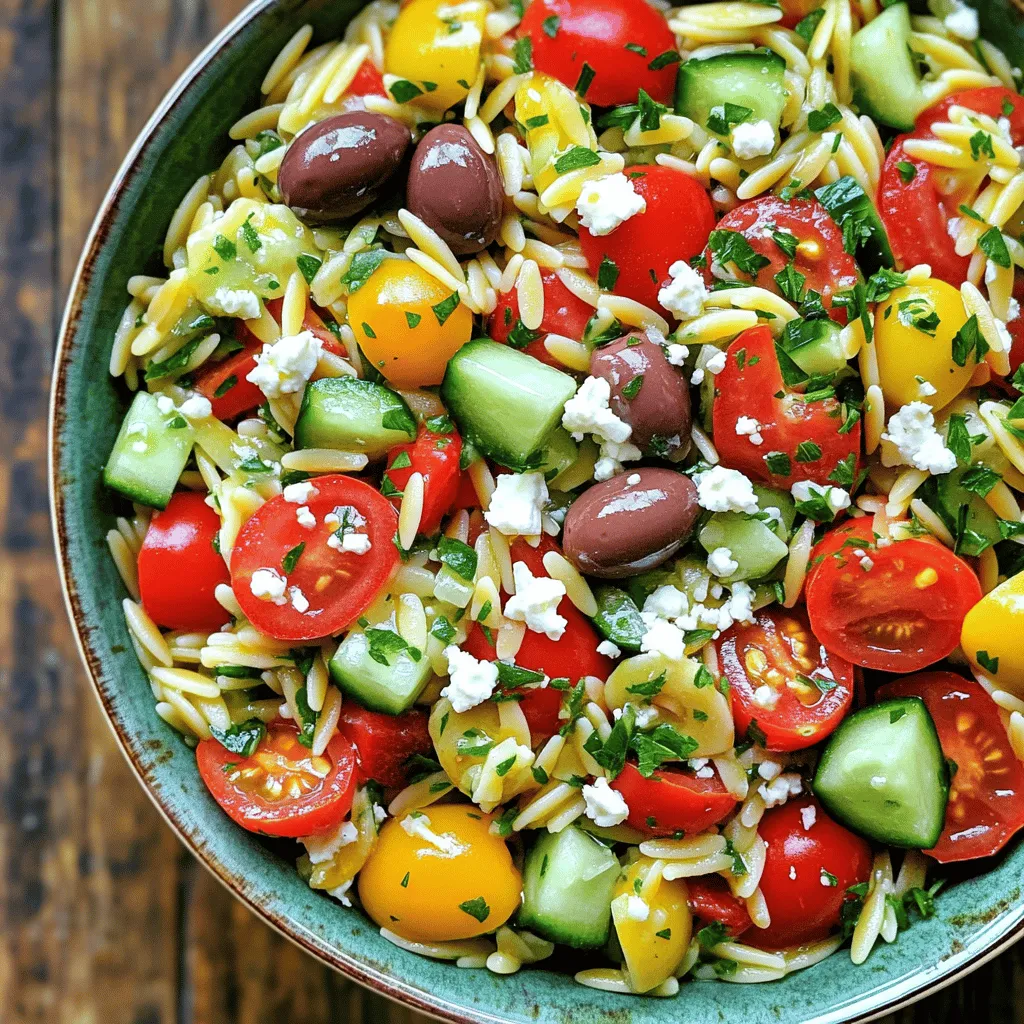 - 1 cup orzo pasta - 2 cups water - 1 cup cherry tomatoes, halved - 1 cucumber, diced - 1 red bell pepper, diced - 1/2 red onion, finely chopped - 1/2 cup Kalamata olives, pitted and halved - 1 cup crumbled feta cheese - 1/4 cup fresh parsley, chopped - 1/4 cup olive oil - Juice of 1 lemon - 1 teaspoon dried oregano - Salt and pepper to taste Each ingredient plays a big role in flavor. Here’s a quick guide: - Orzo Pasta: 1 cup is perfect for 4 servings. - Water: Use 2 cups to cook the orzo. - Cherry Tomatoes: 1 cup adds sweetness and color. - Cucumber: 1 diced cucumber brings crunch. - Red Bell Pepper: 1 pepper gives a nice sweetness. - Red Onion: Use 1/2 for a mild onion flavor. - Kalamata Olives: 1/2 cup adds a briny touch. - Feta Cheese: 1 cup crumbled for creaminess. - Fresh Parsley: 1/4 cup brightens the dish. - Olive Oil: 1/4 cup for richness and flavor. - Lemon Juice: Juice from 1 lemon adds freshness. - Dried Oregano: 1 teaspoon for that Greek taste. - Salt and Pepper: Use to taste for the best flavor. I love using fresh, high-quality ingredients. Here are my top tips: - Tomatoes: Use ripe cherry tomatoes for sweetness. - Cucumber: Choose firm cucumbers for crunch. - Olives: Kalamata olives should be pitted for ease. - Feta Cheese: Opt for a block of feta, crumbled fresh. - Parsley: Fresh parsley is key for a bright taste. - Lemon: Fresh lemon juice beats bottled juice every time. Using these fresh ingredients makes your Greek orzo salad vibrant and tasty. Enjoy the bright colors and flavors! To cook the orzo, start by boiling 2 cups of water in a medium pot. Once the water boils, add 1 cup of orzo pasta. Cook it for about 8 to 10 minutes. This time may vary slightly based on the package instructions. You want the orzo to be al dente, which means it should be firm but not hard. After cooking, drain the orzo in a colander. Rinse it under cold water to stop the cooking process. This step keeps the orzo from getting mushy. Set the orzo aside to cool completely. Next, gather your fresh vegetables. Begin by halving 1 cup of cherry tomatoes. Dice 1 cucumber and 1 red bell pepper into small pieces. For added flavor, finely chop 1/2 red onion. Don’t forget the Kalamata olives! Use 1/2 cup, pitted and halved. Place all these colorful veggies in a large mixing bowl. Their vibrant colors will make the salad look appealing. Now, let’s prepare the dressing. In a small bowl, combine 1/4 cup of olive oil and the juice from 1 lemon. Add 1 teaspoon of dried oregano, salt, and pepper to taste. Whisk these ingredients together until they blend well. The lemon juice adds a fresh zing, while the olive oil gives richness. Once mixed, pour the dressing over the orzo and vegetable mix. Toss everything gently to combine. Finally, fold in 1 cup of crumbled feta cheese and 1/4 cup of chopped parsley. Be careful not to break the feta too much. This salad is best if you let it sit for at least 15 minutes before serving. This wait allows all the flavors to meld beautifully. To cook orzo just right, start with a pot of boiling water. Use 2 cups of water for 1 cup of orzo. Stir it once to prevent sticking. Cook for about 8 to 10 minutes. Check for doneness; it should be al dente, not mushy. After cooking, drain the orzo well. Rinse it under cold water to stop the cooking. This helps keep its shape and texture. Fresh herbs can elevate your Greek Orzo Salad. I love using parsley for a bright taste. Chop about 1/4 cup and mix it in just before serving. You can also try fresh dill or mint for a twist. These herbs add freshness and make the salad pop with flavor. Don’t forget to taste as you go. Adjust the herbs to fit your liking. Make your salad look great with simple presentation tips. Use a large, shallow bowl for serving. This shows off the vibrant colors of the salad. Sprinkle extra feta on top for a nice touch. You can also add a few whole olives for extra flair. For a fun twist, serve the salad in individual cups. This makes it easy for guests and adds a nice touch to your table. {{image_2}} You can boost your Greek orzo salad by adding proteins. Grilled chicken or shrimp works well. Just cook them first, then slice or chop. For a vegetarian option, try chickpeas or black beans. These will add texture and keep you full longer. Feel free to mix in different veggies. Zucchini, carrots, or spinach all add great flavor. Try roasted vegetables for a smoky taste. You can also use artichoke hearts for a unique twist. The more colors on your plate, the more fun your salad will be! If you want a vegan version, leave out the feta. You can replace it with avocado for creaminess. Nutritional yeast adds a cheesy flavor without the dairy. Use a simple lemon and olive oil dressing to keep it fresh and light. This way, everyone can enjoy the salad! To keep your Greek Orzo Salad fresh, store leftovers in an airtight container. This helps prevent any drying out or spoilage. Make sure to cool the salad to room temperature before sealing it. It can last in the fridge for about three to four days. If you notice any odd smells or changes in texture, it’s best to toss it. I recommend using glass containers for storage. They do not stain and are easy to clean. You can also use BPA-free plastic containers. Choose a container that fits your salad size to minimize air exposure. Using a smaller container helps keep the salad fresh longer. While I enjoy Greek Orzo Salad cold, you can reheat it if you prefer. To do this, microwave it in short bursts. Heat for about 30 seconds at a time. Stir in between to ensure even heating. Avoid overheating, as this can make the orzo mushy. If you want to keep it fresh, adding a splash of olive oil can help. Yes, you can make Greek Orzo Salad ahead of time. In fact, making it a few hours before serving helps the flavors blend. Just store it in the fridge in an airtight container. The salad will taste even better after sitting. Just remember to add the feta cheese right before you serve it. This keeps the cheese fresh and prevents it from breaking down. If you don’t have feta cheese, try using goat cheese or ricotta. Both give a creamy texture. You can also use vegan feta if you're looking for a dairy-free option. Another choice is to use diced avocado for a different flavor. Each option will give your salad a unique twist. No, orzo is not gluten-free. It is made from wheat, so it contains gluten. If you need a gluten-free option, look for gluten-free pasta made from rice or quinoa. These alternatives work well in this salad and still deliver that great texture. Always check the label to be sure it fits your dietary needs. This blog post guides you through making Greek Orzo Salad. We covered the key ingredients, their measurements, and tips for freshness. You learned step-by-step instructions for cooking orzo, prepping vegetables, and making dressing. I shared tips for perfect cooking, flavor enhancement, and presentation. You discovered ways to customize the salad with proteins and veggies. Lastly, we discussed storage and answered FAQs. Enjoy creating your salad, and don’t hesitate to experiment for your taste! The possibilities are endless.