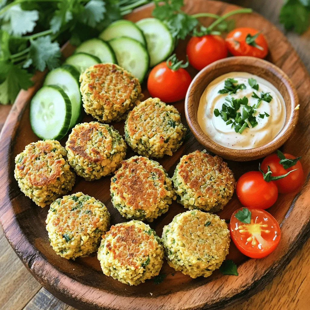 To make crispy falafel bites, you need the right base. Start with 1 cup of dried chickpeas. Soak them overnight in water. This step helps them soften and swell. You will also need 1 small onion, chopped roughly, and 2 cloves of garlic, minced. These add a burst of flavor. You will also need 3 tablespoons of all-purpose flour to help bind the mixture. Fresh herbs make your falafel special. Use 1/4 cup of fresh parsley and 1/4 cup of fresh cilantro. Their bright flavors lift the dish. For spices, you need 1 teaspoon each of cumin and coriander. They give the falafel its warm, earthy taste. You can add 1/4 teaspoon of cayenne pepper if you like heat. Don't forget salt and pepper to taste. Brushing your falafel with oil makes them crispy. Use 2 tablespoons of olive oil for this step. Lightly coat each falafel ball before cooking. This oil helps them brown nicely in the air fryer. It adds rich flavor too. Start by draining and rinsing your soaked chickpeas. This helps remove any excess salt. Next, put the chickpeas in a food processor. Add the chopped onion, minced garlic, parsley, cilantro, cumin, coriander, baking powder, and optional cayenne pepper. Season with salt and pepper to taste. Pulse the mixture until it looks coarse and crumbly. Be careful not to over-blend; you want some texture. After that, transfer the mix to a bowl. Stir in the flour until it’s well mixed. If it feels too wet, add a bit more flour. Now, refrigerate the mixture for about 30 minutes. This step helps it firm up. Once it’s ready, take it out of the fridge. Shape the mixture into small balls or patties. Aim for the size of a golf ball. This size helps them cook evenly in the air fryer. Preheat your air fryer to 375°F (190°C). Brush each falafel lightly with olive oil. Make sure to coat them on all sides. Place the falafel in the air fryer basket in a single layer. Avoid overcrowding the basket; it’s best to cook in batches. Air fry the falafel for 12-15 minutes. Flip them halfway through to get that nice golden color. Once they’re crispy and golden outside, remove them and let them cool slightly before serving. Enjoy your homemade crispy falafel bites! To make your falafel crispy, use dried chickpeas. Soak them overnight for the best result. Pulse the falafel mix until it’s crumbly, not smooth. This keeps air in the mixture and gives it a great texture. Brush the falafel lightly with oil before cooking, as this helps them crisp up nicely. One mistake is over-blending the ingredients. This can make the falafel too wet. If your mix feels too sticky, add more flour. Also, don’t overcrowd the air fryer. Giving each falafel space allows hot air to circulate, leading to even cooking. Flip them halfway through cooking for an even crispy finish. Preheat your air fryer to 375°F (190°C) before adding the falafel. This helps achieve that golden color quickly. Shape the falafel into small patties or balls, about the size of a golf ball. Cook in batches if needed. Monitor closely during the last few minutes to avoid burning. {{image_2}} If you're looking for gluten-free options, you can swap all-purpose flour for chickpea flour. It works well and keeps the falafel tasty. You can also use canned chickpeas instead of dried ones. Just rinse them well and skip the soaking step. For a lighter version, try using less oil or a cooking spray instead of brushing with olive oil. You can spice up your falafel with different flavors. Add a teaspoon of smoked paprika for a smoky taste. If you like it hotter, increase the cayenne pepper or add some red pepper flakes. You can also mix in other herbs, like mint or basil, for a unique twist. Experiment with spices like turmeric or garam masala for a fun change. Serve your crispy falafel bites in various ways. A classic choice is to place them in pita bread with fresh veggies and sauce. Try tahini sauce or tzatziki for dipping. You can also enjoy falafel on a salad, topped with tomatoes, cucumber, and a drizzle of lemon juice. For a fun appetizer, serve them on a platter with toothpicks and a variety of dips. After you enjoy your falafel bites, let them cool completely. Place them in an airtight container. You can store them in the fridge for up to three days. Make sure they are not stacked on top of each other to keep them from getting soggy. To reheat falafel, use the air fryer for the best results. Preheat your air fryer to 350°F (175°C). Place the falafel in the basket for about 5-7 minutes. This will help them regain their crispy texture. You can also use an oven. Just warm them on a baking sheet for about 10 minutes at 350°F (175°C). If you want to save falafel for later, freezing is a great option. After they cool, place the falafel in a single layer on a baking sheet. Freeze them for about an hour until firm. Then, transfer them to a freezer bag. They will last for up to three months. When you are ready to eat them, just reheat them straight from the freezer in the air fryer. You can tell falafel is done when it turns golden brown. The outside should feel crispy. You can also check the inside; it should be warm and soft. If you want them extra crisp, cook a few minutes more. Trust your instincts and enjoy the smell while they cook! Yes, you can bake falafel bites. Preheat your oven to 375°F (190°C). Line a baking sheet with parchment paper. Place the falafel on the sheet and lightly brush them with oil. Bake for about 25-30 minutes, flipping halfway through. They may not be as crispy but will still taste great. Tahini sauce is a classic choice. It is creamy and rich, pairing well with the falafel's flavor. You can also try tzatziki, which adds a refreshing touch. Both sauces add moisture and taste. Feel free to experiment with your favorite dips! This article covered making tasty falafel using dried chickpeas, herbs, spices, and oil. You learned step-by-step instructions, tips for crispiness, and common mistakes to avoid. Variations let you customize flavors, while storage info showed you how to keep leftovers. Falafel can be fun and easy. With practice, you’ll create perfect bites every time. Enjoy sharing this treat with friends and family!