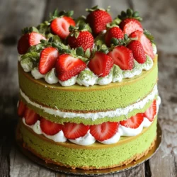 To make a delicious Matcha Strawberry Layer Cake, you need key items. First, gather these: - 1 ½ cups all-purpose flour - 1 tablespoon matcha powder - 1 teaspoon baking powder - ½ teaspoon baking soda - ¼ teaspoon salt - ½ cup unsalted butter, softened - 1 cup sugar - 2 large eggs - ½ cup buttermilk - 1 teaspoon vanilla extract - 1 cup fresh strawberries, puréed - 1 cup heavy whipping cream - 2 tablespoons powdered sugar - 1 teaspoon vanilla extract (for cream) - Whole strawberries for garnish The all-purpose flour forms the cake’s base. Matcha powder adds a unique green tea flavor. Strawberries give sweetness and freshness. The cream creates a smooth frosting that ties it all together. You can add a twist to your cake with these options: - Almond extract for a nutty flavor - Different berries such as blueberries or raspberries for a berry medley Feel free to mix and match to find what you love! To bake this cake, you need some essential tools: - Mixing bowls - Whisk - Cake pans (two 8-inch round) - Measuring cups and spoons - Spatula for mixing and spreading These tools help make the process smooth and fun. With the right equipment, you will create a beautiful cake! Start by preheating your oven to 350°F (175°C). Grease and flour two 8-inch round cake pans. In a medium bowl, whisk together the following dry ingredients: - 1 ½ cups all-purpose flour - 1 tablespoon matcha powder - 1 teaspoon baking powder - ½ teaspoon baking soda - ¼ teaspoon salt Set this mix aside. In a large mixing bowl, cream together ½ cup of softened unsalted butter and 1 cup of sugar. Beat this until it looks light and fluffy, which should take about 3-4 minutes. Then, add 2 large eggs, one at a time, mixing well after each addition. Next, pour in ½ cup of buttermilk and 1 teaspoon of vanilla extract. Mix until everything is combined. Gradually add the dry mix to the wet mix, stirring just until combined. Finally, fold in 1 cup of fresh strawberry purée. Be careful not to overmix; you want to keep the batter light. Now, divide the batter evenly between your prepared pans. Bake in the preheated oven for 25-30 minutes. To check if they're done, insert a toothpick into the center of the cakes. If it comes out clean, the cakes are ready. Once baked, let them cool in the pans for 10 minutes. Then, move them to a wire rack to cool completely. Once your cakes are cool, it's time to assemble. Place one layer on a serving plate. Spread a layer of whipped cream on top, followed by sliced strawberries. Then, add the second layer on top. Cover the whole cake with the remaining whipped cream. For a lovely finish, garnish with whole strawberries and a sprinkle of matcha powder. Enjoy your beautiful creation! To get the best matcha flavor, choose high-quality matcha powder. This gives the cake a strong aroma and vibrant green color. Use a sifter to break up lumps in the matcha before adding it to your dry mix. This step helps blend the matcha evenly, so you can avoid any bitter bites. Mix the matcha with the dry ingredients well. You want the matcha flavor to shine without overpowering the cake’s sweetness. Baking can be tricky. If your cake sinks, it may be due to overmixing. Always mix just until combined. Uneven layers can happen if the batter isn’t divided equally. Use a kitchen scale for accuracy. If the cakes dome up while baking, try lowering the oven temperature by 25°F. This gentle heat allows cakes to rise evenly. For a beautiful finish, frost your cake when it’s completely cool. Start with a thin layer of whipped cream on top. This is called a crumb coat and helps keep crumbs from showing. Chill the cake for 15 minutes after this layer. Then add a thicker layer of cream all around. Use a spatula for sharp edges. Finish by placing whole strawberries on top. A sprinkle of matcha powder adds a nice touch and a pop of color. {{image_2}} You can switch up the flavors in your Matcha Strawberry Layer Cake. Here are some fun ideas: - Mango: Use fresh mango purée instead of strawberries. It adds a tropical vibe. - Chocolate: Mix in cocoa powder for a rich chocolate layer. You can also add chocolate chips. - Coconut: Add shredded coconut for a sweet, chewy texture. It pairs well with matcha. - Blueberries: Replace strawberries with fresh blueberries for a tart twist. They add a lovely color. Feel free to get creative! Each fruit brings its own taste, making your cake unique. Need to make this cake fit your diet? Here are some simple swaps: - Gluten-Free: Use a gluten-free flour blend in place of all-purpose flour. This keeps the texture light. - Dairy-Free: Substitute coconut cream for heavy cream and almond milk for buttermilk. Your cake will still be creamy and delicious. - Egg-Free: Swap eggs with flaxseed meal mixed with water. This works well as a binding agent. These changes keep the cake tasty while meeting different dietary needs. Pair your Matcha Strawberry Layer Cake with these delightful options: - Tea Pairings: Serve it with green tea for a balanced flavor. You can also try jasmine tea for a floral note. - Garnishes: Add mint leaves for a fresh touch. It looks pretty and adds brightness. - Serving Style: Cut the cake into small squares for easy serving. This makes it great for parties. These tips enhance the experience and make your cake shine! To keep your Matcha Strawberry Layer Cake fresh, wrap it well. Use plastic wrap or place it in an airtight container. Store it in the fridge, where it stays tasty for about 3-4 days. If you want to keep it longer, consider freezing it. Avoid placing it in direct sunlight or warm spots, as this can dry it out. Freezing the cake layers is easy and fun! Follow these steps: 1. Cool the layers completely on a wire rack. 2. Wrap each layer in plastic wrap tightly. This prevents freezer burn. 3. Place the wrapped layers in a freezer-safe bag or container. 4. For whipped cream, whip until stiff peaks form. Then, place it in a separate airtight container. 5. You can freeze the cake layers for up to 3 months. The whipped cream lasts for about 1 month. 6. When ready to eat, thaw everything in the fridge overnight. The cake stays fresh for a few days in the fridge. Here’s a quick look at its shelf life: - Fridge: 3-4 days when stored properly. - Freezer: Up to 3 months for cake layers; 1 month for whipped cream. - Room Temperature: I don't recommend this for long, but it can last for a few hours. Make sure it's in a cool area. These tips help keep your delightful cake as tasty as when you first made it! Yes, you can use frozen strawberries. They will work well in the cake. However, frozen strawberries have extra water. This may change the cake's texture. To avoid sogginess, thaw and drain them first. Then, blend them into a purée. The flavor will still be tasty, but fresh strawberries add a bright taste. To check if your cake is done, use the toothpick test. Insert a toothpick into the center of the cake. If it comes out clean, the cake is ready. You can also look for a golden color on the top. The edges should pull away from the pan slightly. Yes, you can make this cake ahead of time. Bake the cake layers and let them cool completely. Wrap each layer in plastic wrap. Store them in the fridge for up to three days. You can also freeze the layers for longer storage. Just make sure to thaw them before frosting. This article covered everything you need for a delicious matcha strawberry layer cake. You learned about key and optional ingredients, kitchen tools, and step-by-step baking instructions. We went over tips for perfecting flavor, troubleshooting, and frosting. You also discovered variations, storage methods, and answers to common questions. Now, you can create your own dessert masterpiece. Enjoy the process and taste your creation. Happy baking!
