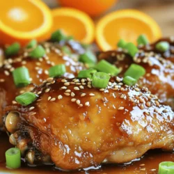 - 4 chicken thighs: bone-in and skin-on - 1/2 cup fresh orange juice - Zest of 1 orange - 2 tablespoons fresh ginger, minced - 3 tablespoons honey - 2 tablespoons soy sauce - 1 tablespoon sesame oil - 3 garlic cloves, minced - Salt and pepper to taste - 2 green onions, chopped (for garnish) - Toasted sesame seeds (for garnish) - Mixing bowl - Oven-safe skillet - Measuring cups and spoons Gathering the right ingredients is key to making Sticky Orange Ginger Chicken. I love using bone-in, skin-on chicken thighs. They stay juicy and have great flavor. Fresh orange juice and zest give this dish its bright taste. Minced ginger adds warmth and spice. Honey brings sweetness, while soy sauce gives depth. You will also need a mixing bowl to combine your marinade. An oven-safe skillet is perfect for searing and baking your chicken. Measuring cups and spoons help ensure you use the right amounts of each ingredient. Having everything ready makes cooking fun and easy. First, gather your ingredients. In a medium bowl, mix these items: - 1/2 cup fresh orange juice - Zest of 1 orange - 2 tablespoons fresh ginger, minced - 3 tablespoons honey - 2 tablespoons soy sauce - 1 tablespoon sesame oil - 3 garlic cloves, minced - Salt and pepper to taste Stir everything well until combined. Next, add the chicken thighs into the bowl. Make sure each piece is coated fully with the marinade. Cover the bowl and place it in the fridge. Let it marinate for at least 30 minutes. If you have more time, marinate it for 2 hours. This will make the chicken taste better. While the chicken marinates, preheat your oven to 400°F (200°C). This step is key for cooking the chicken evenly. Once the oven is ready, grab a large oven-safe skillet. Place it on medium-high heat and add a little oil. When the oil is hot, take the chicken thighs out of the marinade. Place them skin-side down in the skillet. Sear the chicken for about 4 to 5 minutes. You want the skin to turn golden and crispy. After that, flip the thighs over and sear the other side for 2 to 3 minutes. Now, pour the remaining marinade over the chicken in the skillet. This adds flavor while it bakes. Transfer the skillet to your preheated oven. Bake for 25 to 30 minutes. Check the chicken’s internal temperature. It should reach 165°F (75°C). Once the chicken is cooked, take it out of the oven. Move the thighs to a serving platter. Return the skillet to the stovetop over medium heat. Simmer the remaining sauce for about 5 minutes. This will thicken it into a sticky glaze. Drizzle this glaze over the chicken before serving. Enjoy the burst of flavor! Marinating is key to great flavor. I recommend marinating for at least 30 minutes. For deeper flavor, marinate up to 2 hours. This lets the chicken soak up all the tasty juices. Make sure to coat every piece of chicken well. Use a plastic bag for easy mixing and less mess. To get crispy skin, start by searing the chicken. Heat oil in your skillet. Place the chicken skin-side down. Cook for 4-5 minutes until golden brown. Flip and sear the other side for 2-3 minutes. This method seals in moisture and gives a nice crunch. Make sure the oven is set to 400°F. This helps cook the chicken evenly. Bake until the internal temperature hits 165°F. Use a meat thermometer for accuracy. This ensures your chicken is safe to eat. Sticky Orange Ginger Chicken pairs well with rice or steamed veggies. For a fresh touch, add a side salad. You can also serve it with noodles for a fun twist. For creative plating, stack the chicken on a bed of rice. Drizzle the glaze on top and garnish with green onions and sesame seeds. This adds color and makes your dish look fancy. {{image_2}} You can swap out the chicken thighs for chicken breasts. Chicken breasts are leaner and will work well in this dish. For a vegan option, use firm tofu or tempeh. Make sure to press the tofu to remove extra water. This helps the tofu soak up the flavors better. If you want some extra heat, add red pepper flakes or fresh chili. This will give your dish a nice kick. You can also try using lime or lemon juice instead of orange juice. Each citrus option brings a unique taste. Experiment with different flavors to find your favorite! To keep your Sticky Orange Ginger Chicken fresh, follow these tips: - Refrigeration: Store leftovers in an airtight container. They last up to 3 days in the fridge. Make sure to let the chicken cool before sealing it up. - Freezing: For longer storage, freeze the chicken in a freezer-safe bag. Remove as much air as you can. It can last up to 3 months. Thaw it in the fridge before reheating. You can easily reheat your chicken to enjoy it again. Here’s how: - Oven Method: Preheat your oven to 350°F (175°C). Place the chicken on a baking sheet. Cover with foil to keep it moist. Heat for about 15-20 minutes until warmed through. - Microwave Method: Place chicken on a microwave-safe plate. Cover it with a damp paper towel. Heat on medium power for 1-2 minutes, checking every 30 seconds. To keep the chicken juicy and flavorful, make sure not to overheat it. Enjoy your meal just like the first time! You should marinate the chicken for at least 30 minutes. This time allows the flavors to soak in. For even more flavor, marinate it for up to 2 hours. The longer it sits, the tastier it gets! Yes, you can use chicken breast. Keep in mind that chicken thighs stay juicier. If you choose breast, cook it carefully. Overcooked breast can become dry, so check the temperature. Many sides go well with this dish. Here are a few ideas: - Steamed rice - Stir-fried vegetables - Roasted broccoli - Quinoa salad These pairings balance the sweet and savory flavors of the chicken. You can prepare the marinade ahead of time. Just store it in the fridge for up to 2 days. You can also marinate the chicken a day before cooking. Just keep it in the fridge until you are ready to cook. This makes dinner easy and quick! In this blog post, we explored how to make Sticky Orange Ginger Chicken. We covered the key ingredients, equipment, and step-by-step instructions for cooking. You learned marinating tips, cooking techniques, and how to serve the dish. Variations and storage tips provide flexibility for your meals. Now, go ahead and try this recipe. Enjoy the bold flavors and impress your friends. Cooking can be fun and rewarding!