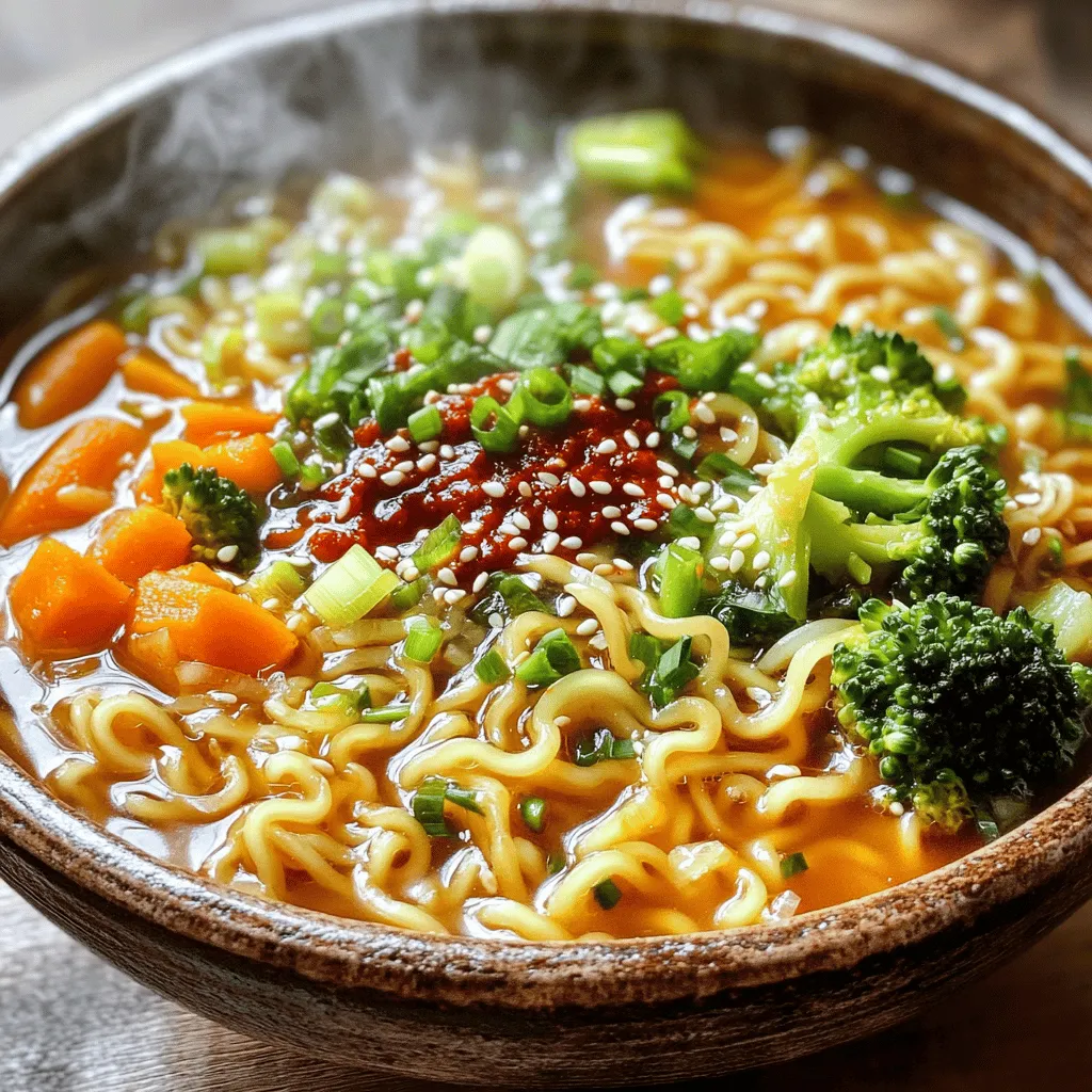 To make spicy garlic ramen noodles, you'll need these key items: - 2 packs of instant ramen noodles (discard the seasoning packets) - 4 cloves garlic, minced - 1 tablespoon ginger, grated - 2 tablespoons sesame oil - 1 tablespoon chili paste (adjust to taste) - 2 cups vegetable broth - 2 tablespoons soy sauce - 1 tablespoon rice vinegar - 1 teaspoon sugar - 1 cup mixed vegetables (like carrots, bell peppers, and broccoli) - 2 green onions, chopped - Sesame seeds for garnish These ingredients blend together for a tasty and spicy dish. The garlic and ginger give a nice kick. The chili paste adds heat, but you can adjust it to your liking. Feel free to add more fun toppings! Here are some ideas: - Soft-boiled eggs for richness - Sliced radishes for crunch - Fresh cilantro for freshness - Crispy garlic or shallots for extra flavor These toppings can make your ramen even more delicious. Choose what you like best! You can easily adjust this recipe to fit your needs: - For gluten-free, use rice noodles instead of ramen. - Swap vegetable broth for chicken broth if you prefer. - Use tamari instead of soy sauce for a gluten-free option. - Add tofu or tempeh for a protein boost. These swaps help make the dish fit various diets. Don't hesitate to get creative! Start by heating 2 tablespoons of sesame oil in a large pot. Use medium heat to avoid burning. Once hot, add 4 cloves of minced garlic and 1 tablespoon of grated ginger. Sauté them for 1 to 2 minutes. You want them fragrant, not browned. Then, stir in 1 tablespoon of chili paste. Mix it well with the garlic and ginger for another minute. This builds a strong flavor base for your ramen. Next, pour in 2 cups of vegetable broth. Add 2 tablespoons of soy sauce, 1 tablespoon of rice vinegar, and 1 teaspoon of sugar. Bring this mixture to a gentle simmer. Once it’s simmering, toss in 1 cup of mixed vegetables. You can use carrots, bell peppers, and broccoli. Let these cook for about 3 to 4 minutes. They should be tender but still crisp. This keeps them colorful and adds texture to your dish. While the vegetables cook, bring another pot of water to a boil. Add 2 packs of instant ramen noodles and cook them according to the package instructions for about 3 to 4 minutes. After cooking, drain the noodles and set them aside. Once the vegetables are ready, add the cooked noodles to the pot with the broth and veggies. Toss everything together gently. Let it sit for 2 to 3 minutes. This allows the noodles to soak up all those amazing flavors. Now, you’re ready to serve! To make your ramen spicy, start with one tablespoon of chili paste. You can always add more later if you like it hotter. Mix well and taste it. If it needs more heat, add a little more chili paste. For less spice, use less chili paste. You can also try adding a splash of hot sauce at the end for a kick. Cook your ramen noodles in a separate pot. Use plenty of water to help them cook evenly. Follow the package directions for cooking time, usually 3-4 minutes. Drain them well, so they don’t get soggy. Adding them to the broth will make them soak up all the flavor. Toss them gently with the broth and veggies before serving. To make your ramen a full meal, you can add protein. Cooked chicken, shrimp, or tofu work well. Just chop them into bite-sized pieces. Mix them in when you add the veggies. This will make your dish hearty and filling. You can also serve a soft-boiled egg on top for extra richness. {{image_2}} To make spicy garlic ramen vegan or vegetarian, start by choosing the right broth. Use vegetable broth instead of chicken broth. This way, you keep all the flavors without any animal products. You can also swap the sugar for maple syrup or agave nectar if you want a vegan sweetener. Many veggies work well. Try mushrooms or bok choy for added depth. You can change the sauce for different flavors. Instead of soy sauce, use tamari for a gluten-free option. Add hoisin sauce for a sweet twist. If you love heat, try sriracha or gochujang. Each sauce adds a new layer to the dish. Feel free to mix and match to find your favorite flavor! Boost your ramen by adding more veggies or proteins. Add spinach, zucchini, or snap peas for color and crunch. For protein, try tofu or edamame. You can also use cooked chicken or shrimp if you prefer meat. Just add them at the same time as the mixed vegetables, so they heat through. This makes your dish more filling and nutritious. To store your Spicy Garlic Ramen Noodles, cool them first. Place the noodles in an airtight container. Keep them in the fridge for up to three days. This way, you can enjoy them later without losing flavor. Reheat the noodles on the stove or in the microwave. If using the stove, add a splash of broth or water. Heat them over low to medium heat until warm. If using a microwave, cover the bowl and heat for one to two minutes. Stir halfway for even heating. You can freeze Spicy Garlic Ramen Noodles for later use. First, cool the noodles completely. Then, place them in a freezer-safe bag. Squeeze out the air and seal it tightly. They can last up to three months in the freezer. When ready to eat, thaw in the fridge overnight and follow reheating instructions. Yes, you can use many types of noodles. Try udon, soba, or rice noodles. Each type offers a unique taste and texture. Just be sure to adjust the cooking time. For example, soba noodles cook faster, so watch them closely. To make this recipe gluten-free, swap the soy sauce for gluten-free tamari. Use gluten-free ramen or rice noodles instead of regular noodles. Most vegetable broths are gluten-free, but check the label to be safe. The ingredients in this dish offer many health benefits. - Garlic: Boosts your immune system and helps reduce blood pressure. - Ginger: Aids digestion and reduces nausea. - Vegetables: Packed with vitamins, minerals, and fiber. - Sesame oil: Contains healthy fats and antioxidants. - Chili paste: May boost metabolism and improve circulation. This dish is not only tasty, but it also supports your health. In this post, we explored how to make tasty Spicy Garlic Ramen Noodles. You learned about key ingredients, cooking steps, and helpful tips. We also shared useful variations and storage advice. These noodles are more than a meal; they are fun to make and share. Remember, you can customize them to fit your tastes and dietary needs. Enjoy your ramen adventure!