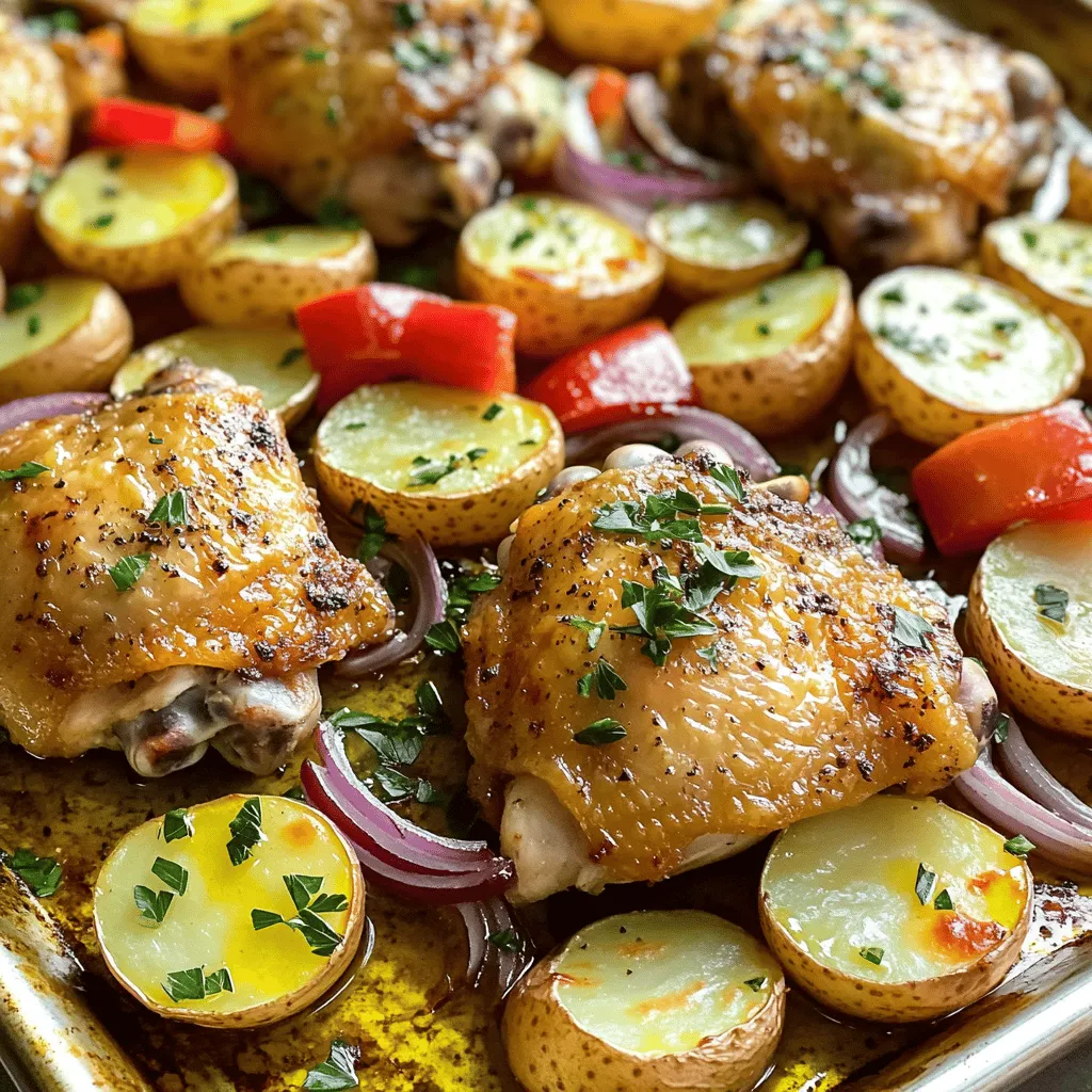- 4 bone-in chicken thighs, skin-on - 1 pound baby potatoes, halved - 1 red bell pepper, sliced - 1 red onion, cut into wedges - 3 cloves garlic, minced - 1 lemon, juiced and zested - 1 teaspoon dried oregano - 1 teaspoon smoked paprika - 3 tablespoons olive oil - 1/2 teaspoon salt - 1/4 teaspoon black pepper - Fresh parsley, chopped (for garnish) Gathering fresh ingredients is key for this dish. Start with bone-in chicken thighs. The skin keeps the meat juicy and adds flavor. I love using baby potatoes for their creamy texture. Halve them for even cooking. Next, add a red bell pepper and a red onion. They bring a sweet and savory balance to the meal. Don't skip the marinade! The marinade has minced garlic, lemon juice, and zest. The lemon brightens the dish. Dried oregano and smoked paprika add warmth and depth. Olive oil binds everything together and helps the chicken brown nicely. For seasoning, use salt and black pepper to enhance flavors. Fresh parsley adds a pop of color and freshness when you serve your dish. These ingredients create a delightful meal with a taste of Greece. Each bite is full of flavor and warmth. To start, we need to mix the marinade. In a big bowl, add the lemon juice, zest, minced garlic, dried oregano, smoked paprika, salt, and black pepper. Then, pour in the olive oil. Use a whisk or spoon to mix all the ingredients well. This is the magic that will flavor our chicken. Next, coat the chicken thighs in the marinade. Place the chicken in the bowl and turn it carefully. Make sure each piece gets a good amount of marinade on it. Let it sit for a few minutes while you prepare the veggies. This step helps the flavors soak in. Now, let’s toss the potatoes and vegetables. In another bowl, place the halved baby potatoes, sliced red bell pepper, and onion wedges. Drizzle olive oil over the top. Add salt and black pepper to taste. Toss everything well with your hands or a spoon until all the veggies are coated. This adds flavor and helps them roast nicely. For seasoning tips, remember: fresh herbs can add brightness. You can try adding thyme or rosemary if you like. Just a pinch will do! Now it’s time to assemble our sheet pan. Grab a large sheet pan and arrange the marinated chicken thighs in the center. Make sure the skin side is up for crispness. Surround the chicken with the seasoned potatoes and veggies. This setup allows everything to cook evenly. Spacing is key. Don’t crowd the pan. Leave some room between the chicken and veggies. This helps them roast instead of steam. A beautiful presentation makes the meal more inviting, too! Next, preheat your oven to 400°F (200°C). This temperature will cook everything just right. Once the oven is ready, place the sheet pan inside. Bake for about 35-40 minutes. The chicken should reach 165°F (74°C) inside, and the potatoes need to be fork-tender. Keep an eye on it. If you want that golden-brown skin, you can broil for an extra 2-3 minutes at the end. Just watch closely to avoid burning. Crispy skin adds that extra touch of delight! After baking, remove the pan from the oven. Let it rest for a few minutes. Resting helps the juices settle in the chicken. This step is important for a juicy bite. Finally, garnish your dish with chopped fresh parsley. This adds color and freshness. Now your savory sheet pan Greek chicken and potatoes delight is ready to serve! To keep your chicken juicy, marinate it well. I like to mix the chicken with lemon juice, garlic, and spices. Make sure you let it sit in the marinade for at least 30 minutes. This helps the flavors soak in. Always check the chicken's internal temperature. It should reach 165°F (74°C). This ensures it's safe to eat and perfectly cooked. Choose baby potatoes that are about the same size. This helps them cook evenly. If some are larger, cut them into smaller pieces. Adjust cooking times based on your oven. If your oven runs hot, check the potatoes a bit earlier. They should be fork-tender and golden brown. Fresh herbs can really elevate your dish. I love adding chopped parsley right before serving. You can also use dill or even mint for a twist. For extra flavor, try topping with crumbled feta cheese or toasted pine nuts. These additions add a nice touch and make the dish even more special. {{image_2}} You can use chicken breasts instead of thighs. Chicken breasts cook faster and stay juicy when you marinate them well. Simply follow the same marinade steps and adjust the baking time to about 25-30 minutes. If you prefer fish, try salmon or cod. Fish cooks quickly and gives a fresh twist. Use the same marinade for flavor. Bake the fish on the sheet pan for about 15-20 minutes, depending on thickness. Seasonal veggies can add new tastes. In spring, use asparagus or zucchini. In winter, try carrots or Brussels sprouts. Just chop them and toss them with olive oil, salt, and pepper like the potatoes. You can also add root vegetables. Sweet potatoes or parsnips work well. Cut them into similar sizes as the baby potatoes for even cooking. These swaps keep your dish fresh and fun. Feta cheese brings a nice touch. Sprinkle crumbled feta on top before baking. It melts slightly and adds creaminess to the dish. You can also play with spices. Add cumin or coriander for a different flavor. Experiment with herbs like thyme or rosemary for a unique taste. These changes let you make the dish your own. To keep your Sheet Pan Greek Chicken and Potatoes fresh, proper storage is key. - Refrigeration tips: Allow the dish to cool before placing it in the fridge. Use an airtight container for best results. Store leftovers in the fridge for up to 3 days. - Freezing options: If you want to save some for later, you can freeze it. Place the cooled chicken and veggies in a freezer-safe container. They can last up to 3 months in the freezer. Make sure to label with the date for easy tracking. When it’s time to enjoy your leftovers, reheating them well is important. - Best methods for reheating: The oven is the best way to reheat this dish. Preheat it to 350°F (175°C). Place the chicken and potatoes on a baking sheet. Heat for about 15-20 minutes or until warmed through. You can use a microwave for quick reheating, but the oven keeps the chicken crispy. - Ensuring food safety: Always check that your chicken reaches an internal temperature of 165°F (74°C) when reheating. This keeps your meal safe to eat and ensures you enjoy it at its best. Yes, you can use boneless chicken. Boneless chicken cooks faster and is easier to eat. However, it may not stay as juicy as bone-in chicken. Bone-in chicken has more flavor and a crispier skin. If you choose boneless, watch the cooking time closely. You may only need 20-30 minutes in the oven. A few great sides include: - Greek salad with cucumbers and tomatoes - Tzatziki sauce for dipping - Warm pita bread - Roasted or steamed vegetables like broccoli or green beans These sides add freshness and complement the flavors of the chicken and potatoes. To make this dish healthier, try these tips: - Use skinless chicken thighs or breasts to reduce fat. - Swap baby potatoes for sweet potatoes for more nutrients. - Use less olive oil or replace it with vegetable broth for roasting. - Add more veggies, like zucchini or spinach, to increase fiber. The best way to reheat sheet pan meals is in the oven. Preheat your oven to 350°F (175°C). Place the chicken and potatoes on a baking tray. Heat for about 15-20 minutes, checking to ensure they warm through. You can also use a microwave, but it may not keep the crispiness. If you do, heat for 1-2 minutes, stirring halfway for even warming. This recipe combines tender chicken thighs, baby potatoes, and vibrant veggies, creating a simple meal. You learned how to marinate effectively, ensure even cooking, and add delicious flavors. With tips for storage and reheating, you can enjoy leftovers too. Don’t hesitate to experiment with different proteins and veggies. This dish is versatile, tasty, and perfect for any occasion. Embrace your creativity in the kitchen and enjoy every bite!