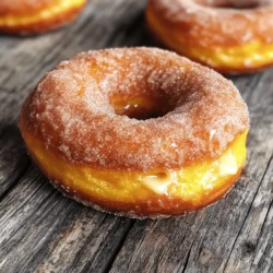 To make these delicious donuts, you need a few key ingredients: - 1 cup canned pumpkin puree - 1/2 cup granulated sugar - 1/4 cup brown sugar - 2 large eggs - 1/4 cup unsweetened applesauce - 1/4 cup milk (or non-dairy milk) - 2 cups all-purpose flour - 1 teaspoon baking powder - 1/2 teaspoon baking soda - 1 teaspoon ground cinnamon - 1/2 teaspoon ground nutmeg - 1/4 teaspoon ground ginger - 1/4 teaspoon salt - 1/4 cup melted butter (or vegan butter) - 1/2 cup granulated sugar (for coating) - 2 teaspoons ground cinnamon (for coating) Each of these ingredients plays a role in creating the perfect donut. The pumpkin puree adds moisture and flavor. The sugars give sweetness and help with browning. The eggs and applesauce act as binders. Some ingredients are essential, while others can be swapped out. If you want a healthier option, try using unsweetened applesauce instead of butter. This will lower the fat content. You can also replace all-purpose flour with gluten-free flour. Just make sure to check the blend for best results. Using fresh spices makes a big difference. Fresh ground cinnamon or nutmeg gives a stronger flavor. Try to avoid old spices that may lose their taste over time. This is key to making your donuts truly special. First, preheat your oven to 350°F (175°C). Grease your donut pan with cooking spray or oil. This step keeps the donuts from sticking. Next, gather your wet ingredients. In a large bowl, mix 1 cup of pumpkin puree, 1/2 cup of granulated sugar, 1/4 cup of brown sugar, 2 large eggs, 1/4 cup of unsweetened applesauce, and 1/4 cup of milk. Blend until smooth. This mix adds flavor and moisture to your donuts. In another bowl, whisk together your dry ingredients. Use 2 cups of all-purpose flour, 1 teaspoon of baking powder, 1/2 teaspoon of baking soda, 1 teaspoon of ground cinnamon, 1/2 teaspoon of ground nutmeg, 1/4 teaspoon of ground ginger, and 1/4 teaspoon of salt. Make sure to mix well to combine the spices with the flour. This ensures even flavor in each bite. Gradually add the dry mix to your wet ingredients. Stir until just combined. Then, pour in 1/4 cup of melted butter and mix until fully incorporated. Be careful not to overmix; this keeps your donuts light and fluffy. Using a piping bag or a ziplock bag, fill your donut pan wells about 2/3 full with batter. This gives the donuts space to rise without overflowing. Bake the donuts for 10 to 12 minutes. To check for doneness, insert a toothpick into the center. If it comes out clean, your donuts are ready. Once baked, let the donuts cool in the pan for about 5 minutes. After that, transfer them to a wire rack to cool completely. To make light and fluffy donuts, avoid overmixing. When you mix the wet and dry ingredients, do it gently. Stop mixing once you see no flour. Overmixing leads to dense donuts, and we want them airy. Mixing methods matter too. Use a spatula or wooden spoon. This helps keep air in the batter. If you use a mixer, go slow. Only mix until combined, not smooth. Want to make your donuts even better? Try adding chocolate chips or nuts! They add great texture and flavor. Mix in half a cup of chocolate chips or chopped nuts after blending the batter. You can also use flavored extracts. A splash of vanilla or almond extract boosts the taste. It adds a nice depth to your donuts. Just a teaspoon is enough for a big flavor change. {{image_2}} You can make these cinnamon sugar pumpkin donuts even more fun with different flavors. Here are two simple ideas: - Maple syrup or caramel drizzle: Drizzle some warm maple syrup or caramel sauce on top of your donuts. This adds a sweet touch and makes them extra special. The flavors blend well with the pumpkin and spices. - Apple pie spice variation: If you love apple pie, try using apple pie spice in your batter. Replace the cinnamon and nutmeg with this mix. It gives a cozy and comforting taste, perfect for fall. You can also tailor these donuts to fit your diet. Here are some easy swaps: - Gluten-free options using alternative flours: Use a gluten-free flour blend instead of all-purpose flour. This way, you can enjoy the donuts without the gluten. Look for blends that contain rice flour or almond flour for best results. - Vegan modifications: For a vegan version, replace the eggs with flax eggs. Use non-dairy milk and vegan butter for a rich flavor. Applesauce is already in the recipe, so you’re good to go! These swaps keep the donuts just as soft and tasty. To keep your cinnamon sugar pumpkin donuts fresh, store them in an airtight container. This helps lock in moisture and flavor. You can also place a slice of bread in the container. The bread will absorb excess moisture and keep the donuts soft. If you want to freeze them, wrap each donut in plastic wrap. Then, place them in a freezer bag. They can stay fresh in the freezer for up to three months. To enjoy them again, just take a donut out and let it thaw at room temperature. You can also reheat them in the oven at 350°F for about 5-7 minutes. Cinnamon sugar pumpkin donuts can last about 3-4 days at room temperature. After that, they may start to lose their flavor and soft texture. Look for signs that your donuts have gone stale. If they feel hard or dry, it’s time to toss them. If they smell off or have mold, do not eat them. Always trust your senses when it comes to food safety. To make these donuts gluten-free, use a gluten-free flour blend. Look for blends with xanthan gum. You can also use almond flour or oat flour. If you try almond flour, you may need to adjust the liquid in your recipe. Yes, you can use fresh pumpkin. Start with a small pumpkin. Cut it in half and remove the seeds. Roast the halves until tender. Then, scoop out the flesh and blend it until smooth. This gives a fresh taste and nice texture. To prevent sticking, grease your pan well. Use cooking spray or a brush with oil. Make sure to coat every well in the pan. You can also dust the pan with a little flour after greasing. This adds extra protection. These donuts pair well with warm drinks. Try coffee, tea, or hot chocolate. For a fun twist, serve with vanilla ice cream. The cold ice cream contrasts nicely with the warm donuts. Yes, you can make these donuts healthier. Use less sugar by cutting the granulated sugar in half. You can replace butter with applesauce for less fat. Try using whole wheat flour for added fiber too. These swaps keep the flavor while making them better for you. Cinnamon sugar pumpkin donuts are tasty treats that anyone can make at home. We explored key ingredients, such as canned pumpkin and sugars, along with essential substitutes. The step-by-step process ensures perfect texture and flavor. Don't forget about variations and dietary adjustments to suit your needs. Proper storage methods keep them fresh longer. Enjoy your delicious donuts with friends or family. Whipping up this recipe is worth the effort! Dive into the joy of baking and make these treats today.