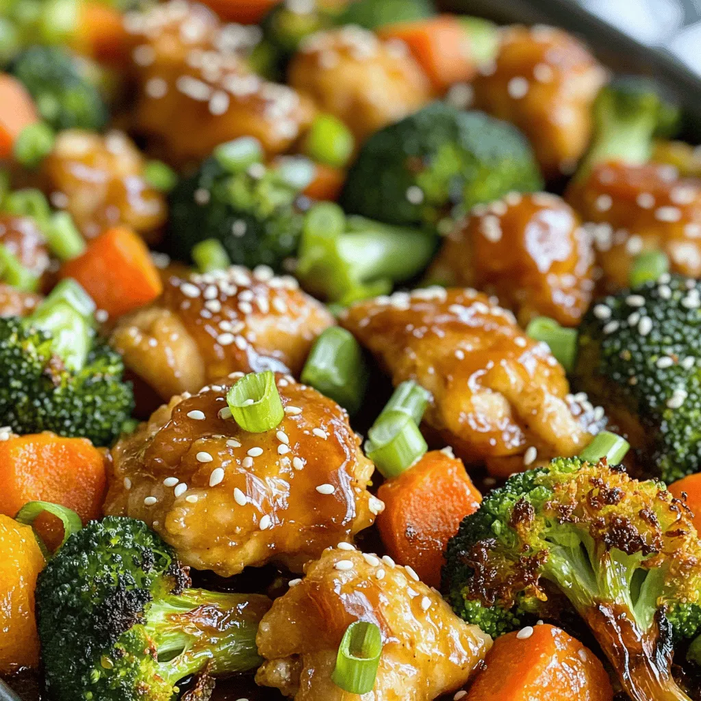 - 1 pound boneless, skinless chicken thighs - 1 cup broccoli florets - 1 cup sliced carrots To make this dish shine, you need tender chicken and fresh veggies. Chicken thighs work best because they stay juicy. Broccoli and carrots add color and crunch. Together, they create a balanced meal. - 2 tablespoons olive oil - 1/4 cup orange juice - Zest of 1 orange - 2 tablespoons soy sauce - 1 tablespoon honey - 2 cloves garlic, minced - 1 teaspoon fresh ginger, grated - Salt and pepper to taste The marinade brings flavor and moisture. Olive oil helps coat the chicken. Orange juice and zest give it a sweet, tangy kick. Soy sauce adds depth, while honey gives a hint of sweetness. Garlic and ginger add warmth. Don’t forget salt and pepper to enhance all these tastes. - Sesame seeds - Sliced green onions Garnishes are the final touch. They add texture and flavor. Sesame seeds bring a nutty crunch. Green onions provide a fresh bite. These simple additions make your dish look and taste gourmet. 1. Preheat the oven and prepare the baking sheet. Set your oven to 425°F (220°C). Line a large baking sheet with parchment paper. This makes cleanup easy. 2. Marinate the chicken. In a big bowl, mix the chicken pieces with olive oil, orange juice, orange zest, soy sauce, honey, garlic, ginger, salt, and pepper. Toss until the chicken is well-coated. Let the chicken marinate for at least 15 minutes. This step adds a lot of flavor. 1. Toss the vegetables and arrange on the sheet pan. While the chicken marinates, prepare the broccoli and carrots. In another bowl, drizzle olive oil over the broccoli and carrots. Add salt and pepper, then toss to coat. 2. Bake and stir halfway through. Spread the marinated chicken on one side of the baking sheet. Place the broccoli and carrots on the other side. Make sure they are in a single layer. Bake for 20-25 minutes. The chicken should be golden brown and reach an internal temperature of 165°F (75°C). Stir the vegetables halfway through cooking to ensure they cook evenly. 1. Cool and garnish before serving. Once done, remove the pan from the oven. Let it cool for a couple of minutes. Serve the orange chicken and broccoli hot. Top with sesame seeds and sliced green onions for extra crunch and flavor. How long should I marinate the chicken? Marinating for at least 15 minutes is key. This time allows the chicken to soak up the flavors. You can marinate longer if you want. Just remember to keep it in the fridge to stay safe. How can I enhance the marinade flavors? Use fresh ingredients like garlic and ginger. They add depth and brightness. Try adding some crushed red pepper for a kick. Fresh herbs can also boost the taste. Just mix and match to find your favorite blend. How can I achieve crispy chicken? Use high heat when baking. Preheat your oven to 425°F (220°C). Make sure the chicken pieces are in a single layer. This helps them crisp up nicely. You can also broil the chicken briefly for extra crunch. How do I ensure the vegetables are perfectly cooked? Cut the broccoli and carrots into similar sizes. This helps them cook evenly. Toss them with olive oil, salt, and pepper before baking. Stir the veggies halfway through cooking. This gives them a chance to brown and soften just right. What should I pair with this dish? Rice or quinoa are great options. They soak up the orange sauce beautifully. You can also serve this dish with a side salad for a fresh crunch. How can I use this dish for meal prep or gatherings? This recipe is perfect for meal prep. Just divide it into containers for the week. For gatherings, serve it on a large platter. It looks bright and inviting, making it a hit with guests. {{image_2}} You can easily switch chicken thighs for chicken breasts. Breasts are leaner but still tasty. For veggies, try bell peppers or snap peas. They add color and crunch too. Want more heat? Add red pepper flakes to the marinade. This gives a nice kick. You can also use other citrus fruits like lime or lemon. They bring a fresh twist to the dish. If you're gluten-free, use tamari instead of soy sauce. This keeps the flavor strong and safe. For a vegetarian option, swap chicken for firm tofu. Press it to remove extra water for best results. To store leftovers, let the dish cool completely. Place the chicken and broccoli in an airtight container. Keep it in the fridge. Your leftovers will last for about 3 to 4 days. When you reheat, you can warm them in the oven or microwave. For freezing, let the dish cool down before packing. Use a freezer-safe container or heavy-duty freezer bags. This meal can last for up to 3 months in the freezer. To thaw, place it in the fridge overnight. When ready to eat, reheat it in the oven or microwave until hot. This keeps the flavors fresh and tasty. Marinate the chicken for at least 15 minutes. This time helps the chicken soak up the orange juice and seasonings. If you have more time, try to marinate for 30 minutes or longer. This longer time gives you even better flavor and tenderness. You can use frozen vegetables if needed. However, they may change the cooking time. Frozen veggies often need a bit more time to cook through. They may also release water, making the dish less crisp. If you use frozen broccoli or carrots, add them to the pan during the last 10 minutes of baking. If you don’t have orange juice, other citrus juices work well. Lemon or lime juice can add a nice tartness. Grapefruit juice can also add a unique flavor. Just remember to adjust the sweetness if needed. You might want to add a little more honey or sugar to balance the tartness. This article covered a simple, tasty chicken dish with fresh veggies. It guided you through essential ingredients, marinade options, cooking steps, and storage tips. I shared helpful variations and cooking techniques to make the meal your own. With these skills, you can easily create a flavorful and healthy meal. Enjoy experimenting with different ingredients and flavors. Happy cooking!