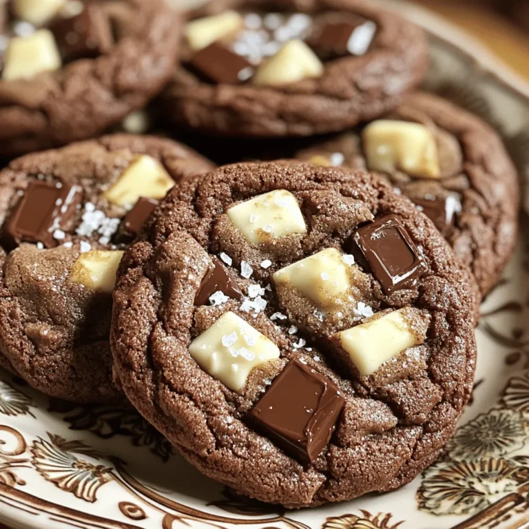 - 2 cups all-purpose flour - 1/2 cup unsweetened cocoa powder - 1 teaspoon baking soda - 1/2 teaspoon salt - 1 cup unsalted butter, softened - 1 cup granulated sugar - 1 cup brown sugar, packed - 2 large eggs - 2 teaspoons vanilla extract - 1 cup semi-sweet chocolate chunks - 1 cup white chocolate chunks These ingredients create a rich, chocolatey cookie. The all-purpose flour gives structure. Unsweetened cocoa powder adds deep chocolate flavor. Baking soda helps the cookies rise, while salt boosts taste. Softened butter makes the cookies rich and chewy. Granulated and brown sugars add sweetness and moisture. Eggs bind the ingredients. Vanilla extract gives a lovely aroma. The semi-sweet and white chocolate chunks create a delightful contrast. Feel free to customize this list! You can swap chocolate types or add nuts. Enjoy the process of measuring and mixing. Each ingredient plays a vital role in the final taste. - Preheat oven to 350°F (175°C) - Line baking sheets with parchment paper Start by preheating your oven to 350°F. This ensures your cookies bake evenly. While the oven heats up, grab some parchment paper to line your baking sheets. This step helps prevent the cookies from sticking. - Whisk together flour, cocoa powder, baking soda, and salt In a medium bowl, whisk 2 cups of all-purpose flour, 1/2 cup of cocoa powder, 1 teaspoon of baking soda, and 1/2 teaspoon of salt. Mixing these dry ingredients first helps distribute the baking soda evenly. Set this bowl aside for later. - Cream butter, granulated sugar, and brown sugar until fluffy In a large bowl, cream together 1 cup of softened unsalted butter, 1 cup of granulated sugar, and 1 cup of packed brown sugar. Use a hand mixer or a stand mixer to mix until light and fluffy. This process takes about 3-4 minutes. - Beat in eggs and vanilla extract Now, beat in 2 large eggs, one at a time. Then add 2 teaspoons of vanilla extract. Mix well until everything is combined. This adds moisture and flavor to the dough. - Gradually mix dry ingredients into wet ingredients - Fold in chocolate chunks Next, gradually add the dry ingredients to the wet mixture. Stir gently until just combined. Be careful not to overmix. Then, fold in 1 cup of semi-sweet chocolate chunks and 1 cup of white chocolate chunks. Make sure they are evenly spread throughout the dough. - Drop dough onto prepared baking sheets - Bake for 10-12 minutes and cool on wire rack Using a cookie scoop or spoon, drop heaping tablespoons of dough onto the prepared sheets. Leave about 2 inches between each cookie. Bake in the oven for 10-12 minutes. The edges should be set, but the centers can look soft. After baking, cool the cookies on a wire rack for about 5 minutes before enjoying! To make cookies with the right feel, do not overmix the dough. Overmixing can make your cookies tough. Mix until just combined, and stop. Bake the cookies until the edges are set but the centers are still soft. This gives a nice chewy bite that everyone loves. Using a cookie scoop helps make uniform cookie sizes. This keeps your cookies baking evenly. If some cookies are bigger, they may bake differently. A scoop ensures each cookie is the same. This way, they look great and taste balanced! Arrange cookies on a decorative plate for a pretty look. You can stack them or lay them flat. For extra flair, add a pinch of sea salt on top. This gives a nice contrast to the sweet chocolate. Serve warm with a glass of cold milk. It makes for a tasty treat that looks great too! {{image_2}} You can switch up the chocolate in your cookies. Use dark chocolate chunks for a richer taste. Milk chocolate adds a sweeter note for those who prefer it. If you need a gluten-free option, try almond flour or a gluten-free blend. These options keep the cookies soft and tasty. Adding nuts like walnuts or pecans gives your cookies a great crunch. Dried fruits like cherries or cranberries can add a fun twist. You can also experiment with flavored extracts. Almond extract brings a lovely nutty flavor, while mint extract adds a fresh touch. Just use a little to keep the balance right. Making a big batch of cookies is great for parties or sharing. You can double the recipe easily. If you want to save some dough, freeze it! Scoop the dough into balls and place them on a baking sheet. Freeze until firm, then store them in a bag. You can bake them later, straight from the freezer—just add a couple of minutes to the baking time. To keep your bakery-style double chocolate chunk cookies fresh, use airtight containers. Glass or plastic containers work well. Store cookies at room temperature for up to 5 days. They will stay soft and tasty if sealed properly. Refrigerate cookies if you want them to last longer. They can stay fresh for about two weeks in the fridge. To freeze cookies, place them in a single layer on a baking sheet. After they freeze, pack them in a freezer-safe bag. They can last up to three months frozen. You can also freeze the dough. Just scoop it onto a tray, freeze, then store in a bag. This way, you can bake fresh cookies anytime! Yes, you can use margarine. It will change the taste a bit. Margarine has more water than butter. This may affect your cookies' texture. If you do use margarine, choose a stick form for best results. To get chewy cookies, use more brown sugar than white sugar. Brown sugar adds moisture. You can also chill the dough for an hour. This helps the cookies hold their shape. Bake them until the edges are set, but the centers look soft. Use cold butter instead of room temperature butter. Cold butter helps keep the cookies thick. Another tip is to chill your dough before baking. This prevents spreading in the oven. Make sure to space them well on the baking sheet, too. Yes, you can make the dough ahead. Just wrap it tightly in plastic wrap. Keep it in the fridge for up to 3 days. You can also freeze the dough for up to 3 months. When ready, let it thaw in the fridge before baking. Check the edges of the cookies. They should look set and slightly firm. The centers may still look soft. This means they will finish cooking outside the oven. Let them cool on the baking sheet for a few minutes. Yes, you can use cocoa powder instead of chocolate. But you will need to add more fat. Use about 1/3 cup cocoa powder and add an extra tablespoon of butter. This keeps your cookies rich and tasty. Adjust the sugar if needed for sweetness. You now have the tools to make delicious cookies. We covered all the steps, from mixing ingredients to baking. Remember, the right texture makes every bite special. Don't forget to try variations and add your own twist. With these tips, you can store and enjoy cookies longer. Whether for a party or just for yourself, these cookies are sure to impress. Enjoy your baking and the tasty results!